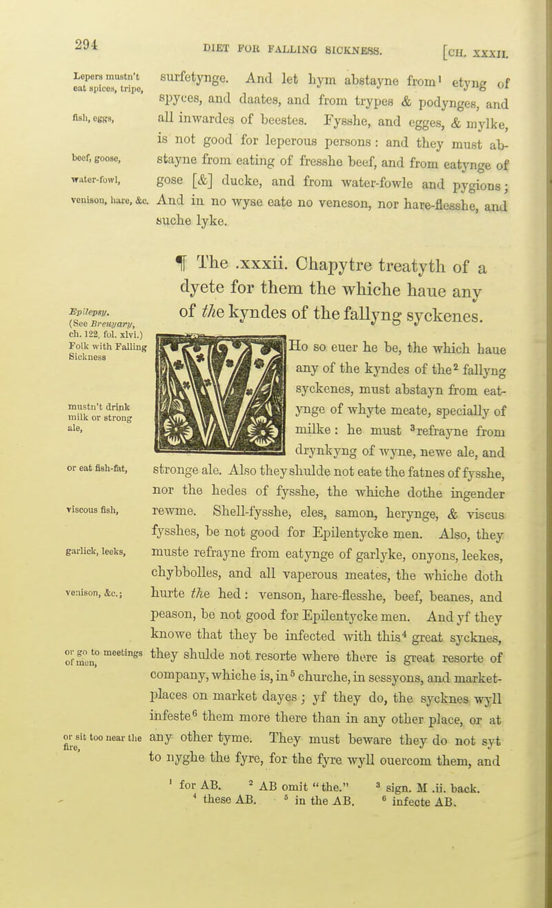 291 DIET POIt FALLING SICKNESS. [CH. XXXII. surfetynge. And let bym abstayne from' etyng of spyces, and daates, and from trypes & podynges, and all inwardes of beestes. Fysshe, and egges, & mylke, is not good for leperous persons : and tbey must ab- stayne from eating of fressbe beef, and from eatynge of gose [&] ducke, and from water-fowle and pygions; venison, hare, &c. And in uo wyse eate no veneson, nor bare-flessbe, and sucbe lyke. Lopera mustn't cat spices, tripe, flsli, CgRS, beef, goose, water-fowl. EpHepsi/. {See Breuyary, cli. 122, fol. xlvi.) Tolk with Falling Sickness mustn't drink milk or strong ale. or eat fish-fiit, viscous fish, gai-lick, leeks, venison, &e.j or go to meetings of men. or sit too near the fire. f The .xxxii. Chapytre treatyth of a dyete for them the whiche haue any of tJiQ kyndes of the fallyng syckenes. Ho so euer be be, the which haue any of the kyndes of the^ fallyng syckenes, must abstayn from eat- ynge of whyte meate, specially of milke: he must ^refrayne from drynkyng of wyne, newe ale, and stronge ale. Also theyshulde not eate the fatnes of fysshe, nor the hedes of fysshe, the whiche dothe ingender rewme. Shell-fysshe, eles, samon, herynge, & viscus fysshes, be not good for Epilentycke men. Also, they muste refra;}Tie from eatynge of garlyke, onyons, leekes, chybbolles, and all vaperous meates, the whiche doth hurte th& bed: venson, bare-flesshe, beef, beanes, and peason, be not good for Epilentycke men. And yf they knowe that they be infected with this'* great sycknes, they shulde not resorte where there is great resorte of company, whiche is, in^ churcbe, in sessyons, and market- places on market dayes ; yf they do, the sycknes w):ll infeste^ them more there than in any other place, or at any other tyme. They must beware they do not syt to iiygbe the fyre, for the fyre wyll ouercom them, and ' for AB, 2 ^£ Qjjjj^ «t}je .. ■* these AB. « in the AB. ^ sign. M .ii. back. * infecte AB.