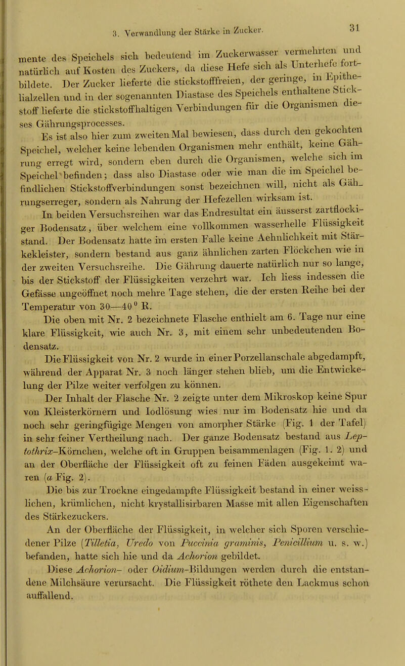 mente des Speichels sick bedcutcnd im Zuckenvasser vermcdnlen und naturlich aufKosten des Zuckers, da diese Hefe sick als Unterhefe fort- bildete. I)er Zucker lieferte die stickstofffreien, der gennge, m M»> ie lialzellen und in der sogenannten Diastase des Speichels enthaltene btick- stoff lieferte die stickstoffkaltigen Yerbindungen fur die Orgamsmcn die- ses Gahrungsprocesses. . , , Es ist also hier zuin zweitenMal bewiesen, dass durcli den ge Speicliel, welcher keine lebenden Organisxnen mehr enthalt, kerne Ga - rung erregt wird, sondern eben durch die Organismen, welche sich im Speicliel befinden; dass also Diastase oder wie man die im Speicliel be- findliehen Stickstoffverbindungen sonst bezeichnen will, nicht als Gai_ rungserreger, sondern als Nahrung der Hefezellen wirksam ist. In beiden Yersuchsreihen war das Endresultat ein ausseist zaitflocki ger Bodensatz, iiber welcliem eine vollkommen wasserhelle Fliissigkeit stand. Der Bodensatz liatte im ersten Falle keine Aehnlichkeit mit Star- kekleister, sondern bestand aus ganz ahnlichen zarten Flockchen wie in der zweiten Versuchsreihe. Die Gahrung dauerte natiirlich nui so lange, bis der Stickstoff der Fliissigkeiten verzehrt war. Ich liess indessen die Gefasse ungeoffnet noch melwe Tage stehen, die der ersten Reihe bei dei Temperatur von 30—40° R. Die oben mit Nr. 2 bezeichnete Flasche enthielt am 6. Fage nur eine klare Fliissigkeit, wie auch Nr. 3, mit einem sehr unbedeutenden Bo- densatz. Die Fliissigkeit von Nr. 2 wurde in einer Porzellanschale abgedampft, wahrend der Apparat Nr. 3 noch langer stehen blieb, um die Entwicke- lung der Pilze weiter verfolgen zu konnen. Der Inhalt der Flasche Nr. 2 zeigte unter dem Mikroskop keine Spur von Kleisterkornern und Iodlosung wies nur im Bodensatz hie und da noch sehr geringfugige Mengen von amorpher Starke (Fig. 1 der Tafel) in selrr feiner Vertheilung nach. Der ganze Bodensatz bestand aus Lep- tothrix-Kornchen, welche oft in Gruppen beisammenlagen (Fig. 1. 2) und an der Oberflache der Fliissigkeit oft zu feinen Faden ausgekeimt wa- ren (a Fig. 2). Die bis zur Trockne eingedampfte Fliissigkeit bestand in einer weiss- lichen, kriimlichen, nicht krystallisirbaren Masse mit alien Eigenschaften des Starkezuckers. An der Oberflache der Fliissigkeit, in welclier sich Sporen verschie- dener Pilze (Tilletia, Uredo von Pucdnia graminis, Penidllium u. s. w.) befanden, hatte sich hie und da Achorion gebildet. Diese Achorion- oder Oh/mm-Bildungen werden durch die entstan- dene Milchsaure verursacht. Die Fliissigkeit rothete den Lackmus sclion auffallend.