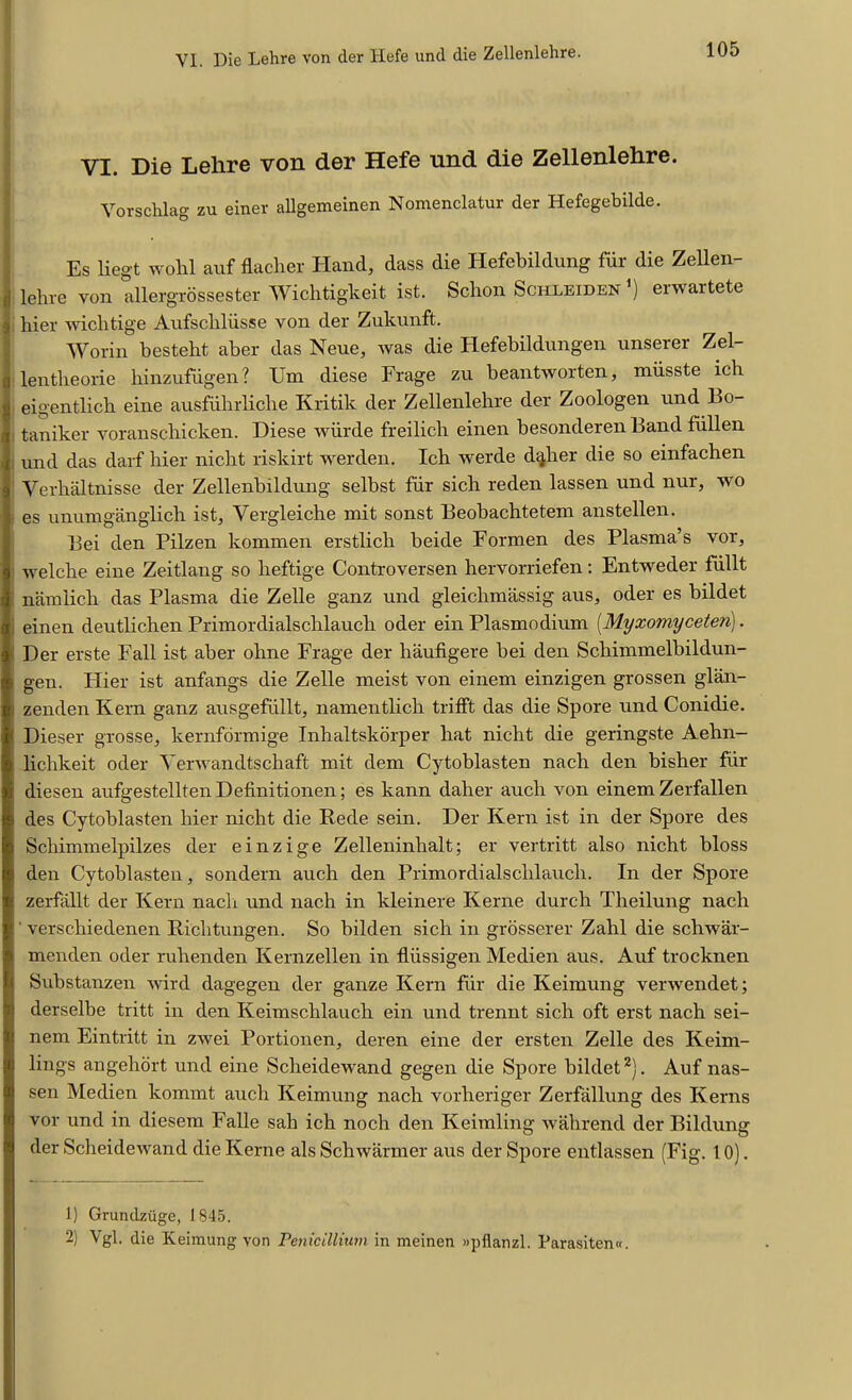 VI. Die Lelire von der Hefe und die Zellenlehre. Vorschlag zu einer allgemeinen Nomenclatur der Hefegebilde. Es liegt wohl auf flacher Hand, class die Hefebildung fiir die Zellen- lehre von allergrossester Wichtigkeit. ist. Schon Schleiden *) erwartete hier wichtige Aufscliliisse von der Zukunft. Worin besteht aber das Neue, was die Hefebildungen unserer Zel- lentheorie hinzufugen? Um diese Frage zu beantworten, miisste ich eigentlich eine ausfiihrlicbe Kritik der Zellenlehre der Zoologen und Bo- taniker voranschicken. Diese wiirde freilich einen besonderen Band fiillen und das darf hier nicht riskirt werden. Ich werde dqber die so einfachen Verhaltnisse der Zellenbildung selbst fiir sich reden lassen und nur, wo es unumganglich ist, Vergleiche xnit sonst Beobachtetem anstellen. Bei den Pilzen kommen erstlich beide Formen des Plasma’s vor, welche eine Zeitlang so heftige Controversen hervorriefen: Entweder fullt namlich das Plasma die Zelle ganz und gleichmassig aus, oder es bildet einen deutlichen Primordialschlauch oder ein Plasmodium (Myxomyceten). Der erste Fall ist aber ohne Frage der haufigere bei den Schimmelbildun- gen. Hier ist anfangs die Zelle meist von einem einzigen grossen glan- zenden Kern ganz ausgefiillt, namentlich trifft das die Spore und Conidie. Dieser grosse, kernformige Inhaltskorper hat nicht die geringste Aehn- lichkeit oder Yerwandtschaft mit dem Cytoblasten nach den bisher fiir diesen aufgestelltenDefinitionen; es kann daher auch von einem Zerfallen des Cytoblasten hier nicht die Eecle sein. Der Kern ist in der Spore des Scliimmelpilzes der einzige Zelleninhalt; er vertritt also nicht bloss den Cytoblasten, sondern auch den Primordialschlauch. In der Spore zerfallt der Kern nach und nach in kleinere Kerne durch Theilung nach verschiedenen Richtungen. So bilden sich in grosserer Zahl die schwar- menclen oder ruhenden Kernzellen in fliissigen Meclien aus. Auf trocknen Substanzen wird dagegen der ganze Kern fiir die Keimung verwendet; derselbe tritt in den Keimsclilauch ein und trennt sich oft erst nach sei- nem Eintritt in zwei Portionen, deren eine der ersten Zelle des Keirn- lings angehort und eine Sclieidewand gegen die Spore bildet1 2). Auf nas- sen Medien kommt auch Keimung nach vorheriger Zerfallung des Kerns vor und in diesem Falle sah ich noch den Keimling wahrend der Bildung der Sclieidewand die Kerne als Schwarmer aus der Spore entlassen (Fig. 10). 1) Grunclziige, 1845. 2) Vgl. die Keimung von Penicillitim in meinen »pflanzl. Parasiten«.