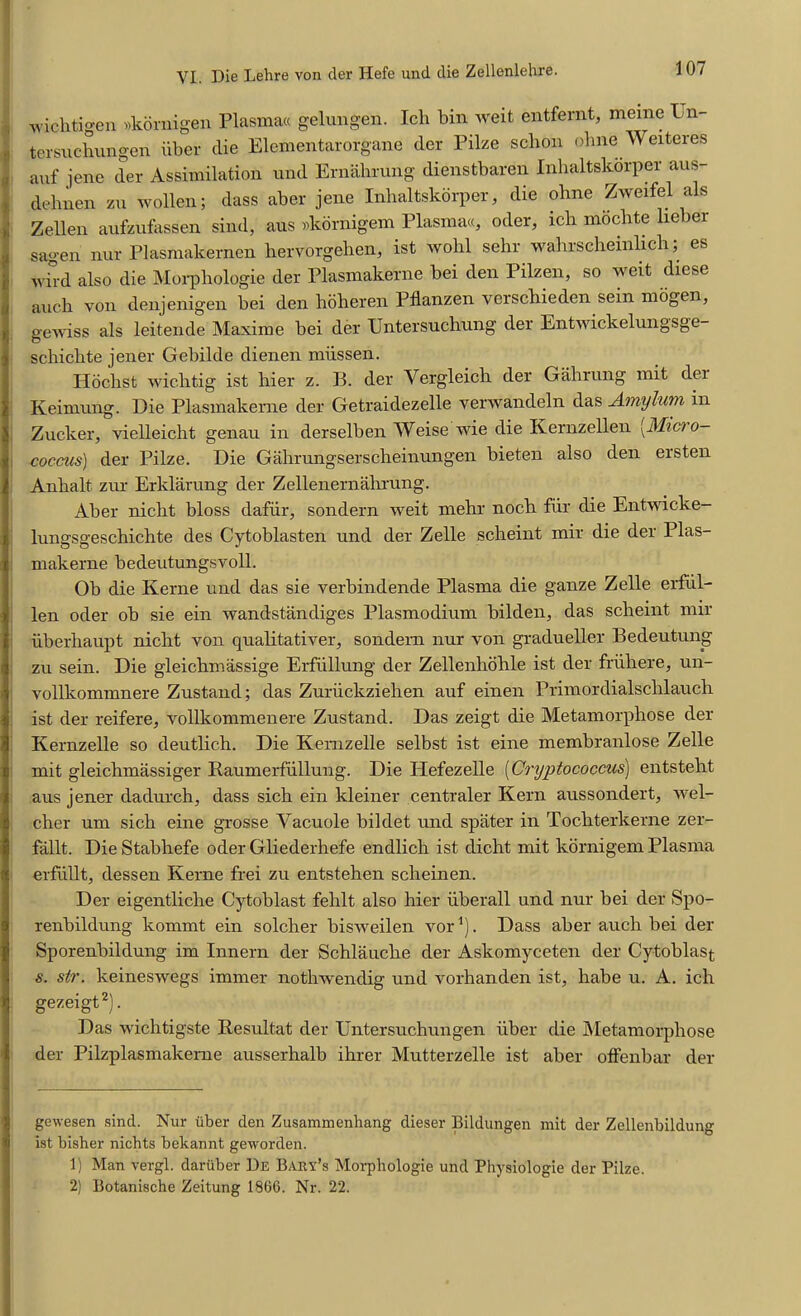 Avichtigen »kornigen Plasma« gelungen. Icli bin weit entfernt, meine t n- tersiichungen iiber die Elementarorgane der Pilze schon ohne Weiteres auf jene der Assimilation und Ernahrung dienstbaren Inhaltskorpcr aus- dehnen zu wollen; dass aber jene Inhaltskorper, die ohne Zweifel als Zellen aufzufassen sind, aus »kbrnigem Plasmaa, oder, ich mo elite lieber sagen nur Plasmakernen hervorgehen, ist wohl sehr wahrscheinlich; es wi°d also die Morphologic der Plasmakerne bei den Pilzen, so weit diese auch von denjenigen bei den hoheren Pflanzen verschieden sein mogen, gewiss als leitende Maxime bei der Untersuchung der Entwickelungsge- schichte jener Gebilde dienen miissen. Hochst wic-htig ist hier z. B. der Vergleich der Gahrung niit dei Keimung. Die Plasmakerne der Getraidezelle verwandeln das Amylum in Zucker, vielleicht genau in derselben Weise wie die Kernzellen [Micro- coccus] der Pilze. Die Gahrungserscheinungen bieten also den ersten Anhalt zur Erklarung der Zellenernahrung. Aber nicht bloss dafiir, sondern weit mehr noch fiir die Entwicke- lungsgeschichte des Cytoblasten und der Zelle scheint mir die der Plas- makerne bedeutungsvoll. Ob die Kerne und das sie verbindende Plasma die gauze Zelle erfiil- len oder ob sie ein wandstandiges Plasmodium bilden, das scheint nur iiberhaupt nicht yon qualitativer, sondern nur von gradueller Bedeutung zu sein. Die gleichmassige Erfiillung der Zellenhohle ist der friihere, un- yollkommnere Zustand; das Zuriickzielien auf einen Primordialsclilauch ist der reifere, vollkommenere Zustand. Das zeigt die Metamorphose der Kernzelle so deutlich. Die Kernzelle selbst ist eine membranlose Zelle mit gleichmassiger Raumerfullung. Die Hefezelle [Cryptococcus] entsteht aus jener dadurch, dass sich ein kleiner centraler Kern aussondert, wel- cher um sich eine grosse Vacuole bildet und spater in Tochterkerne zer- fallt. DieStabhefe oder Gliederhefe endlich ist dicht mit kornigem Plasma erfullt, dessen Kerne frei zu entstehen scheinen. Der eigentliclie Cytoblast fehlt also hier iiberall und nur bei der Spo- renbildung kommt ein solcher bisweilen vor ’). Dass aber auch bei der Sporenbildung im Innern der Schlauclie der Askomyceten der Cytoblast s. sir. keineswegs immer nothwendig und vorhanden ist, habe u. A. ich gezeigt* 1 2). Das wichtigste liesultat der Untersuchungen iiber die Metamorphose der Pilzplasmakeme ausserhalb ihrer Mutterzelle ist aber offenbar der gewesen sind. Nur iiber den Zusammenhang dieser Bildungen mit der Zellenbildung ist bisher nichts bekannt geworden. 1) Man vergl. daruber 13e Bary’s Morphologie und Physiologie der Pilze. 2) Botanische Zeitung 1866. Nr. 22.