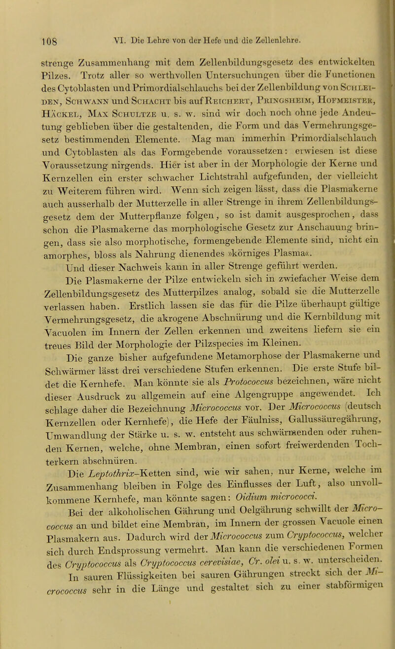 strenge Zusammenhang mit clem Zellenbildungsgesetz des entwickelten Pilzes. Trotz aller so werthvollen Untersuchungen iiber die Functionen des Cytoblasten und Primordialschlauchs bei der Zellenbildung von Schlei- den, Schwann undScHACHT bis auf Reichert, Pringsheim, Hoemeister, Hackee, Max Sciiultze u. s. w. sind wir doch noch ohne jede Andeu- tung geblieben iiber die gestaltenden, die Form und das Vermehrungsge- setz bestimmenden Elemente. Mag man immerhin Primordialscblauch und Cytoblasten als das Formgebende voraussetzen: erwiesen ist diese Yoraussetzung nirgends. Hier ist aber in der Morphologic der Kerne und Kernzellen ein erster schwacher Lichtstrahl aufgefunden, der vielleicht zu Weiterem fuhren wird. Wenn sicli zeigen lasst, dass die Plasmakeme auch ausserhalb der Mutterzelle in aller Strenge in ihrem Zellenbildungs- gesetz dem der Mutterpflanze folgen, so ist damit ausgesprochen, dass schon die Plasmakeme das morphologische Gesetz zur Anschauung brin- gen, dass sie also morphotische, formengebende Elemente sind, nicht ein amorphes, bloss als Nahrung dienendes »korniges Plasmaa. Und dieser Nacliweis kann in aller Strenge gefiihrt werden. Die Plasmakeme der Pilze entwickeln sich in zwiefacher Weise dem Zellenbildungsgesetz des Mutterpilzes analog, sobald sie die Mutterzelle verlassen haben. Erstlich lassen sie das fur die Pilze iiberhaupt giiltige Vermehrungsgesetz, die akrogene Abschniirung und die Kernbildung mit Yacuolen im Innern der Zellen erkennen und zweitens liefern sie ein treues Bild der Morphologie der Pilzspecies im Kleinen. Die ganze bisher aufgefundene Metamorphose der Plasmakeme und Schwarmer lasst drei verscliiedene Stufen erkennen. Die erste Stufe bil- det die Kernhefe. Man konnte sie als Pvotococcus bezeichnen, ware nicht dieser Ausdruck zu allgemein auf eine Algengruppe angewendet. Ich schlage daher die Bezeichnung Micrococcus vor. Der Micrococcus (deutsch Kernzellen oder Kernhefe), die Hefe der Faulniss, Gallussauregahrung, Umwandlung der Starke u. s. w. entsteht aus schwarmenden odei ruhen- den Kernen, welche, ohne Membran, einen sofort freiwerdenden Toch- terkern abschniiren. Die Leptothrix-Ketten sind, wie wir sahen, nur Kerne, welche im Zusammenhang bleiben in Folge des Einflusses der Luft, also un\oll- kommene Kernhefe, man konnte sagen: Oxdium micrococci. Bei der alkoholischen Gahrung und Oelgahrung schn illt der Min o- coccus an und bildet eine Membran, im Innern der grossen Y acuole einen Plasmakern aus. Dadurch wird der Micrococcus zum Cryptococcus, welcher sich durch Endsprossung vermehrt. Man kann die verschiedenen Formen des Cryptococcus als Cryptococcus cerevisiae, Cr. olein, s. w. unterscheiden. In sauren Fliissigkeiten bei sauren Gahrungen streckt sich der Mi- crococcus sehr in die Liinge und gestaltet sich zu einer stabfdrmigen