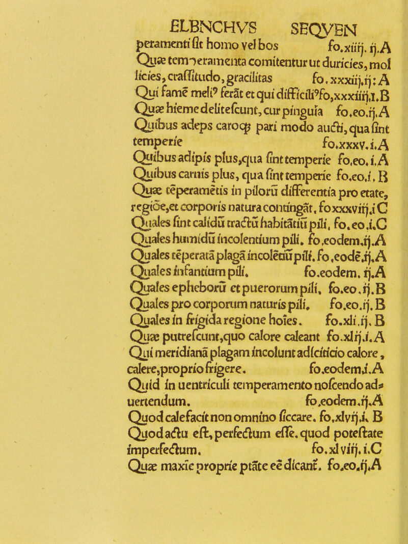 pmmcnti' flc homo vel bos fo.xurj. ij. A Qu« tcm-)eramenta comitentur ut duricies, mo! Itcies, cra{?itudo, gracilitas fo. xxxii j.tj: A Qui' fame meli' ferSc et qui difficiFfo,xxxiiij,i,B Quaehiemcdelitefcunt^ciirpinguia fo^eoirj.A Quibus adeps caroq^ pari modo audli,quaflnt temperie fo^xxxvJ.A Quibusadipis plus,qua {inttemperie fo.eo.i,A Quibus carnis plus, qua fint temperic fo.eo,i»B Quac ceperametis in piloru differemia pro etate, regtoe,et corporis natura coiitingat, foxxxvitj j C QaiJes fint caltdu tradluhabitatiu pili, fo.co,i,C Quales humidu incolentium pili. fo,codcm,tj.A Quales teperata plaga incoleaupilt» fo .eode^j, A Quales fnfantium pili, fo.eodcm. rj,A Qualesepheboru ctpuerorumpili, fo,eo,ij.B Quales pro corporum naturis pili, fo.eo.ij. B Quales in frigida regione hoies. fo.xli.ij, B Quae putrefcunf,quo calore caleant fo,xIrj.i.A Qui meridiana plagam incolunt adicitido calore, calercjpro prio frigere. fo,codem4, A Quid Inuentriculi temperamentonofcendoad* uertcndum. fo.eodem,r),A Quodcalefacitnonomnino Cccare, fo.xlvij B Quodadlu eft,perfc(flum efle.quod poteftate fmperfe<f^um. fo. xl vifj. i.C Quae maxleproprieptateecdicant. fo*eo.tj«A