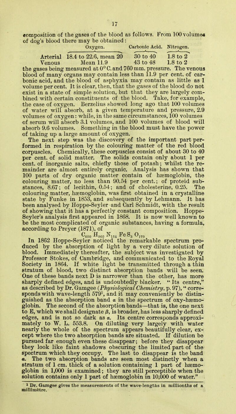 eomposition of the gases of the blood as follows. From 100 volume* of dog's blood there may be obtained: Oxygen. Carbonic Acid. Nitrogen. Arterial 18.4 to 22.6, mean 20 30 to 40 1.8 to 2 Venous Mean 11.9 43 to 48 1.8 to 2 the gases being measured at 0° C. and 760 mm. pressure. The venous blood of many organs may contain less than 11.9 per cent, of car- bonic acid, and the blood of asphyxia may contain as little as 1 volume per cent. It is clear, then, that the gases of the blood do not exist in a state of simple solution, but that they are largely com- bined with certain constituents of the blood. Take, for example, the case of oxygen. Berzelius showed long ago that 100 volumes of water will absorb, at a given temperature and pressure, 2.9 volumes of oxygen: while, in the same circumstances, 100 volumes of serum will absorb 3.1 volumes, and 100 volumes of blood will absorb 9.6 volumes. Something in the blood must have the power of taking up a large amount of oxygen. The next step was the discovery of the important part per- formed in respiration by the colouring matter of the red blood corpuscles. Chemically, these corpuscles consist of about 30 to 40 per cent, of solid matter. The solids contain only about 1 per cent, of inorganic salts, chiefly those of potash; whilst the re- mainder are almost entirely organic. Analysis has shown that 100 parts of dry organic matter contain of haemoglobin, the colouring matter, no less than 90.54 per cent.; of proteid sub- stances, 8.67; of lecithin, 0.54; and of cholesterine, 0.25. The colouring matter, haemoglobin, was first obtained in a crystalline state by Funke in 1853, and subsequently by Lehmann. Jt has been analysed by^ Hoppe-Seyler and Carl Schmidt, with the result of showing that it has a perfectly constant composition. Hoppe- Seyler's analysis first appeared in 1868. It is now well known to be the most complicated of organic substances, having a formula, according to Preyer (1871), of ^600 Hggo ^134 Fe S3 0^79 In 1862 Hoppe-Seyler noticed the remarkable spectrum pro- duced by the absorption of light by a very dilute solution of blood. Immediately thereafter, the subject was investigated by Professor Stokes, of Cambridge, and communicated to the Eoyal Society in 1864. If white light be transmitted through a thin stratum of blood, two distinct absorption bands will be seen. One of these bands next D is narrower than the other, has more sharply defined edges, and is undoubtedly blacker.  Its centre, as described by Dr. G-amgee {Physiological, Chemistry, p. 97),  corre- sponds with wave-length 579^, and it may conveniently be distin- guished as the absorption band a in the spectrum of oxy-hsemo- globin. The second of the absorption bands—that is, the one next to E, which we shall designate fi, is broader, has less sharply defined edges, and is not so dark as a. Its centre corresponds approxi- mately to W. L. 553.8. On diluting very largely with water nearly the whole of the spectrum appears beautifully clear, ex- cept where the two absorption bands are situated. If dilution be pursued far enough even these disappear; before they disappear they look like faint shadows obscuring the limited part of the spectrum which they occupy. The last to disappear is the band o. The two absorption bands are seen most distinctly when a stratum of 1 cm. thick of a solution containing 1 part of haemo- globin in 1,000 is examined; they are still perceptible when the solution contains only 1 part of haemoglobin in 10,000 of water. 1 Dr. Gamgee gives the measurements of the wave-lengths in millionths of a millimetre.