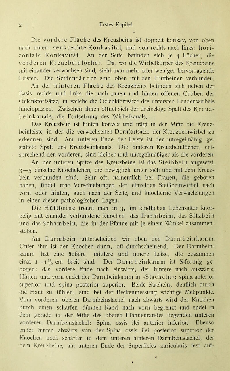 Die vordere Fläche des Kreuzbeins ist doppelt konkav, von oben nach unten: senkrechte Konkavität, und von rechts nach links: hori- zontale Konkavität. An der Seite befinden sich je 4 Löcher, die vorderen Kreuzbeinlöcher. Da, wo die Wirbelkörper des Kreuzbeins mit einander verwachsen sind, sieht man mehr oder weniger hervorragende Leisten. Die Seitenränder sind oben mit den Hüftbeinen verbunden. An der hinteren Fläche des Kreuzbeins befinden sich neben der Basis rechts und links die nach innen und hinten offenen Gruben der Gelenkfortsätze, in welche die Gelenkfortsätze des untersten Lendenwirbels hineinpassen. Zwischen ihnen öffnet sich der dreieckige Spalt des Kreuz- beinkanals, die Fortsetzung des Wirbelkanals. Das Kreuzbein ist hinten konvex und trägt in der Mitte die Kreuz- beinleiste, in der die verwachsenen Dornfortsätze der Kreuzbeinwirbel zu erkennen sind. Am unteren Ende der Leiste ist der unregelmäßig ge- staltete Spalt des Kreuzbeinkanals. Die hinteren Kreuzbeinlöcher, ent- sprechend den vorderen, sind kleiner und unregelmäßiger als die vorderen. An der unteren Spitze des Kreuzbeins ist das Steißbein angesetzt, 3—5 einzelne Knöchelchen, die beweglich unter sich und mit dem Kreuz- bein verbunden sind. Sehr oft, namentlich bei Frauen, die geboren haben, findet man Verschiebungen der einzelnen Steißbeinwirbel nach vorn oder hinten, auch nach der Seite, und knöcherne Verwachsungen in einer dieser pathologischen Lagen. Die Hüftbeine trennt man in 3, im kindlichen Lebensalter knor- pelig mit einander verbundene Knochen: das Darm beim, das Sitzbein und das Schambein, die in der Pfanne mit je einem Winkel Zusammen- stößen. Am Darmbein unterscheiden wir oben den Darmbeinkamm. Unter ihm ist der Knochen dünn, oft durchscheinend. Der Darmbein- kamm hat eine äußere, mittlere und innere Lefze, die zusammen circa 1—11j2 cm breit sind. Der Darmbeinkamm ist S-förmig ge- bogen: das vordere Ende nach einwärts, der hintere nach auswärts. Hinten und vorn endet der Darmbeinkamm in »Stacheln«: spina anterior superior und spina posterior superior. Beide Stacheln, deutlich durch die Haut zu fühlen, sind bei der Beckenmessung wichtige Meßpunkte. Vom vorderen oberen Darmbeinstachel nach abwärts wird der Knochen durch einen scharfen dünnen Rand nach vorn begrenzt und endet in dem gerade in der Mitte des oberen Pfannenrandes liegenden unteren vorderen Darmbeinstachel: Spina ossis ilei anterior inferior. Ebenso endet hinten abwärts von der Spina ossis ilei posterior superior der Knochen noch schärfer in dem unteren hinteren Darmbeinstachel, der dem Kreuzbeine, am unteren Ende der Superficies auricularis fest auf-