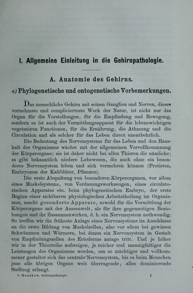 A. Anatomie des Gehirns. a) Phylogenetische und ontogenetische Vorbemerkungen. Das menschliche Gehirn mit seinen Ganglien und Nerven, dieses vornehmste und complicierteste Werk der Natur, ist nicht nur das Organ für die Vorstellungen, für die Empfindung und Bewegung, sondern es ist auch der Vermittlungsapparat für die lebenswichtigen vegetativen Functionen, für die Ernährung, die Athmung und die Circulation und als solcher für das Leben direct unentbehrlich. Die Bedeutung des Nervensystems für das Leben und den Haus- halt des Organismus wächst mit der allgemeinen Vervollkommnung der Körperorgane; sie ist daher nicht bei allen Thieren die nämliche; es gibt bekanntlich niedere Lebewesen, die auch ohne ein beson- deres Nervensystem leben und sich vermehren können (Protisten, Embryonen der Kaltblüter, Pflanzen). Die erste Abspaltung von besonderen Körperorganen, vor allem eines Muskelsystems, von VerdauungsWerkzeugen, eines circulato- rischen Apparates etc. beim phylogenetischen Embryo, der erste Beginn einer sichtbaren physiologischen Arbeitstheilung im Organis- mus, macht gesonderte Apparate, sowohl für die Vermittlung der Körperorgane mit der Aussenwelt, als für ihre gegenseitigen Bezie- hungen und ihr Zusammenwirken, d. h. ein Nervensystem nothwendig. So treffen wir die früheste Anlage eines Nervensystems im Anschlüsse an die erste Bildung von Muskelzellen, also vor allem bei gewissen Schwämmen und Würmern, bei denen ein Nervensystem in Gestalt von Empfindungszellen des Ectoderms zutage tritt. Und je höher wir in der Thierreihe aufsteigen, je reicher und mannigfaltiger die Leistungen des Organismus werden, um so mächtiger und vollkom- mener gestaltet sich das centrale Nervensystem, bis es beim Menschen jene alle übrigen Organe weit überragende, alles dominierende Stellung erlangt.