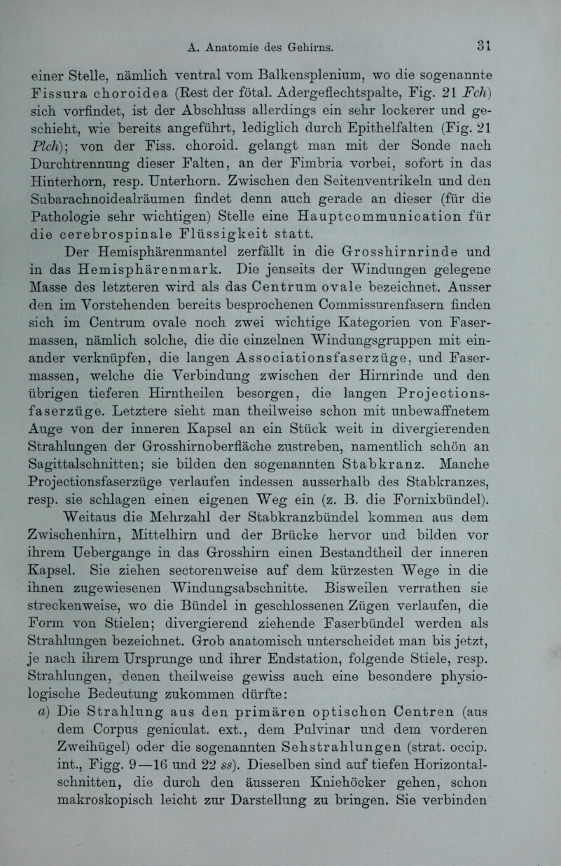 einer Stelle, nämlich, ventral vom Balkensplenium, wo die sogenannte Fissura choroidea (Rest der fötal. Adergeflechtspalte, Fig. 21 Feh) sich vorfindet, ist der Abschluss allerdings ein sehr lockerer und ge- schieht, wie bereits angeführt, lediglich durch Epithelfalten (Fig. 21 Pich)] von der Fiss. choroid. gelangt man mit der Sonde nach Durchtrennung dieser Falten, an der Fimbria vorbei, sofort in das Hinterhorn, resp. Unterhorn. Zwischen den Seitenventrikeln und den Subarachnoidealräumen findet denn auch gerade an dieser (für die Pathologie sehr wichtigen) Stelle eine Hauptcommunication für die cerebrospinale Flüssigkeit statt. Der Hemisphärenmantel zerfällt in die Grosshirnrinde und in das Hemisphärenmark. Die jenseits der Windungen gelegene Masse des letzteren wird als das Cent rum ovale bezeichnet. Ausser den im Vorstehenden bereits besprochenen Commissurenfasern finden sich im Centrum ovale noch zwei wichtige Kategorien von Faser- massen, nämlich solche, die die einzelnen Windungsgruppen mit ein- ander verknüpfen, die langen Associationsfaserzüge, und Faser- massen, welche die Verbindung zwischen der Hirnrinde und den übrigen tieferen Hirntheilen besorgen, die langen Projections- faserzüge. Letztere sieht man theilweise schon mit unbewaffnetem Auge von der inneren Kapsel an ein Stück weit in divergierenden Strahlungen der Grosshirnoberfläche zustreben, namentlich schön an Sagittalschnitten; sie bilden den sogenannten Stabkranz. Manche Projectionsfaserzüge verlaufen indessen ausserhalb des Stabkranzes, resp. sie schlagen einen eigenen Weg ein (z. B. die Fornixbündel). Weitaus die Mehrzahl der Stabkranzbündel kommen aus dem Zwischenhirn, Mittelhirn und der Brücke hervor und bilden vor ihrem Uebergange in das Grosshirn einen Bestandteil der inneren Kapsel. Sie ziehen sectorenweise auf dem kürzesten Wege in die ihnen zugewiesenen Windungsabschnitte. Bisweilen verrathen sie streckenweise, wo die Bündel in geschlossenen Zügen verlaufen, die Form von Stielen; divergierend ziehende Faserbündel werden als Strahlungen bezeichnet. Grob anatomisch unterscheidet man bis jetzt, je nach ihrem Ursprünge und ihrer Endstation, folgende Stiele, resp. Strahlungen, denen theilweise gewiss auch eine besondere physio- logische Bedeutung zukommen dürfte: a) Die Strahlung aus den primären optischen Centren (aus dem Corpus geniculat. ext., dem Pulvinar und dem vorderen Zweihügel) oder die sogenannten Sehstrahlungen (strat. occip. int., Figg. 9—16 und 22 ss). Dieselben sind auf tiefen Horizontal- schnitten, die durch den äusseren Kniehöcker gehen, schon makroskopisch leicht zur Darstellung zu bringen. Sie verbinden