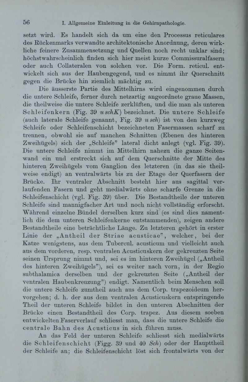 setzt wird. Es handelt sich da um eine den Processus reticulares des Bückenmarks verwandte architektonische Anordnung, deren wirk- liche feinere Zusammensetzung und Quellen noch recht unklar sind; höchstwahrscheinlich finden sich hier meist kurze Commissuralfasern oder auch Collateralen von solchen vor. Die Form, reticul. ent- wickelt sich aus der Hauhengegend, und es nimmt ihr Querschnitt gegen die Brücke hin ziemlich mächtig zu. Die äusserste Partie des Mittelhirns wird eingenommen durch die untere Schleife, ferner durch netzartig angeordnete graue Massen, die theilweise die untere Schleife zerklüften, und die man als unteren Schleifenkern (Fig. 39 uschK) bezeichnet. Die untere Schleife (auch laterale Schleife genannt, Fig. 39 usch) ist von den kurzweg Schleife oder Schleifenschicht bezeichneten Fasermassen scharf zu trennen, obwohl sie auf manchen Schnitten (Ebenen des hinteren Zweihügels) sich der „Schleife” lateral dicht anlegt (vgl. Fig. 39). Die untere Schleife nimmt im Mittelhirn nahezu die ganze Seiten- wand ein und erstreckt sich auf dem Querschnitte der Mitte des hinteren Zweihügels vom Ganglion des letzteren (in das sie theil- weise endigt) an ventralwärts bis zu der Etage der Querfasern der Brücke. Ihr ventraler Abschnitt besteht hier aus sagittal ver- laufenden Fasern und geht medialwärts ohne scharfe Grenze in die Schleifenschicht (vgl. Fig. 39) über. Die Bestandtheile der unteren Schleife sind mannigfacher Art und noch nicht vollständig erforscht. Während einzelne Bündel derselben kurz sind (es sind dies nament- lich die dem unteren Schleifenkerne entstammenden), zeigen andere Bestandtheile eine beträchtliche Länge. Zu letzteren gehört in erster Linie der „Antheil der Striae acusticae”, welcher, bei der Katze wenigstens, aus dem Tubercul. acusticum und vielleicht auch aus dem vorderen, resp. ventralen Acusticuskern der gekreuzten Seite seinen Ursprung nimmt und, sei es im hinteren Zweihügel („Antheil des hinteren Zweihügels”), sei es weiter nach vorn, in der Begio subthalamica derselben und der gekreuzten Seite („Antheil der ventralen Haubenkreuzung”) endigt. Namentlich beim Menschen soll die untere Schleife zumtheil auch aus dem Corp. trapezoideum her- vorgehen; d. h. der aus dem ventralen Acusticuskern entspringende Theil der unteren Schleife bildet in den unteren Abschnitten der Brücke einen Bestandtheil des Corp. trapez. Aus diesem soeben entwickelten Faserverlauf sckliesst man, dass die untere Schleife die centrale Bahn des Acusticus in sich führen muss. An das Feld der unteren Schleife schliesst sich medialwärts die Schleifenschicht (Figg. 39 und 40 Sch) oder der Haupttheil der Schleife an; die Schleifenschicht löst sich frontalwärts von der