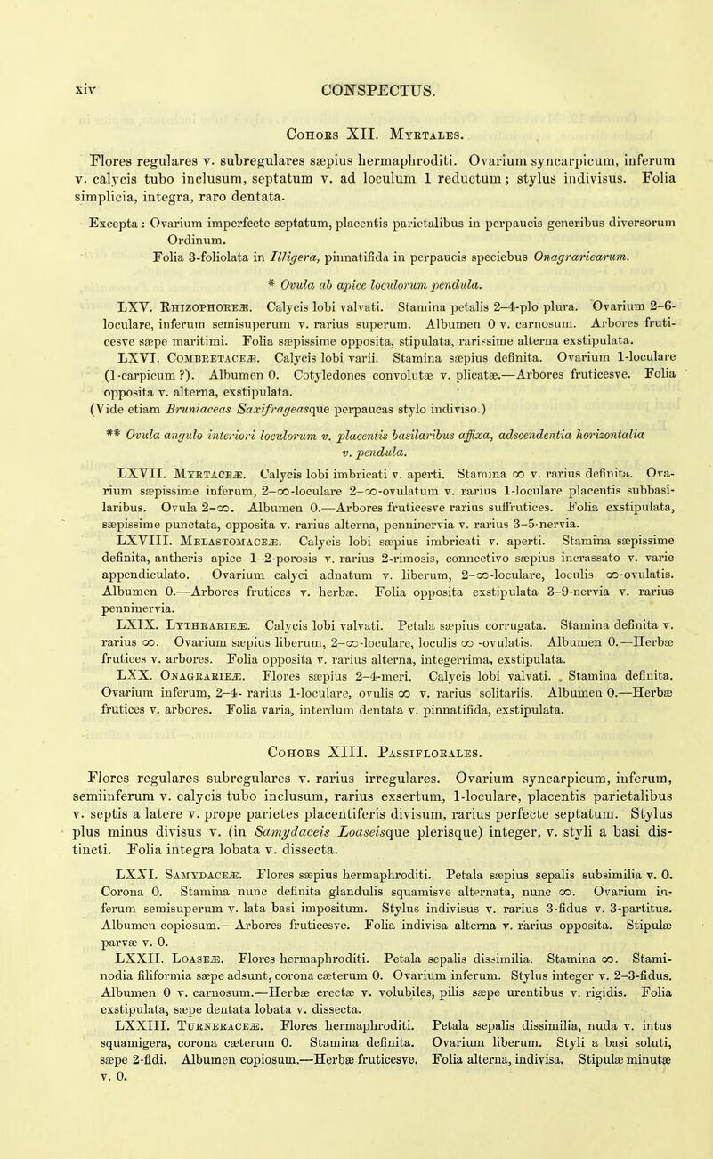 CoHOEs XII. Myetales. Flores regiilares v. subregulares ssepius hermaphroditi. Ovarium synoarpicum, inferum V. calycis tubo inclusum, septatum v. ad loculum 1 reductum; stylus indivisus. Folia simplicia, intcgra, raro dentata. Excepta : Ovariiim imperfecte septatum, placentis pai-ietalibus in perpaucis generibus diversorum Ordinum. Folia 3-foliolata in Illigera, pinnatifida iu perpaucis speciebus Onagrariearum. * Ovula ah apice locidorum pendula. JjXY. Rhizophoee^. Calyeis lobi valvati. Stamina petalis 2-4-plo phu-a. Ovarium 2-6- loeulare, inferiim semisuperum v. rarius superura. Albumen 0 v. carnosum. Arbores fruti- cesve Sfepe maritimi. Foha sfepissime opposita, stipulata, rarifsime altema exstipulata. LXVI. COMBEETACEJ!. Calycis lobi varii. Stamina soepius definita. Ovarium 1-loculare (1-carpicum ?). Albumon 0. Cotyledones convohita; v. phcatse.—Arbores fruticesve. Foha opposita V. aherna, exstipulata. (Vide etiam Bruniaceas Saxifrageasqae porpaucas stylo indiviso.) ** Ovula antjulo inicriori loculorum v. placentis hasilarihus affixa, adscendentia horizontalia V. pendula. LXVII. MTETACEiE. Calycis lobi imbricati v. aperti. Stamina oo v. rarius definita. Ova- rium saepissime inferum, 2-oo-loculare 2-oo-ovulatum v. rarius 1-loculare plaeentis subbasi- laribus. Ovula 2-oo. Albumen 0.—Arbores fruticesve rarius suffrutices. Foha exstipulata, saepissime punctata, opposita v. rarius aherna, penninervia v. rarius 3-5-nervia. LXVIII. MELAST01IACE.E. Calycis lobi sEepius imbricati v. aperti. Stamina saepissime definita, antheris apice 1-2-porosis v. rarius 2-rimosis, conuectivo ssepius incrassato v. varie appendiculato. Ovarium calyci aduatum v. hberura, 2-oo-loculare, locuhs oo-ovvdatis. Albumen 0.—Arbores frutices v. herbae. Foha opposita exstipulata 3-9-nervia v. rarius penninervia. LXIX. LTTHEAEIE.S;. Calycis lobi valvati. Petala sa^pius corrugata. Stamina definita v. rarius oo. Ovarium stepius hberum, 2-oo-loculare, locuhs oo -ovulatis. Albumen 0.—Herbse frutices v. arbores. Foha opposita v. rarius aherna, integerrima, cxstipulata. LXX. Onageaeie^. Flores sfrpius 2—1-meri. Calycis lobi valvati. . Stamina definita. Ovarium inferum, 2-4- rarius 1-locularc, ovuhs oo v. rarius sohtariis. Albumen 0.—Herbae frutices v. arbores. Foha varia, interdum dentata v. pinnatifida, exstipulata. CoHOES XIII. Passifloeales. Flores regulares subrcgulares v. rarius irregulares. Ovarium syncarpicum, iuferum, semiiuferum v. calycis tubo inclusum, rarius exsertum, 1-loculare, plaeentis parietalibus V. septis a latere v. prope parietes placentiferis divisum, rarius perfecte septatura. Stylus plus minus divisus v. (in Samydaceis Loaseisqae plerisque) integer, v. styli a basi dis- tincti. Folia integra lobata v. dissecta. LXXI. Samtdace^. Flores ssepius hermaphroditi. Petala sfepius sepahs subsimiha v. 0. Corona 0. Stamiua nunc definita glandulis squamisve alternata, nunc oo. Ovarium in- ferum semisuperum v. lata basi impositum. Stylus indivisus v. rarius 3-fidus v. 3-partitus. Albumen copiosum.—Arbores fruticesve. Foha indivisa aUerna v. rarius opposita. Stipulae parva; v. 0. LXXII. Loase^. Flores hermapliroditi. Petala sepahs dissimiha. Stamina oo. Stami- nodia filiformia saepe adsunt, corona caeterum 0. Ovarium inferum. Styhis integer v. 2-3-fidus. Albumen 0 v. carnosum.—Ilerbee ereetaj v. volubiles, pilis ssepe urentibus v. rigidis. Folia exstipulata, sa;pe dentata lobata v. dissecta. LXXIII. Tueneeace^. Flores hermaphroditi. Petala sepahs dissimiha, nuda v. intus squamigera, corona CEeterum 0. Stamina definita. Ovarium liberum. Styli a basi soluti, saepe 2-fidi. Albumen copiosum.—Herbse fruticesve. Foha aherna, indivisa. Stipula; minutse V. 0.