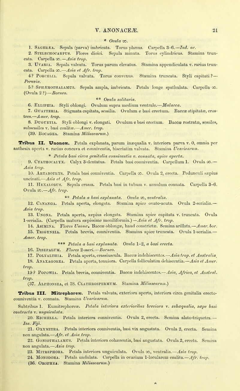 * Ovula 00. 1. SageEjEA. Sepala (parva) imbricata. Torus ijlanus. Carpella S-6.—Ind. or. 2. Stelechocaeptts. Flores dioici. Sepala minuta. Torus cylindi-icus. Stamina trun- cata. Carpella oo.—Asia trop. 3. UvAErA. Sepala valvata. Torus parum elevatus. StamLna appendiculata v. rarius trun- cata. Caii^ella oo.—Asia et Afr. trop. 4? PoECEi.iA. Sepala valvata. Torus convexus. Stamina truncata. Styli capitati ?— Peruvia. 5? Spii.eeothalamus. Sepala ampla, imbricata. Petala longe spathulata. Carpella oo. (Ovula 2 ?)—Borneo. ** Ovula solitaria. 6. Ellipeia. Styli oblongi. Ovulum supra mediimi ventrale.—Malacca. 7. GrUATTEEiA. Stigmata capitata, sessLlia. Ovulimi e basi erectum. Baccse stipitata;, erog- ires.—Amer. trop. 8. DuGUETiA. Stjli oblongi v. elongati. Ovulum e basi erectum. Baccce rostratae, sesailes, subsessiles v. basi coalita3.—Amer. trop. (39. BocAGEA. Stamina Miliuseariim.) Tribus II. Unonese. Petala explanata, parum insequalia v. interiora parva v. 0, omnia per antliesin aperta v. rarius concava et conniventia, biseriatim valvata. Staraina Uvariea>-uni. * Petala basi oirca genitalia conniventia v. connata, apice aperta. ,1 9. CxATiiocAixx. Calyx 3-dentatus. Petala basi conniventia. Carpellum 1. Ovula oo.— Asia trop. 10. Aetabotets. Petala basi comiiventia. Carpella oo. Ovula 2, erecta. Pedimculi sscpius imcinati.—Asia et Afr. trop. 11. Hexalobus. Sepala crassa. Petala basi in tubum v. annulum connata. Carpella 3-6. Ovulaoo.—Afr. trop. ** Petala a basi explanata. Ovula oo, ventralia. 12. Cananga. Petala aperta, elongata. Stamina apice ovato-acuta. Ovula 2-seriaIia.— Asia trop. 13. Unona. Petala aperta, saepius elongata. Stamina apice capitata v. truncata. Ovula 1-serialia. (Carpella matura ssepissime moniliformia.) —Asia et Afr. trop. 14. AsiMiNA. Flores Unoncr, Baccse oblongiE, haud constrictse. Semina arillata.—Amer. bor. 15. Teigtneia. Petala brevia, conniventia. Stamina apice truncata. Ovula 1-serialia.— Amer. trop. *** Petala a basi explanata. Ovula 1-2, a basi erecta. 16. DlSEPALITM. Flores 2-meri.—Borneo. 17. PoLYALTHlA. Petala aperta, crassiuscula. BacctB indehiscentes.—Asiatrop. et Australia_ 18. Anaxagoeea. Petala aperta, tenuiora. CarjDcUa foUiculatim deliiscentia.—Asia et Amer. trop. 19 ? PoPOWiA. Petala brevia, conniventia. BacciB indeliiscentes.—Asia, Africa, et Ausiral. trop. (37. Alphonsea, et 38. Clatheospeemum. Stamina Miliusearum.) Tribus III. OTitrephorese. Petala valvata, esteriora aperta, interiora circa genitaha erecto- couniventia v. connata. Stamina Uvariearum. Subtribus 1. Eumitrephorese. Petala interiora exLerioribus hreviora v. stibaqualia, scBpe basi contraeta v. unguiculata. 20. Richella. Petala interiora conniventia. Ovula 2, erecta. Semina alato-triquetra. — Ins. Fiji. 21. Oxymitea. Petala interiora comiiventia, basi vix angustata. Ovula 2, erecta. Semina non angulata.—Afr. et Asia trop. 22. GrONiOTHALAMUS. Petala interiora cohaerentia, basi angustata. Ovula 2, erecta. Semina non angulata.—Asia trop. 23. Miteephoea. Petala interiora unguiculata. Ovula oo, ventralia.—Asia trop. 24. MoNODOEA. Petala undidata. Carpella in ovarium 1-Iocularem coalita.—Afr. trop. (36. OaoPHEi. Stamina Miliusearum.)