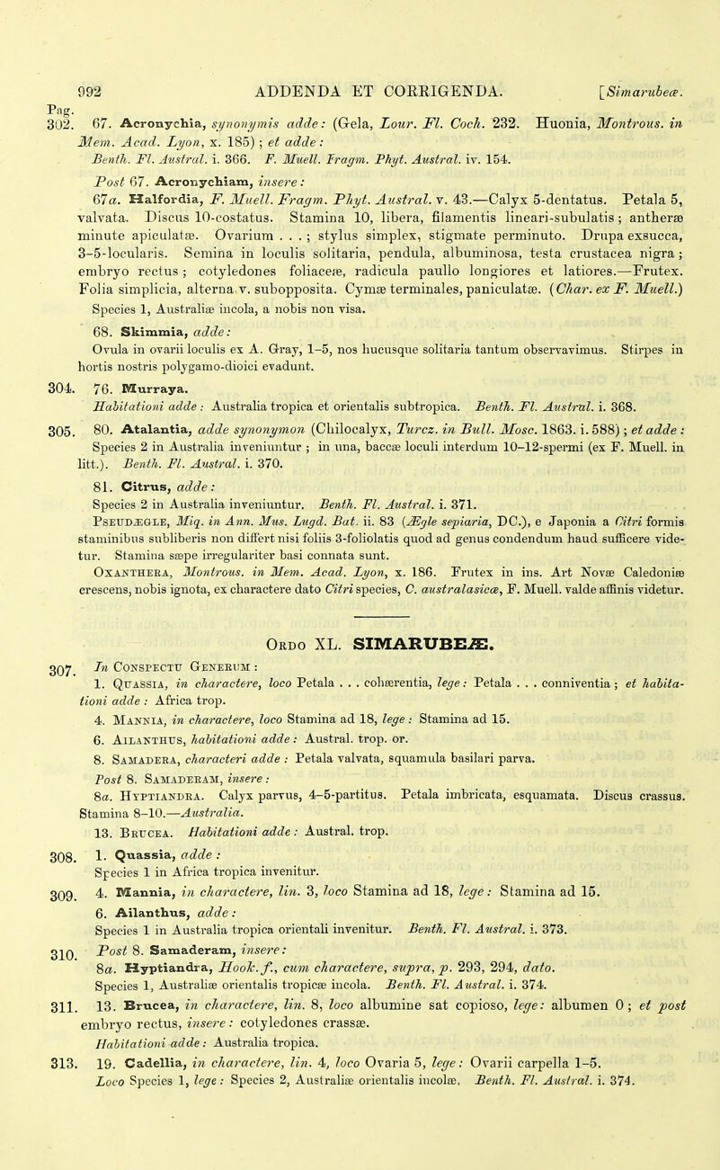 Png. 302. 67. Acronychia, synoinjmis adde: (Gela, Lour. Fl. Coch. 232. Huonia, Montrous. in Mem. Acad. Lyon, x. 185) ; et adde: Benth. Fl. Aiistral. i. 366. F. Muell. Iragm. Phyt. Austral. iv. 154. Fost 67. Acronychiam, insere: 67a. Halfordia, F. 3Iuell. Fragm. Fliyt. Austral. v. 43.—Calyx 5-dentatus. Petala 5, valvata. Diseus 10-costatus. Stamina 10, libera, filamentis lineari-subulatis ; antherae minute apiculatse. Ovariura . . . ; stylus simplex, stigmate perminuto. Drupa exsucca, 3-5-locularis. Semina in loculis solitaria, pendula, albuminosa, testa crustacea nigra; embryo rectus ; cotyledones foliace;e, radicula paullo longiores et latiores.—Frutex. Folia simplicia, alterna v. subopposita. Cymee terminales, paniculatse. {Char. ex F. Muell.) Species 1, Australise incola, a nobis non visa. 68. Skimmia, adde: Ovula in ovarii loeulis ex A. Gray, 1-5, nos hucusque solitaria tantum observavimus. Stirpes in hortis nostris polyganio-dioici evadunt. 304. 76. Murraya. Haiitationi adde : Australia tropica et orientalis subtropica. Benth. Fl. Austrul. i. 368. 305. 80. Atalantia, adde synonymon (Cliilocalyx, Turcz. in Bull. Mosc. 1863. i. 588); et adde : Speoies 2 in Australia inveniuntur ; iii una, baccee loculi interdum 10-12-spermi (ex P. Muell. in litt.). Benth. Fl. Austral. i. 370. 81. Citrus, adde: Species 2 in Australia inveniuntur. Benth. Fl. Austral. i. 371. PsEUDiEGLE, 3Iiq. in Ann. Mus. Lugd. Bat. ii. 83 [^gle sepiaria, DC), e Japonia a Citri formis staminibus subliberis non differtnisi foliis 3-foIioIatis quod ad genus condendum haud sufEcere vide- tur. Stamina seepe irregulariter basi connata sunt. OXANTHEEA, Montrous. in Mem. Acad. Lyon, x. 186. Frutex in ins. Art Novoe Caledonise crescens, nobis ignota, ex charactere dato Citri species, C. australasicce, F. Muell. valde affinis videtur. Ordo XL. SIMARUBEwffi. 3Q7 Tn CoNSPECTU Geneeum : 1. QuASSlA, in charactere, loco Petala . . . coliserentia, lege: Petala . . . conniventia ; et hahita- tioni adde : Africa trop. 4. Mannia, in charactere, loco Stamina ad 18, lege: Stamina ad 15. 6. AlLANTHUS, hahitationi adde : Austral. trop. or. 8. Samadeea, characteri adde : Petala valvata, squamula basilari parva. Po-it 8. Samadeeam, insere 8o. Htptiandea. Calyx parvus, 4-5-partitu3. Petala imbricata, esquamata. Discus crassus. Stamina 8-10.—Australia. 13. Beucea. Hahitationi adde : Austral. trop. 308. !• Qiiassia, adde : Species 1 in Africa tropica invenitur. 309 4. Mannia, in charactere, lin. 3, loco Stamina ad 18, lege: Stamina ad 15. 6. Ailanthus, adde : Species 1 in Australia tropica orientali invenitur. Benth. Fl. Austral. i. 373. 310 Post 8. Samaderam, insere: 8«. Hyptiandra, FLoolc.f., cum charactere, supra,p. 293, 294, dato. Species 1, Australiee orientalis tropicee incola. Benth. Fl. Austral. i. 374. 311. 13. Brucea, in characiere, lin. 8, loco albumine sat copioso, lege: albumen 0; et post embryo rectus, insere: cotyledones crassffi. Hahitationi adde: Australia tropica. 313. 19. Cadellia, in charactere, lin. 4, loco Ovaria 5, lege: Ovarii carpella 1-5. Loco Species 1, lege: Species 2, Australiae orientalis iucolie, Benth. Fl. Austral. i. 374.