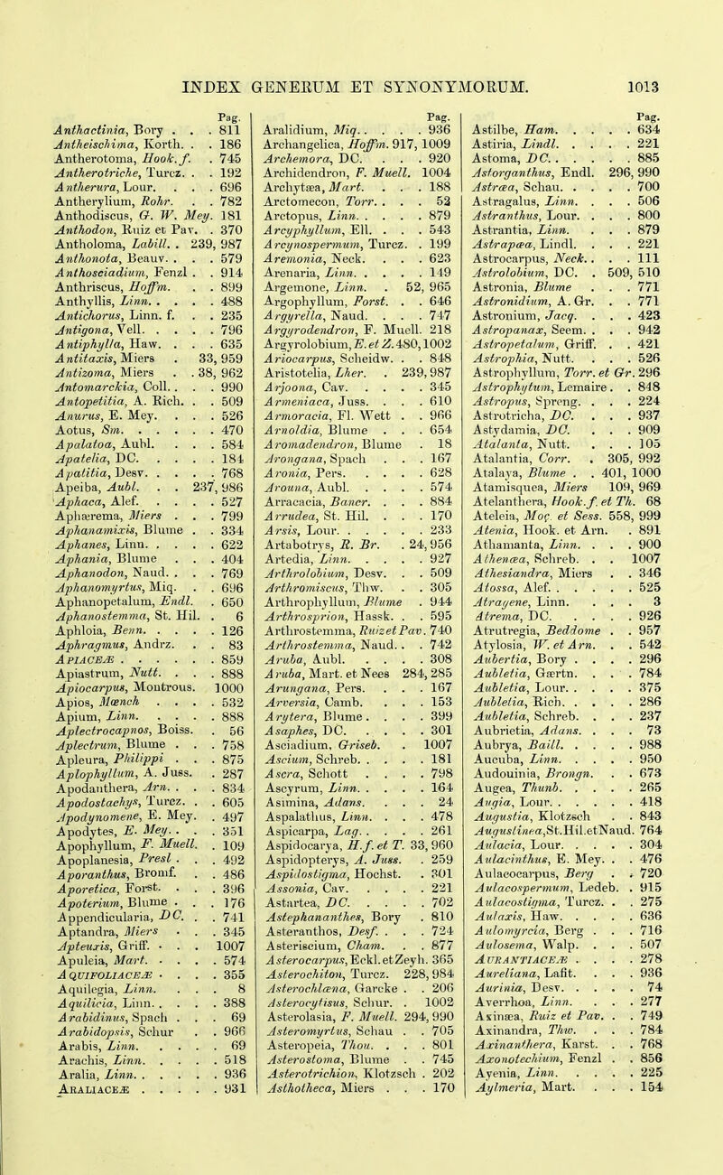 Pag. Anthactinia, Bory . . . 811 Antheischima, Korth. . . 186 Antherotoma, Hook.f. . 745 Antherotriche, Turcz. . . 192 A ntherura, Lour. . . . 696 Antheryhum, Rohr. . . 782 Anthodiscus, G. W. Mey. 181 Anthodon, Kuiz et Pav. . 370 Antholoma, Lahill. . 239, 987 Anthonota, Beauv. . . . 579 Anthosciadium, Fenzl . . 914 Anthrisous, Hoffm. . . 899 AnthyUis, Linn 488 Antichorus, Linn. f. . . 235 Jntigona, Vell 796 Antiphylla, Haw. . . . 635 Antitaxis^Mwvi, . 33,959 Antizoma, Miers . . 38, 962 Jntomarckia, Coll. . . . 990 Antopetitia, A. Rich. . . 509 Anurus, E. Mey. . . . 526 Aotus, Sm 470 Apalatoa, AuhL . . . 584 Apatelia, DC 181 Apalitia,Y)es\ 768 Apeiba, Aubl. . . 237', 986 Aphaca, Alef. .... 527 Apha;rema, 3fiers . . . 799 Aphanamixis, Blume . . 334 Aphanes, Linn 622 Aphania, Blume . . . 404 Aphanodon, Naud. . . . 769 Jphanomyrtus, Miq. . . 696 Aphanopetalum, Endl. . 650 Aphanostemma, St. Hil. . 6 Aphloia, Beiin 126 Aphragmus, Andrz. . . 83 ApiacejE 859 Apiastrum, Nutt. . . . 888 Apiocarpug, Moutrous. 1000 Apios, Maench .... 532 Apium, Linn 888 Aplectrocapnos, Boiss. . 56 Aplectrum, Blume . . . 758 Apleura, Philippi . . . 875 Aplophyllum, A. Juss. . 287 Apodanthera, Arn. . . . 834 Apodostachys, Turcz. . . 605 Apodynomene, E. Mey. . 497 Apodytes, E- Mey. . . .^51 Apophyllum, F. Muell. . 109 Apoplanesia, Presl . . . 492 Aporantkus, Bromf. . . 486 Aporetica, Foi-st. . . . 396 Apoterium, Bhime . . .176 Appendicularia, DC. , . 741 Aptandra, Miers . . . 345 Apteuxis, Griff. . . . 1007 Apuleia, Mart. .... 574 A QUIFOLIACEyS! .... 355 Aquilegia, Liinn. ... 8 Aquilicia, Linn 388 Arahidinus,^\)&ch ... 69 Arabidopsis, Scliur . . 966 Arabis, Linn 69 Arachis, Linn 518 Aralia, Linn 936 AEALlACEiE 931 Pag. Arahdium, Miq 936 ArchangeHca, Hoffm. 917, 1009 Archemora, DC. . . .920 Archidendron, F. Muell. 1004 KvchjtiBa,Mart. . . . 188 Arctomecon, Torr. ... 53 Arctopus, Linn, 879 Arcyphyllum, Ell. . . . 543 Arcynospermum, Turcz. . 199 Aremonia, Neck. . . . 623 Arenaria, Linn 149 Argemone, Linn. . 52, 965 Argophyllum, Forst. . . 646 Argyrella, Naud. . . . 747 Argyrodendron, F. Muell. 218 Argyrolobium, E. et Z. 480,1002 Ariocarpus, Scheidw. . . 848 Aristoteha, Lher. . 239,987 Arjoona, Cav 345 Armeniaca, Juss. . . . 610 Armoracia, Fl. Wett . . 966 Arnoldia, Blume . . . 654 Aromadendron, Blume . 18 Arongana, Spach . . . 167 Aronia, Pers 628 Arouna, Aubl 574 Arracacia, Bancr. . . . 884 Arrudea, St. Hil. . . .170 Arsis, Lour 233 Artabotrys, R. Br. . 24, 956 Artedia, Linn 927 Arthroloiium, Desv. . . 509 Arthromiscus, Thw. . . 805 Arthropliyllum, Blume . 944 Arthrosprion, Hassk. . . 595 Arthrostemma, TtuizetPav. 740 Arthrostemma, Naud. . . 742 Aruha, A.ubl 308 A ruba, Mart. et Nees 284, 285 Arungana, Pers. . . . 167 Arversia, Camb. . . . 153 Arytera, Bhame. . . . 399 Asaphes, DC 301 Asciadium, Oriseb. . 1007 Ascium, Schreb 181 Ascra, Schott .... 798 Ascyrum, Linn 164 Asimina, Adans. ... 24 Aspalathus, Linn. . . . 478 Aspicarpa, Lag 261 Aspirlocarya, H.f. et T. 33, 960 Aspidopteiys, A. Juss. . 259 Aspidostigma, Hoclist. . 301 Assonia, Cav 221 Astartea, DC. . . . .702 Astephananthes, Bory . 810 Asteranthos, Desf. . . . 724 Asteriscium, Cham. . . 877 Asterocarpus,'E.cV\.etZejh.. 365 Asterochiton, Turcz. 228, 984 jUterochlcena, Garcke . . 200 Asterocytisus, Schur. . 1002 Asterolasia, F. Muell. 294, 990 Asteromyrtus, Schau . . 705 Asteropeia, Thou. . . . 801 Asterostoma, Blvnne . .745 Asterotrichion, Klotzsch . 202 Asihotheca, Miers . . .170 Pag. Astilbe, Ham 634 Astiria, Ljindl 221 Astoma, Z>C 885 Astorganthus, Endl. 296, 990 Astrcea, Schau 700 Astragalus, Linn. . . . 506 Astranthus, Lour. . . . 800 Astrantia, Linn. . . . 879 Astrapcpa, Lindl. . . . 221 Astrocarpus, Neck. , . . 111 Astrolobium, DC. . 509, 510 Astronia, Blume . . . 771 Astronidium, A. Gr. . . 771 Astronium, Jacq. . . . 423 Astropanax, Seem. . . . 942 Astropetalum, GriiT. . . 421 Astrophia, Nutt. . . . 526 Astrophyllum, Torr. et Or. 296 Astrophytum, Lemaire . . 848 Astropus, Spreng. . . . 224 Astrotricha, DC. . . .937 Astydamia, DO. ... 909 Atalanfa, Nutt. . . .105 Atalantia, Corr. . 305, 992 Atalaya, Blume . . 401, 1000 Atamisquea, Miers 109, 969 Atelanthera, Hook.f. et Th. 68 Ateleia, Mof. et Sess. 558, 999 Atenia, Hook. et Arn. . 891 Atliamanta, Linn. . . . 900 Athencea, Schreb. . . 1007 Athesiandra, Miors . . 346 Atossa, Alef. 525 Atrayene, Linn. ... 3 Atrema, DC 926 Atrutregia, Beddome . . 957 Atylosia, W.etArn. . . 542 Aubertia, Bory .... 296 Auhletia, Gaertn. . . . 784 Auhletia, Lour 375 Aublelia, Rich 286 Aubletia, Schreb. . . . 237 Aubrietia, Adans. ... 73 Aubrya, Baili 988 Aucuba, Linn 950 Audouinia, Brongn. . . 673 Augea, Thunb 265 Angia, Lour 418 Augustia, Klotzsch . . 843 Auguslinea,^t.\i\\..e,tTSavidL. 764 Aulacia, Louv 304 Auiacinthus, E. Mey. . . 476 Aulacocarpus, Berg . , 720 Aulacospermum, Ledeb. . 915 Aulacostignia, Turcz. . . 275 Aulaxis, Haw 636 Aulomyrcia, Berg . . . 716 Aulosema, Walp. . . . 507 AUKANTIACE^IS .... 278 Aureliana, Lafit. . . . 936 Aurinia, Desv 74 Averrlioa, Linn. . . . 277 Axinaea, Buiz et Pav. . . 749 Axinandra, Thw. . . . 784 Axinanthera, Karst. . . 768 Axonotechium, Fenzl . . 856 Ayenia, Linn 225 Aylmeria, Mart. . . . 154