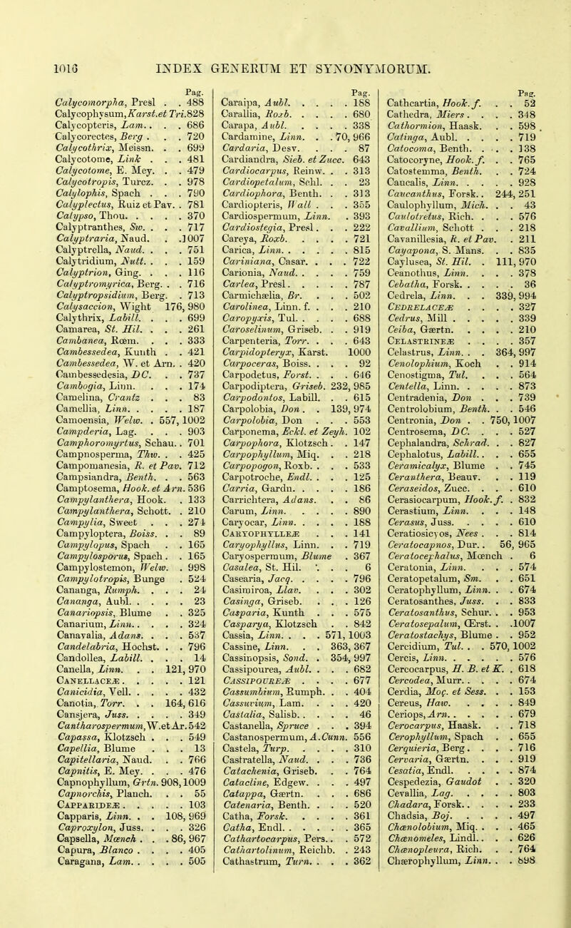 Pag. Calycomorpha, Presl . . 488 C&lycoYihysMm,Karst.et TVi.S^^ Caljcopteris, Lam.. . . 686 Calycorectfis, Berg . . . 720 Calycothrix, Meissn. . . 699 Calycotome, Link . . . 481 Caiycotome, E. Mey. . . 479 Caiycotropis, Turcz. . . 978 Calylophis, Spach . . . 790 Calyplectus, RuizetPav. . 781 Catypso, Thou 370 Calyptranthes, Sw. . . . 717 Calyptra7-ia, Naud. . .]007 CalyptreUa, Naud. . . . 751 Calytridium, Nutt. . . . 159 Calyptrion, Ging. . . .116 Calyptromyrica, Berg. . . 716 Calyptropsidium, Berg. . 713 Calysaccion, Wigixt 176,980 Calythrix, Labill. . . . 699 Camarea, St. Hil. . . . 261 Cambanea, Roem. . . . 333 Cambessedea, Kuuth . . 421 Cambessedea, W. et Arn. . 420 Cambessedesia, DC. . . 737 Cambogia, Liini. . . . 174 Camehna, Crantz ... 83 Camellia, Linn 187 Camoensia, Welw. . 557, 1003 Campderia, Lag. . . . 903 Camphoromyrtus, Schau.. 701 Campnosperma, Thtu. . . 425 Campomanesia, R. et Pav. 712 Campsiandra, Benth. . . 563 Camptosema, Hook. et Arn. 536 Campylanthera, Hook. . 133 Campylanthera, Schott. . 210 Campylia, Sweet . . . 274 Campyloptera, Boiss. . . 89 Campylopus, Spach . . 165 Campylospoin», Spach . . 165 Campylostemon, Ilelio. . 998 Campylotropis, Bunge . 524 Canauga, Riimph. ... 24 Cananga, Auhl 23 Canariopsis, Blume . . 325 Canarium, Linn 324 CanavaHa, Adans. . . . 537 Candelabria, Hocliat. . . 796 CandoUea, Labill. ... 14 Canella, Linn. . . 121,970 Canellace^ 121 Canicidia, Vell 432 Canotia, Torr. . . 164,616 Cansjera, Juss 349 Cantharospermum,W .etAr.b4-2 Capassa, Klotzsch . . . 549 Capellia, Blume ... 13 Capitellaria, Naud. . . 766 Capnitis, E. Mey. . . . 476 Capnophyllum, Grtn. 908,1009 Capnorchis, Plauch. . . 55 Cappaeide^ 103 Capparis, Linn. , . 108, 969 Caproxylon, Juss. . . . 326 Capsella, Mosnch . . . 86, 967 Capura, Blanco .... 405 Caragana, Lam 505 Pag. Caraipa, Aubl 188 CaraUia, Ro.rb 680 Carapa, A ubl 338 Cardamine, Linn. . . 70, 966 Cardaria, Desv. ... 87 Cardiandra, -SieJ. e< Zifcc. 643 Cardiocarpus, Reinvv. . . 313 Cardiopetalum, Sohl. . . 23 Cardiophora, Benth. . .313 Cardiopteris, WalL . . . 355 Cardiospermum, Linn. . 393 Cardiosiegia, Pre.^1. . . 222 Careya, Roxb 721 Carica, Linn 815 Cariniana, Casar. . . . 722 Carionia, Naud 759 Carlea, Presl 787 Carmicheeha, Br. . . . 502 Carolinea, Linn. f. . . . 210 Caropyxis, Tul 688 Caroselinum, Griseb. . .919 Carpenteria, Torr. . . . 643 Carpidopteryx, Karst. 1000 Carpoceras, Boiss. ... 92 Carpodetus, Forst. . . . 646 Carpodiptera, Griseb. 232, 985 Carpodontos, Labill. . . 615 Carpolobia, Don . . 139, 974 Carpolobia, Don . . . 553 Carponema, Lckl. et Zeyh. 102 Carpophora, Klotzsch . . 147 Carpophyllum, Miq. . . 218 Carpopogon, Roxb. . . . 533 Carpotroche, Endl. . . . 125 Carria, Gardn 186 Carrichtera, Adans. . . 86 Carum, Linn 890 Caryocar, Linn 188 Caetophtllej! . . .141 Caryophylius, Linn. . . 719 Caryospermum, Biume . 367 Casalea, St. Hil. ... 6 Casearia, Jacq 796 Casimiroa, Llav. . . . 302 Casinga, Griseb. . . . 126 Casparia, Kunth . . .575 Casparya, Klotzsch . . 842 Cassia, Linn. . . . 571, 1003 Cassine, Linn. . . 363,367 Cassinopsis, Sond. . 354, 997 Cassipourea, AubL . . . 682 Cassipourem .... 677 Cassumbium, Eumph. . . 404 Cassuvium, Lam. . . . 420 Casialia, Sahsb 46 Castanella, JSpruce . . , 394 Castanospermum, A. Cunn. 556 Castela, Turp 310 Castratella, Naud. . . . 736 Catachenia, Griseb. . . 764 Catacline, Edgew. . . . 497 Catappa, Gsertn. . . . 686 Catenaria, Benth. . . . 520 Catha, Forsk 361 Catha, Endl 365 Cathartocarptts, Pers.. . 572 Cathartolinum, Reichb. . 243 Cathastrum, Turn. . , .362 Paff. Cathcartia, Hook.f. . . 52 Cathedra, J/iers. . . .348 Cathormion, Haask. . . 598 . Catinga, Aubl 719 Catocoma,'Ber\t\\. . . .138 Catocoryne, Hook.f. . .765 Catostemma, Benth. . . 724 Caucah's, Linn 928 Caucanthus, Forsk.. 244, 251 Caulophyllum, Mich. . . 43 Cavlotretus, Rich. . . . 576 Cavallium, Schott . . . 218 CaTanillesia, R. et Pav. . 211 Cayapona, S. Mans. . . 835 Caylusea, St. RiL . 111, 970 Ceanothus, Linn. . . . 378 Cebatha, Forsk 36 Cedrela, Linn. . . 339,994 CEDRELACEyE .... 327 Cedrus, Mill 339 Ceiba, Gsertn 210 CELASTEINEiE .... 357 Celastrus, Linn. . . 364,997 Cenolophium, Koch . . 914 Cenostigma, Tul. . , . 564 Centella, Linn 873 Centradenia, Don . , . 739 Centrolobium, Benth. . . 546 Centronia, Don . . 750,1007 Centrosema, DC. . . .527 Cephalandra, Schrad. . . 827 Cephalotus, Labill.. . . 655 Ceramicalyx, Blume . . 745 Ceranthera, BeauT. . . 119 Ceraseidos, Zucc. . . . 610 Cerasiocarpum, Hook.f. . 832 Cerastium, Linn. . . .148 Cerasus, Juss 610 Ceratiosicyos, Nees . . . 814 Ceratocapnos, Dur.. 56, 965 Ceratocephalus, Mcench . 6 Ceratonia, Linn. . . . 574 Ceratopetalum, Sm. , . 651 CeratophyUum, Linn. . . 674 Ceratosanthes, Juss. . . 833 Ceratosanthus, Sehur. . . 953 Ceratosepaium, CErst. . .1007 Ceratostachys, Blume . . 952 Cercidium, 'TuL . . 570,1002 Cercis, Linn 576 Cercocarpus, H. B. et K. . 618 Cercodea, Murr 674 Cerdia, Mof. et Sess. . . 153 Cereus, Haio 849 Ceriops, 679 Cerocarpus, Haask. . . 718 Cerophyllum, Spach . . 655 CerquieHa,^6vg. . , . 716 Cervaria, Gasrtn. . . . 919 Cesatia, Endl 874 Cespedezia, Gaudot . . 320 Cevalha, Lag 803 Chadara,~EoTsk 233 Chadsia, Boj 497 Chcenolobium, Miq. . . . 465 Chcenomeies, Lindl.. . . 626 ChcBnopleura, Rich. . . 764 ChEerophyUum, Linn. . . 698