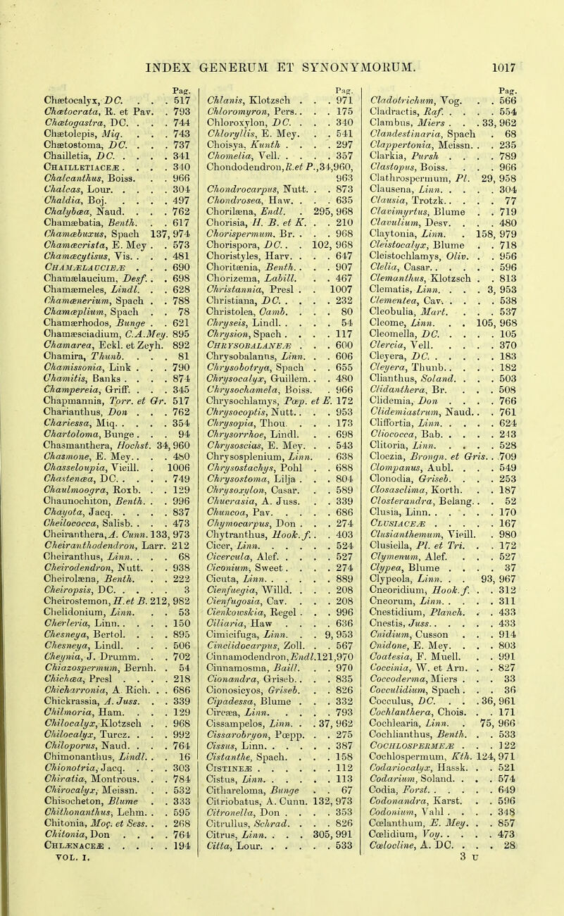 Pafj. ChfBtocalyx, BC. ... 517 Chcetocrata, R. et Pav. . 793 ChcBtogastra, DC. . . . 744 Chsetolepis, Miq. . . . 743 ChiBtostoma, JDC. . . .737 Chailletia, JDC. . . . . 341 CHAILLETIACE.ffi: .... 340 Chalcanthus, Boiss. . . 966 Chalcas, Lour 304 Chaldia, Boj 497 Chalybaa, Naud. . . . 762 ChamiBbat.ia, Benth. . . 617 Chamcebuxus, Spach 137, 974 ChamcBcrista, E. Mey . . 573 ChamcBcylisus, Vis. . . . 481 Chammlavcie.s . . . 690 Chamselaucium, Desf. . , 698 Chamaemeles, Lindl. . . 628 Chamcenerium., Spach . . 788 Chamceplium, Spach . . 78 Chamserhodos, Bunge . . 621 Chamsesoiadium, C.A.Mey. 895 Chamarea, Eckl. et Zeyh. 892 Chamira, Thuiib. ... 81 Chamissonia, Link . . . 790 Chamitia, Banks . . . .874 Champereia, Grriff. . . . 345 Chapmannia, Torr. et Qr. 517 Charianthus, Don . . . 762 Chariessa, Miq 354 Chartoloma, Bunge ... 94 Chasmanthera, Hochst. 34, 960 Chasmone, E. Mey.. . . 4b0 Chasseloupia, Vieill. . 1006 ChaHencBa, DC 749 Chaulmoogra, Roxb. . . 129 Ciiaunoohiton, Benth. . . 996 Chayota, Jaoq 837 Cheilococca, Salisb. . . . 473 Cheiranthera,^. Cunn. 133, 973 Cheiranthodendron, Larr. 212 Clieirantlius, lAnn. ... 68 Cheirodendron, Nutt. . . 938 Cheirolasna, Benth. . . 222 Cheiropsis, DC 3 Cheirostemon,S^.e^ B. 212, 982 Cliehdonium, Linn. . . 53 Cherleria, Linn 150 Chesneya, Bertol. . . . 895 Chesneya, Lindl. . . . 506 Cheynia, J. Drumm. . .702 Chiazospermum, Bernh. . 54 ChichcBa, Presl .... 218 Chicharronia, A. Eicli. . . 686 Chickrassia, A. Juss. . . 339 Chilmoria, Ham. . . . 129 Chilocalyx^ liXotzich. . . 968 Chilocalyx, Turcz. . . . 992 Chiloporus, Naud. . . . 764 Chimonanthus, Lindl. . . 16 Chionotria, 3&cq. . . . 303 Chiratia, Montrous. . . 784 Chirocalyx, Meissn. . . 532 Chisocheton, Blume . . 333 Chithonanthus, Lehm. . . 695 Chitonia, Mo(. et Sess. . . 268 Chitonia, Don . . , .764 Chl-enace« 194 VOL. I. Chlanis, Elotzsoh . . . 971 Chloromyron, Pers. . . . 175 Chloroxylon, DC. . . . 340 ChloryUis, E. Mey. . .541 Choisya, Kunth .... 297 Chomelia, Vell. .... 357 Chondodeudron,S.e< /».,34,960, 963 Chondrocarpus, Nutt. . . 873 Chondrosea, Haw. . . . 635 Chorileena, Endl. . 295, 968 Chorisia, H. B. etK. . . 210 Ckorispermum. Br. . . . 968 Chorispora, DC.. . 102, 968 Choristyles, Harv. . . . 647 Clioritsenia, Benfh. . . . 907 Chorizema, Labill. . . 467 Christannia, Presl . . 1007 Christiaua, DC. . , . .232 Christolea, Camb. ... 80 Chryseis, Lindl 54 Chrysion, Spaoh .... 117 Chrysobalanem . . . 600 Chrysobalanns, Linn. . . 606 Chrysobotrya, Spaoh . . 655 Chrysocalyx, Guillem. . . 480 Chrysochamela, Boiss. . 966 Clirysochlamys, Poep. et E. 172 Chrysocoptis, Nutt. . . . 953 Chrysopia, Thou. . . . 173 Chrysorrhoe, Lindl. . . 698 Chrysoscias, E. Mey. . . 543 Chrysosplenium, Linn. . 638 Chrysostachys, Pohl . . 688 Chrysostoma, Lilja . . . 804 Chrysoxylon, Casar. . . 589 Chucrasia, A. Juss. . . 339 Chuncoa, Pav 686 Chymocarpus, Don . . . 274 Chytranthus, UooJc.f.. . 403 Cicer, Limi 524 Cicercula, Alef 527 Ciconium, Sweet.... 274 Cicuta, Linn 889 Cienfuegia, Willd. . . .208 Cienfugosia, Cav. . . . 208 CienhowsJcia, Eegel . . . 996 Ciliaria, Haw .... 636 Oimioifuga, Linn. . . 9,953 Cinccidocarpus, ZoU. . . 567 Cinnamodendronj^JjjdZ.l^l.^^O Cinnamosma, Baill. . . 970 Cionandra, Griseb.. . . 835 Cionosicyos, Griseb. . . 826 Cipadessa, Blume . . . 332 CircpBa, Linn 793 Cissampelos, Linn. . . 37, 962 Cissarobryon, Poepp. . . 275 Cissus, Linn 387 Cistanthe, Spach. . . . 158 ClSTINEJJ 112 Cistus, Linn 113 Cithareloma, Bunge . . 67 Citriobatus, A. Cunn. 132, 973 Citronella, Don .... 353 Citi-uUus, Schrad. . . .826 Citrus, Linn. . . . 305,991 Citta, Lour 533 Pag. Cladotrichum, Vog. . . 566 Cladractis, Raf. .... 554 Clambus, Miers . . .33, 962 Clandestinaria, Spach . 68 Clappertonia, Meissn. . . 235 Clarkia, Pursh .... 789 Clastopus, Boiss. . . . 966 Clatln-ospermum, Pl. 29, 958 Clausena, Linn 304 Clausia, Trotzk 77 Clavimyrtus, Blume . . 719 Clavulium, Desv. . . . 450 Ciaytonia, Linn. . 158, 979 Cleistocalyx, Blume . . 718 Cleistochlamys, Oliv. . . 956 Clelia, Casar 596 Clemanthus, Klotzsoh . . 813 Clematis, Linn, ... 3, 953 Clementea, Cav. .... 538 Cleobuha, Mart. . . . 537 Cleome, Linn. . , 105, 968 Cleomella, DC. . . . .105 Clercia, Vell 370 Cleyera, DC. 183 Cleyera, Thunb 182 Clianthus, Soland. . . . 503 Clidanthera, Br. . . . 508 Chdemia, Don .... 766 Clidemiastnim, Naud. . .761 Chffortia, Linn 624 Cliococca, Bab 243 Clitoria, Linn 528 Cloezia, Brongn. et Oris. . .709 Clompanus, Aubl. . . . 549 Clonodia, Griseb. . . . 253 Closasclima, Korth. . . 187 Closterandra, Belang.. . 52 Clusia, Linn 170 Clvsiacem 167 Clusianthemum, Vieill. . 980 Clusiella, Pl. et Tri. . . 172 Clymenum, Alef. . . . 527 Clypea, Bhirae .... 37 Clypeola, Linn. . . 93, 967 Cneoi-idium, Hook.f . . 312 Cneorum, Limi 311 Cnestidium, Planch. . . 433 Cnestis, Juss 433 Cnidium, Cusson . . . 914 Cnidone, E. Mey. . . . 803 Coatesia, P. Muell. . . 991 Coccinia, W. et Aru. . . 827 Coccoderma, Miers ... 33 Cocculidium, Spach ... 36 Cocculus, DC. . . .36,961 Cochlanthera, Chois. . . 171 Cochlearia, Linn. , 75, 966 Cochlianthus, Benth. , . 533 COCHLOSPBRMEJB . . .122 Coohlospermum, Kth. 124, 971 Codariocalyx, Hassk. , . 521 Codarium, Soland. . . .574 Codia, Forst 649 Codonandra, Karst. . . 596 Codonium, Vald .... 348 Cailanthum, E. Mey. . . 857 Coelidium, Voy 473 Coilocline, A. DO. ... 28 3 u