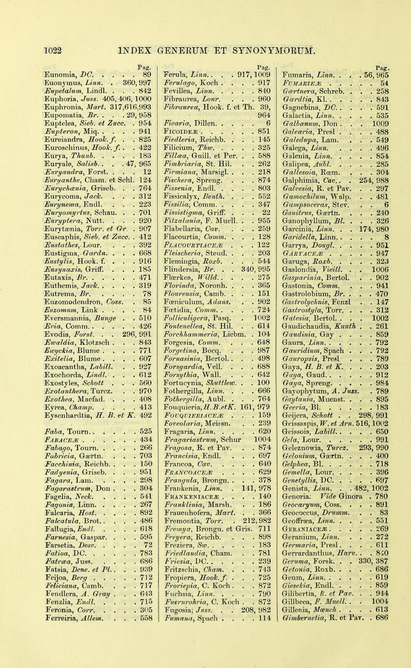 Pag. Eunomia, DG. .... 89 Euonymus, Linn. . 360,997 Eupetalwm, Lindl. . . . 842 Kuphoria, Ju.is. 405, 406, 1000 Euphronia, Mart. 317,616,993 Eupomatia, Br. . . .29, 958 Euptelea, Sieb. et Zuco. . 954 JSupteron, Miq 941 Eui-eiandra, Rook.f. . . 825 Euroschinus, Sook. f. . . 422 Eurya, T/iunb 183 Euryale, Salisb. . . .47, 965 JSuryandra, Forst. ... 12 Euryanthc, Cliam. et Schl. 124 Eurychznia, Griseb. . .764 Eurycoma, JacTc. . . . 312 Eurynema, Endl. . . . 223 Euryomyrtus, Schau. . . 701 Euryptera, Nutt. . . . 920 Eurytcenia, Torr. et Or. . 907 Euscaphis, Sieb. et Zucc. . 412 Eustathes, Ijom. . . . 392 Eustigma, Gardn. . . . 668 Eustylis, Hook. f. . . . 916 Eusynaxiss Griif. . . . 185 Eutaxia, Br 471 Euthemis, Jack 319 Eutrema, Br 78 Euzomodendron, Coss. . 85 Euzomum, Link .... 84 Eversmannia, Bunge . . 510 Eina, Comm 426 Evodia, Forst. . . 296, 991 Ewaldia, Klotzsch . . . 843 Ewyckia, Blunie .... 771 Exitelia, Blume .... 607 Exoacantha, Labill. . . 927 Exochorda, Lindl. . . . 612 Exostyles, Schott . . . 560 Exotanthera, Turcz. . . 970 Exothea, Macfad. . . . 408 Eyrea, Champ 413 Eysenhardtia, H. B. et K. 492 Faba, Tourn 525 Fabace^ 434 Fabayo, Tourn 266 Fabricia, Gasrtn. . . . 703 FaccJiinia, Reichb. . . . 150 Fadyenia, Griseb. . . . 951 Fagara, Lam 298 Fagarastrum, Don . . . 304 Fagelia, Neck 541 Fagonia, Linn 267 Falcaria, Host 892 Falcatula, Brot 486 Fallugia, 618 Farnesia, Gaspar. . . . 595 Farsetia, Desv 72 Fatioa, DC 783 Fatraa, Juss 686 Fatsia, Bcne. et Pl.. . . 939 Feijoa, Berg 712 Feliciana, Camb. . . .717 Fendlera, A. Gray . . . 643 Fenzlia, Endl 715 Feronia, Corr 305 Ferreiria, Allem. . . . 558 Pag. Ferula, Linn.. . . 917,1009 Ferulago, Koch .... 917 Fevillea, Linn 840 Fibraurea, Lour. . . . 960 Fihraurea, Hook. f. et Th. 39, 964 Ficaria, Dillen 6 FicoiDE^ 851 Fiedleria, Reichb. . . . 145 Filicium, Thw 325 FillfEa, Guill. et Per. . . 588 Fimbriaria, St. Hil. . . 262 Firmiana, Marsigl. . . . 218 Fischera, Spreng. . . .874 Fissenia, Endl 803 Fissicalyx, Benth. . . . 552 Fissilia, Comm 347 Fissistigma, Griff. ... 22 Fitzalania, P. Muell. . . 955 Flabellaria, Cav. . . .259 Flacourtia, Comm. . . .128 Flacourtiaceje . . . 122 Fleischeria, Steud. . . . 203 Flemingia, Roxb. . . . 544 Flindersia, Br. . . 340,995 Floerkea, WiUd 275 Florinda, Noronh. . . . 365 Flourensia, Camb. . . . 151 Foeniculum, Adans. . . 902 Foetidia, Comin 724 FoUiculigera, Pasq. . 1002 FonteneUea, 8t. Hil. . . 614 Forchhammeria, Liebm. . 104 Forgesia, Comm. . . . 648 Forgetina, Bocq. . . . 987 Fornasinia, Bertol. . . . 498 Forsgardia, Vell. . . . 688 Forsythia, Wall. . . . 642 Fortucynia, Shuttlew. . . 100 Fothergilla, Linn. . . . 666 FothergiUa, Aubl. . . . 764 Fouquieria,ff^.-B.«i;^. 161, 979 FoVQUlERlACEyE . . . 159 Foveolaria, Meissn. . . 239 Fragaria, Linn 620 Fragariastrum, Schur 1004 Fragosa, R. et Pav. . . 874 Francisia, Endl. . . . 697 Francoa, Cav 640 Francoace^ .... 629 Frangula, Brongn. . . . 378 Frankenia, Linn. . 141, 978 FBANKENIACE.a: .... 140 Franklinia, Marsh. . .186 Frauenhofera, Mart. . . 366 Fremoiitia, Torr. . 212,982 Freinya, Brongn. et Gris. 711 Freyera, Reichb. . . . 898 Freziera, Sw 183 Friedlandia, Cham. . . 781 Friesia, DC 239 Fritzschia, Cham. . . .743 Fropiera, Hook.f . . . 725 Froriepia, C. Koch . . .872 Fuchsia, Linn 790 Fuernrohria, C. Koch . . 872 Fugosia; Jas.9. . . 208, 982 Fumana, Spach . . . .114 Pag. Fumarra, Linn. . , . 56, 965 FVMARIEAS 54 G(ertnera, Schreh. . . . 258 Oasrdtia, Kl 843 Gagnebina, BC 591 Galactia, Linn 535 Galbanum, Don . . , 1009 Qalearia, Presl .... 488 Oaledupa, Lam. , . . 549 Galega, Linn 496 Galenia, Linn 854 Galipea, Aubl 285 OaUesoia, Roem. , . . 304 Galphimia, Cav.. . 254, 988 Galvesia, R. et Pav. . . 297 Gamochilum, Walp. . . 481 Oampsoceras, Stev. . . 6 Ganitnts, Gasrtn. , . . 240 Ganophyllum, Bl. . . . 326 Garcinia, Linn. . . 174, 980 GarideUa, Linn 8 Garrya, Eougl 951 Oaryace^ 947 Garuga, Roxb 323 Gaslondia, VieiLl. . . 1006 Qasparinia, Bertol. , . 902 Gastonia, Comm. . . . 941 Gastrolobium, Br. . . . 470 Oastrolychnis, Fenzl . . 147 Gastrostyla, Torr. . . . 312 Oatesia, Bertol. . . . 1002 Gaudichaudia, Kunth . . 261 Gaudinia, Gay .... 859 Gaura, Linn 792 Gauridium, Spach . . . 792 Gauropsis, Presl . . . 789 Gaya, H. B. et K. . . . 203 Oaya, Gaud 912 Gaya, Spreng 984 Gayophytum, A. Juss. . 789 Gaytania, Muenst. . . . 895 Oeeria,-3\ 183 Geijera, Schott . . 298, 991 Geissaspis, W. et Arn. 516,10(^2 Geissois, LabiU 650 Gela, Lour 991 Geleznowia, Turcz. 293, 990 Oelonium, Gaertn. . . . 400 Qelphea, BI 718 GemeUa, Lour 396 GenetyUis, DC 697 Genista, Linn. . . 482, 1002 Genoria; Vide Ginora . 780 Geocaryum, Coss. . . . 891 Geococcus, Drumm. . . 83 Geotfraea, Linn 551 Geeaniace^ 269 Geranium, Linn. . . . 272 Germaria, Fres\. . . . 611 Gerrardanthus, Harv. . . 8^0 Geruma, Forsk. . . 330, 387 Oetonia, Roxb 686 Geum, Linn 619 Giesekia, Endl 859 Gilibertia, ft. et Pav. . . 944 Gillbeea, F. MueU. . . 1004 Gillenia, Mosnch .... 613 Oimbernetia, R. et Pav. . 686