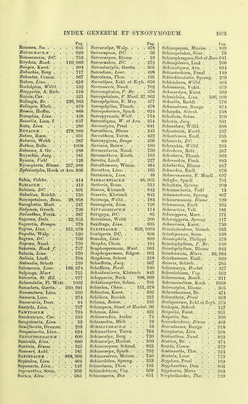 Roiissea, Sm. . . RouSSyEACEM . Rousseaiixia, Z)C. Roydsia, Roxb. . Rttagia, Karst. . Rubachia, Berg . Rubentia, Comm. Eubus, Linn. . Rudolphia, mUd. Riieppelia, A. Rich Ruizia, Cav. . . Rulingia, Br. . RuKngia, Ehrh. . Rumia, HofTm. . Rumphia, Linn. . Russelia, Linn. f. Ruta, Linn. , . RUTACE^ . . . Ruttea, Roem. Rutaria, Webb . Ruthea, Bolle. Ruiosma, A.. Grr. . Ruyschia, Jaeq. . Ryania, Vahl Ryssopteris, Blume Rytidostyles, Hook. Sabia, Colebr. Sabiace^ . . . Sabinea, DC. . . Sabulina, Reichb. Saccopetalum, Ben Sacoglottis, Mart. Sadymia, Griseb. Scelanthus, Forsk. SagerEea, Dalz. . Sageretia, Brongn. Sagina, Linn. . . Sagotia, Walp. . Sagrsea, DC. . Sagreea, Naud. . Sakersia, HooTe.f. Salacia, Linn. Salisia, Lindl. . Salmalia, Schott Salomouia, Lour. Salpinga, Mart . Salvertia, St. Ril. Salzwedelia, Fl. Wett, Samadera, Ocertn. Samandura, Linn. Samara, Linn. . Sameraria, Desv. Sam^da, Linn. . Samtdace^ . . Sandoricum, Cav. Sanguinaria, Linn. Sandfordia, Drumm. Sangwisorba, Linn. Sang visorbacmx Sanicula, Linn. . Santiria, Blume . Saouari, Aubl. . Sapindace^ . . Sapindus, Linn. . Saponaria, Linn.. Sapranthus, Seem. Saraca, Linn. . . • Pae. . 645 , 629 . 753 110, 969 . 994 . 717 . 367 . 6.16 . 532 . 516 . 221 226, 983 . 979 . 428 . 637 . 286 278, 989 . 331 . 287 1008 . 288 . 181 . 126 257, 988 et Arn.836 . 414 . 413 . 501 . 150 28, 958 . 247 . 798 . 387 22, 955 . 379 151, 978 . 520 . 766 . 770 , 757 , 370 704 , 210 136, 974 755 , 977 1002 310, 991 310 374 94 797 794 333 53 293 624 600 880 325 181 388, 999 . 404 . 146 . 956 . 583 Sarcocalyx, AValp. . Sarcocapnos, DC. Sarcocarpon, Bhime Sarcocaulon, DC. . Sarcodaetylis, GrEertn. Sarcodum, Lour. Sarcotena, Thou. SarcoLipes, Eckl. et Zeyh. 658 Sarcomeris, Naud. . . . 762 Sarcomphalus, P. Br. . . 376 Sarcopetalum, F. Iluell. 37, 962 Sarcopliyllum, E. Mey. . 477 Sarcophyllus, Thunb. . . 478 Sarcopoterium, Spach . . 624 Sarcopyramis, Wall. . . 754 Sarcostigma, W. et Arn. . 354 Sarcostyles, Presl . . . 641 Sarcotheca, Blume . . . 245 Sarcotheca, Turcz. . . . 422 Sarcozygiura, Bunge . . 266 Sariava, Reinw 180 Sarmentaria, Naud. . . 750 Sarosanthera, Korth. . . 183 Sarotes, Lindl 227 Sarothamnus, Wimm. . . 484 Sarothra, Linn 165 Sarracenia, Linn. ... 48 Saeeaceniace^ . . 48, 965 Sartoria, Boiss 512 Sassea, Klotzsch . . . 842 Sauerio,, Klotzsch . . . 843 Saurauja, IVilld 184 Sauvagesia, Linn. . . . 120 Sauvagesiace.^ . . . 114 Savignya, DC 85 Saviniona, Webb . . . 200 Saxifraga, Linn 635 Saxifbagej? . . . 629, 1004 Scaligeria, DC 896 Scandix, Linn 899 Scapha, Chois 184 Scaphespermum, Mast. . 983 Scaphespermum, Edgew. . 901 Scaphium, Schott . . . 218 Schaefferia, Jacq. . . . 367 Scliefflera, Forst. . . . 940 Scheidiveiieria, Klotzsch . 843 Schepperia, Neck. . 108,969 Schidiomyrtus, Schau.. . 701 Schiedea, Cham.. . 151,978 Schiec/rea, Karst. . . . 392 Schillera, Reichb. . . .221 Schima, Reinw 185 Schimpera, Steud. et Hochst. 96 Schiuus, Linn 422 Schioerechia, Andrz. . . 74 Schizandra, Mich. ... 19 ScmZANBRACEJE ... 16 Schizanthera, Turcz. . . 764 Schizocalya-, Berg . . . 720 Sehizocaly.r, Hoehst. . . 330 Schizocarpum, Schrad. . 825 Schizocarya, Spach . . . 792 Schizocentron, Meissn. . . 740 Schizochiton, Spreng. . . 333 Sehizolsena, Thou. . . . 195 Schizolobinm, Vog.. . . 569 Schizomeria, Bon . . . 651 Pag. 478 56 19 272 305 498 195 Schizopleura, Link Schizostigma, Arn. . Schizotechium, Fenzl Schlechtendalia, Spi-en Schleiohera, Willd. . Schlosseria, Vukit. . Schmardcsa, Karst. . Schmidelia, Linn. . Schnella, Raddi . Schoenolcena, Bimge Schoepfia, Schreb. Scholtzia, Schau.. Schotia, Jaeq. Schousboea, Willd. . Schoutenia, Korth. . Schoutensia, Endl. . Sohouwia, DC. . . Schrankia, Willd. . Schrebera, Retz. . Schrebera, Thunb. . Schrenclcia, Fisch. . Schubertia, Blume . Schuechia, EndL Schuermannia, F. Muell, Schufia, Spach . . Schultzia, Spreng. . Schumacheria, Vahl Schumacheria, Spreng. Schuurmausia, Biume Schwaunia, Endl. . ScMvartzia, Vell. Schweiggera, Mart. . Schweiggeria, Spreng. Schwerinia, Karst. . Sciadodendron, Griseb Sciadopanax, Seem. Sciadophila, Philippi Sciadophyllum, P. Br. Sciadophyllum, Blume Sciadotsenia, Miers. Sciothamnus, Endl.. Sciuris, Schreb. . Sclerocarya, Hochst. Sclerolobium, Vog. . Scleronema, Benth.. Sclerosciadium, Koch Sc/erostyles, Blume. Sclerothamnus, Br. . Solerothrix, Presl . Scolopacium, Eckl.etZeyh. 273 Scolopia, Sc/ireb. . . .127 Scopolia, Forst 951 Scopolia, Sm 300 Scorodeiidron, Blume . . 403 Scorodosma, Bunge . . 918 Scoi'piurus, Linn. . . . 5()H Scotanthus, Naud. . . . 822 Scottea, Br 47-1 Scutia, Comm 379 Scutinant/ie, Thvv. . . . 324 Scutula, Lour 773 Scyphcea, Presl .... 1S9 Scyp/hantlms, Don . . . 806 Scyp/iaria, Miers . . . 383 Scyphellandraj T/iw. . . 120 Pag. 839 Schizopepon, Maxim. Schizopetalon, Sims. Bc\\\zo-p\\vagma,,Sieb.et Zucc.Q^\  ' ■ ' '• ■ 706 834 149 236 404 919 339 396, 999 . 576 . 874 . 348 . 700 . 581 . 688 . 237 . 335 . 89 . 593 . 367 . 363 . 883 . 937 . 976 . 697 . 791 . 909 . 13 . 807 . 120 . 262 . 181 . 171 . 117 . 750 . 935 . 938 . 378 . 940 . 942 39, 964 . 920 . 285 . 427 . 562 . 211 1008 . 305 . 471 803