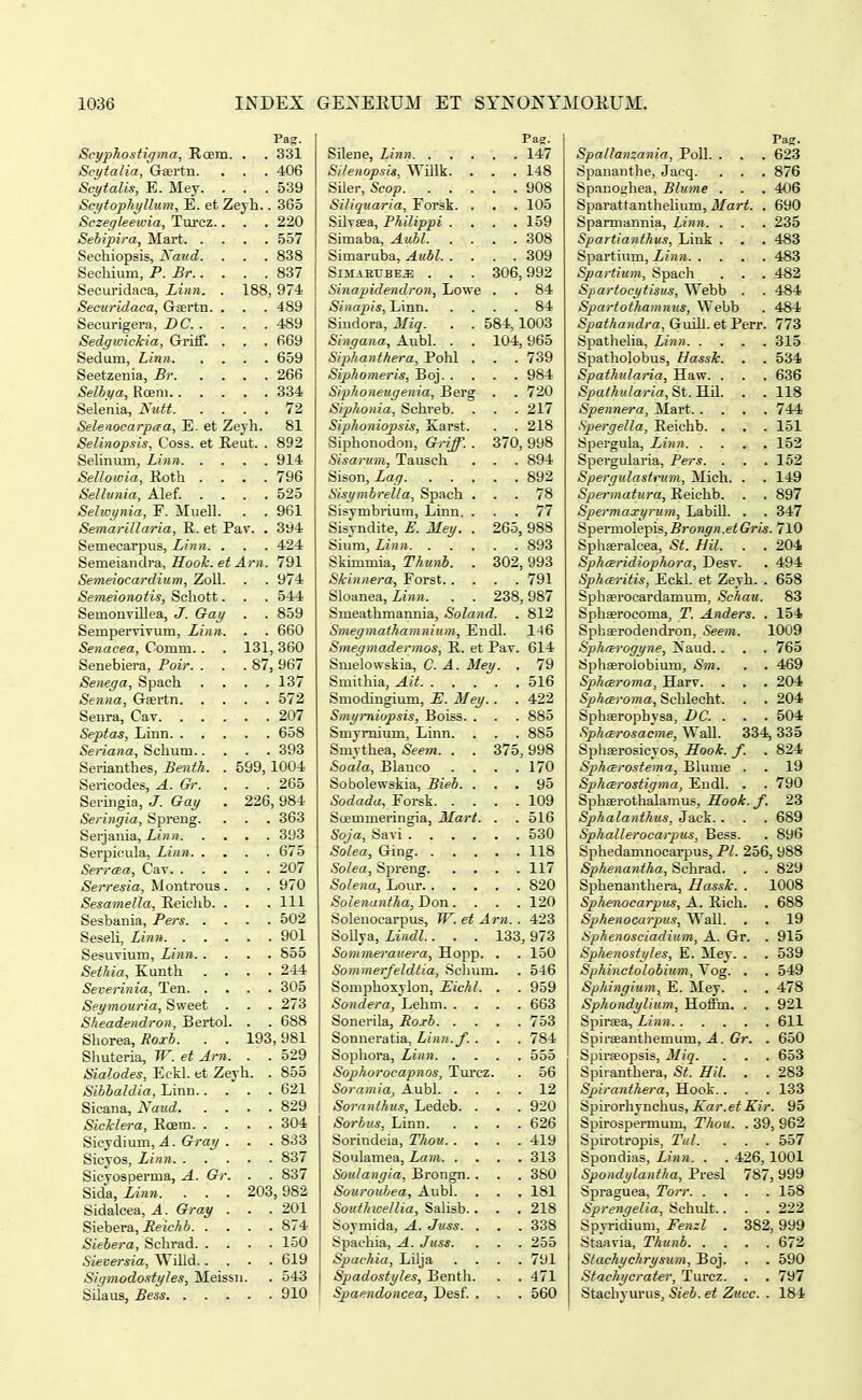 Pag. Seyphostigma, Rcem. . . 331 Scytalia, Gaertn. . . 406 Scytalis, E. Mey. . . . 539 Scytophyllum, E. et Zeyli.. 365 Sczegleewia, Turcz.. . . 220 Sechiopsis, Naud. . . 838 Sechium, P. Br.. . . 837 Securidaca, Linn. . 188, 974 Securidaca, GsBrtn. . . . 489 Securigera, DC. . . . 489 Sedgicickia, Griif. . . . 669 266 , , 334 Selenia, Kutt. . . 72 Selenocarpaa, E. et Zeyh. 81 Selinopsis, Coss. et Reut. . 892 914 Sellowia, Roth . . . 796 525 Selwynia, F. Muell. . . 961 Semarillaria, R. et Pav. . 394 Semecarpus, Linn. . . . 424 Semeiandi-a, Hooh. et Arn. 791 Semeiocardium, Zoll. . . 974 Semeionotis, Schott. . . 544 Semonvillea, J. Oay . . 859 Sempervivum, Linn. . . 660 Senacea, Comm.. 131, 360 Senebiera, Poir. . . 87, 967 Senega, Spach . . 137 572 207 658 Seriana, Sclium. . . . 393 Serianthes, Benih. . 599,1004 Sericodes, A. Gr. . . 265 Seringia, J. Oay 226, 984 Seringia, Spreug. . . 363 393 207 Serresia, Montrous . . . 970 SesameUa, Reiclib. . . . 111 502 901 Sesuvium, Linn. . . . . 855 Sethia, Eunth . . . . 244 305 Seymouria, Sweet . . . 273 Sheadendron, Bertol. . . 688 Shorea, Roxb. . . 193, 981 Sliuteria, TT. et Arn. . . 529 Sialodes, Eckl. et Zeyh. . 855 Sibbaldia, Linn.. . . . 621 829 304 Sicydium, A. Oray . . . 833 837 Sicyosperma, A. Gr. . . 837 Sida, Linn. . . . 203, 982 Sidalcea, A. Gray . . . 201 , 874 150 Sieeersia, Willd.. . . 619 Sigmodostyles, Meiss 11. . 543 910 Pag. Silenopsig, ^Yillk. . . . 148 Siliquaria, Forsk. . . . 105 SUveea, Philippi . . . 159 Simaba, Aubl. . . 308 309 SlJIAErBE^ . . . 306, 992 Sinapidendron, Lowe . . 84 84 Siudora, Miq. . . 584, 1003 Singana, Aubl. . 104, 965 Siphanthera, Pohl . . . 739 Siphomeris, Boj. . . . 984 Siphoneugenia, Berg . . 720 Siphonia, Schreb. . . 217 Siphoniopsis, Karst. . . 218 Siphonodon, Griff. . 370, 998 Sisarum, Tausch . . 894 892 Sisymbrella, Spach . . . 78 Sisymbrium, Linn. . . . 77 Sisyndite, E. Mey. . 265, 988 , 893 Skimmia, Thunb. 302, 993 Skinnera, Forst. . . . 791 Sloanea, Linn. 238, 987 Smeathmannia, Soland. . 812 Smegmathamninm, Endl. 146 Smegmadermos, R. et Pav. 614 Smelowskia, C. A. Meu. . 79 516 Smodingium, E. Mey. . . 422 Smyrniopsis, Boiss. . . . 885 Smyraium, Linn. . . 885 Smythea, Seem. . 375, 998 Soala, Blanco . . 170 Sobolewskia, Bieb. . . . 95 , , 109 Scjemmeringia, Mart. . . 516 530 . . 118 117 820 Solenantha, Don. . . 120 Solenocarpus, W. et 1 rn. . 423 SoUya, Lindl.. 133, 973 Sommerauera, Hopp. . . 150 Sommerfeldtia, Sclium. . 546 Somphosylon, Eichl. . . 959 . , 663 Sonneratia, Linn.f. . . . 784 Sophorocapnos, Turcz. . 56 , , 12 Sornnthus, Ledeb. . . . 920 626 Sorindeia, Thou. . . . . 419 . . 313 Soulangia, Brongn. . . . 380 Sourouhea, Aubl. . . 181 Southioellia, Sahsb.. . . 218 Soymida, A. Juss. . . . 338 Spachia, A. Juss. . . 255 Spachia, Lilja . . 791 Spadostyles, Benth. . . 471 Spaendoncea, Desf. . . . 560 Pag. Spallanzania, PoU. . . . 623 Spananthe, Jacq. . . . 876 Spanotjhea, Blume . . . 406 Sparattanthelium, Mart. . 690 Spamiannia, Linn. . . . 235 Spartianthus, Link . . . 483 Spartium, Linn 483 Spartium, Spach . . . 482 Spartocytisus, \Yebb . . 484 Spartothamnus, Webb . 484 Spathandra, GmM.etVetr. 773 Spathelia, Linn 315 Spatholobus, Hassk. . . 534 Spathularia, Haw. . . . 636 Spathularia,&t.'Q.\l. . . 118 Spennera, Mart 744 Spergella, Reichb. . . . 151 Spergula, Linn. .... 152 Spergularia, Pers. . . .152 Spei-gulastrum, Mich. . . 149 Spermatura, Reichb. . . 897 Spermaxyrum, Labill. . . 347 Spermolepis, Sron^M.e^Gm. 710 Spha?ralcea, St. Hil. . . 204 Sphceridiophora, Desv. . 494 Sphceritis, Eckl. et Zeyh. . 658 Sphserocardamum, Schau. 83 Sphserocoma, T. Anders. . 154 Sphaerodendron, Seem. 1009 SphrBrogyne, Naud. . . . 765 Sphserolobium, Sm. . . 469 Sphceroma, Harv. . . . 204 Sphceroma, Schlecht. . . 204 Sphserophysa, L)C. . . . 504 Sphcerosacme, WaU. 334, 335 Sphserosicyos, JLook. f. . 824 Sphcerostema, Blunie . . 19 Sphcerostigma, Endl. . . 790 Sphaerothalamus, Hook. f. 23 Sphalanthus, Jack. . . . 689 Sphalleroearpus, Bess. . 896 Sphedamnocarpus, Pl. 256, 988 Sphenantha, Schrad. . . 829 Sphenanthera, Idassk. . 1008 Sphenocarpus, A. Rich. . 688 Sphenocarpus, Wall. . . 19 Sphenosciadium, A. Gr. . 915 Sphenostyles, E. Mey. . . 539 Sphinctolobium, Yog. . . 549 Sphingium, E. Mey. . . 478 Sphondylium, Hoffm. . . 921 Spirsea, Linn 611 Spiraeanthemum, A. Gr. . 650 Spirseopsis, Miq. . . . 653 Spiranthera, St. Hil. . . 283 Spiranthera, Hook. . . . 133 Spirorhynchus, A^ar.e^i^^V. 95 Spirospermum, Thou. . 39, 962 Spirotropis, Tul. . . . 557 Spondias, Linn. . . 426, 1001 Spondylantha, Presl 787, 999 Spraguea, Torr 158 Sprengelia, Schult.. . . 222 Spyridium, Fenzl . 382,999 Staavia, Thunb 672 Stachychrysum, Boj. . . 590 Stachycrater, Turcz. . . 797 Stachyurus, Sieh. et Zucc. . 184