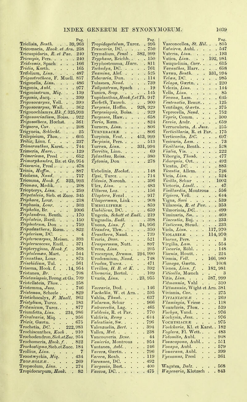 Pag. Triclisia, Benth. . . 39,963 Tricomaria, HooTc. et Arn. 258 Tricuspidaria, R. et Pav. 240 Tricuspis, Pers 240 Tridesmis, Spach . . . 166 Tridia, Korth 165 Trifoliurn, Linn. . . . 487 Trigastrotheca, F. Muell. 857 Trigonella, Linn. . . . 486 Trigonia,. 977 Trigoniastrum, Miq. . . 139 Trigonis, Jacq 399 Trigonocarpus, Vell. . . 399 Trigonocarpu,i, Wall. . . 362 Trigonochlamys,B'^./. 325,993 Trigonosciadium, Boiss. . 922 Trigonotheca, Hochst. . 361 Triyuera, Cav 208 Trigyneia, Schlecht. . . 25 Trilepisium, Thou. . . . 605 Trilix, Linn. f. . . . .237 Trimeranthus, Karst. . .744 Trimeria, Haro 129 Trimerisma, Presl . . . 652 Trimorphandra, Br. et Grr, 954 Trineuria, Presl . . . .478 'Trinia, Uoffm. .... 887 Trioliena, Naud. . . . 757 Triomma, Eooh. f. 323, 993 Trioncea, Medik. . . . 208 Triopterys, Linn. . . . 259 Tripetaleia, Sieb. et Zucc. 345 Triphaca, Lour. . . . 218 Triphasia, Lour. . . . 303 Triphelia, Br. . . . 1006 Triplandron, Benth. . . 170 Triplateia, Bartl. . . . 150 Triplectrum, Don . . . 759 Tripodanthera, Roem. . . 822 Tripterium, DC. ... 4 Tripterocarpus, Meissn. . 393 Tripterococcus, Endl. . . 371 Tripterygium, Hook.f. . 368 Triptolemcsa, Mart. . . 544 Trisanthus, Lour. . . . 873 Trischidium, Tul. . . . 561 Trisema, Hook. f. . . 14, 954 Tristanea,, Br 708 Tristaniopsis,Tiwng.etGr. 709 Tristellateia, Thou. . . .258 Tristemma, Juss. . . . 746 Tristemon, Scheele . . . 829 Tristichocalyx, F. Muell. 962 Tristylium, Turcz. . . . 183 Tritcenicum, Turcz.. . . 877 Triumfetta, Linn. . 234, 986 Trivalvaria, Miq. . . . 956 Trixis, Ga;rtn 675 Trochetia, DC. . . 222,983 Trochiscanthes, Koch . . 910 Trochodendron,/S/e6.e<.^MC. 954 Trochomeria, Sooh.f. . . 822 Trochostigma,%\eh.e:tZvicc. 184 Trollius, Linn 7 Troostwyckia, Miq. . . 434 Tropmole^ 269 Tropaeolum, Linn. . . . 274 Tropidocarpum, H.ooTc. . 82 Pag. Tropidopetalum, Turcz. . 995 Truncaria, DC 750 Trymahum, Fenzl . 382, 999 Tryphane, Eeichb. . . . 150 Tryphostemma, Harv. . 811 Tschudga, DC 761 Tuamina, Alef. .... 525 Tuheraria, Dun. , . .114 Tulasnea, Naud. . . . 739 Tulipastrum, Spach . . 19 Tunica, Scop 145 Tupidanthus.iZboA./.eiSrA. 947 Turheth, Tausch. . . . 900 Turgenia, Hoffm. . 928, 929 Turgeniopsis, Boiss. . . 929 Turgosea, Haw 658 Turia, Roem 824 Turnera, Linn 806 TUBNEEACE* .... 806 Turpinia, Vent. . . 413, 999 Turpinia, Pers 513 Turr;iea, Linn. . . 331,994 Turritis, Linn 69 Tiflanthus, Reiss. . . . 380 Tytonia, Don .... 278 Uebehnia, Hoehst. . . . 148 Ugni, Tui'cz 714 Uitenia, Noronh. . . . 396 Ulex, Linn 483 Ullucus, Loz 156 Uloptera, Fenzl. . . .917 Ulospermum, Link . . . 908 UMBELLIFEE.S; .... 859 Umhilicus, DC 659 Ungeria, Schott et Endl. . 219 Ungnadia, Endl. . . .398 Uiiona, Linn. f. . 24, 956 Urandra, Thw 350 Uranthera, Naud. . . . 739 Uraria, Desv 521 Uraspermum, Nutt. . . 897 Urena, Linn 205 Urocarpus, Drumm. 294, 990 Urodesraium, Naud. . . 748 Urodon, Tuj-cz 471 Urvihea, H. B. et K. . . 392 Uterveria, Bertoh . . . 109 Uvaria, Linn. . . . 23, 955 Vaccaria, Dod 146 Vachellia, W. et Arn.. . 595 Vahlia, Thunh 637 Valarum, Scliur . . . 966 Talcarcelia, Lag. . . . 465 Valdesia, R. et Pav. . . 770 Valdivia, Sem.y .... 6J4 Valentinia, Sw 796 Valenzuelia, Bert. . . . 394 Vallea, Mut 238 Vancouveria, Bcne. . . 44 Vanieria, Montrous . . 954 Vantanea, Jubl 246 Vareca, Gsertn 796 Vareca, Roxb 119 Varennea, DC 492 Vargasia, Bert 400 Vascoa, DC 475 Pag. Vasconcellea, St. Hil. . . 815 Vatairea, Aubl 547 Vateria, Litm 193 Vatica, Linn. . . 192, 981 Vauquehnia, Corr. . . . 615 Vavanthes, Harv. . . . 658 Vavsea, Benth. . . 331, 994 Ve/cea, DC 985 Ve/aga, Gaertn 220 Velezia, Linn 144 Vella, Lijin 85 Vevana, Lam 645 Ventenatia, Beauv. . . . 125 Ventilago, Gcertn. . . . 375 Vepreeella, Naud. . . . 752 Vepris, Comm 300 Vereia, Andr 659 Verrucularia, A. Juss. . 255 Verticillaria, R. et Pav. . 175 Verticordia, L>C. ... 697 Vesicaria, Lam 73 Ve.rillaria, Benth. . . . 528 Vialia, Vis 222 Viborgia, Thunb. . . . 477 Vihorquia, Ort 492 Vicatia, BC. 883 Vicentia, A,llem. . . .726 Vicia, Linn 524 Vicilla, Scliur . . . 1002 Victoria, Lindl 47 Vieillardia, Montrous . 556 Vigiera, Vell 644 Vigna, Savi 539 Viilaresia, R. et Pav. . . 353 Vilmoriuia, X>C.. . . .499 Viminaria, Sm 469 Vincentia, Boj 233 Vinticena, Steud. . . . 233 Viola, Linn. . . . 117,970 VlOLAEIE^ . . . 114,970 Viorna, Pers 3 Virgilia, Lam 554 Viscaria, Eohl 148 Visenia, Houtt 224 Vismia, Vell. . . 166, 980 Visnaga, Gaertn. . . 1008 Visnea, Linn. f. . 182, 981 Viticella, MoBuch ... 3 Vitis, Linn. . . . 387, 999 Vitmannia, Vahl . . . 310 VHtmannia, Wight et Arn. 381 Viviania, Cav 275 VlYIANIACB.S .... 269 Vlamingia, Vriese . . . 118 Voandzeia, Thou. , . . 539 Vochya, Vand 976 Vochysia, Juss 976 VOCHTSIACE^ .... 975 Voelckeria, Kl. et Karst. . 182 Voglera, Fl. Wett. . . .483 Votomita, Aubl. . . . 948 Vouaeapoua, Aubl.. . . 551 Vouapa, Aubl 579 Vouarana, Aubl. . . . 399 Vyenonius, Presl . . . 361 Wagatea, BaJz 568 Wageneria, Klotzsch . . 843