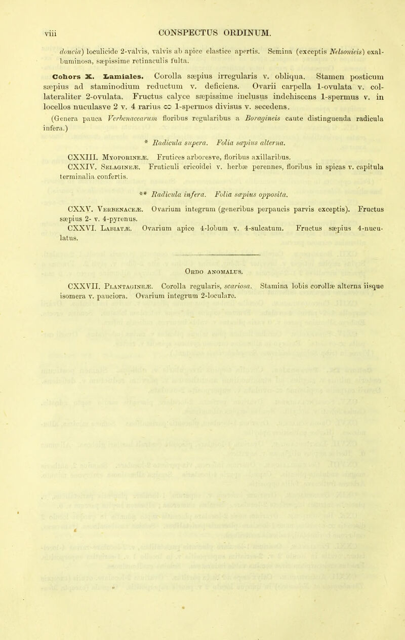 iloncin) loeiilicidc 2-valvis, valvis ali apiec clastiee aprrtis. Scmina (cxecptis NHsomeis) oxal- Iniminosa, ssepissime retinaeiilis lulta. Cohors X. Iiamiales. Corolla sa;pius irregiilaris v. oblicjua. Stamen posticum siepius ad staminodium reductum v. deficiens. Ovarii carpella 1-ovulata v. col- lateraliter 2-ovulata. Fructus calyce sfepissime inclusus indeliiscens 1-spermus v. in locellos nuculasve 2 v. 4 rarius co l-spennos divisus v. secedens. (Genera pauca Verhenacearu7n floribus regularibus a Boragincis caute distinguenda radicula infera.) * Eadicula supera. Folia sce^jius alterna. CXXIII. Myopoiiine^e. Frutioes arboresve, floribus axillaribus. CXXIV. SELAGiNEiE. Frutieuli erieoidei v. Iierbre pereiincs, floribus in spicas v. capitula terniinalia confertis. ** Eadicida infera. Fulia stppius opposita. CXXV. VerbenacejK. Ovarium integrum (generibus perpaucis parvis exceptis). Fructus ssepius 2- V. 4-pyrenus. CXXVI. LahiatjE. Ovarium apice 'i-lobum v. 4-suIcatum. Fructus ssepius 4-nucu- latus. OrDO ANOMALtlS. CXXVII. Pj,anta(;inr;e. Corolla regularis, scariosa. Stamina lobis corolloe alterna iisque isomera v. pauciora. Ovarium integrum 2-locul;iro.