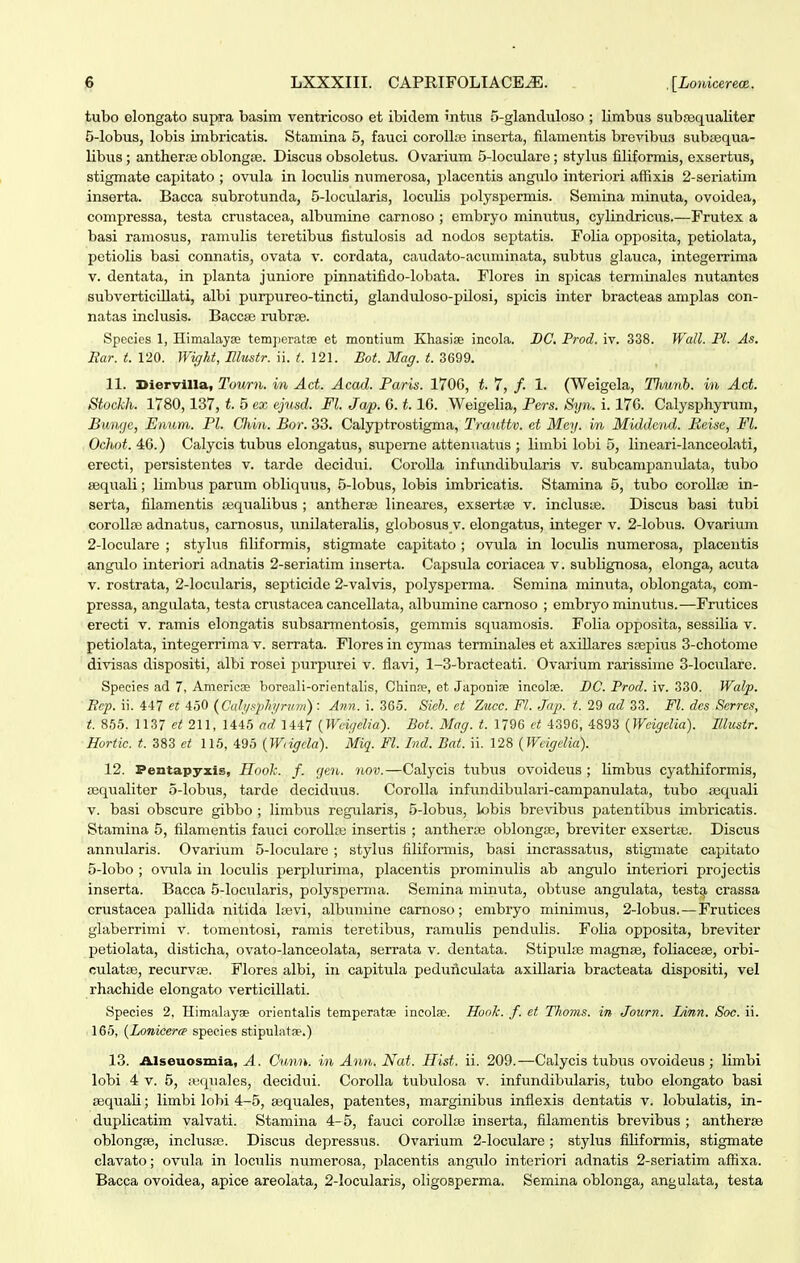 |S LXXXIII. CAPRIFOLIACE^. .[LonicerecB. tubo elongato supra basim ventricoso et ibidem intus 5-glanclulo30 ; limbus suba^qualiter 5-lobus, lobis imbricatis. Stamina 5, fauci corollae inserta, filamentis brevibus subsequa- libus; antherse oblongee. Discus obsoletus. Ovarium 5-loculare; stylus filiformis, exsertus, stigmate capitato ; ovula in loculis numerosa, placentis angulo interiori affixis 2-seriatim inserta. Bacca subrotunda, 5-locularis, loculis polyspermis. Semina minuta, ovoidea, compressa, testa crustacea, albumine carnoso ; embryo minutus, cylindricus.—Frutex a basi ramosus, ramulis teretibus fistulosis ad nodos septatis. Folia opposita, petiolata, petiolis basi connatis, ovata v. cordata, caudato-acuminata, subtus glauca, integerrima V. dentata, in planta juniore pinnatifido-lobata. Flores in sjncas terminales nutantes subverticillati, albi purpureo-tincti, glanduloso-pilosi, spicis inter bracteas amplas con- natas inclusis. Baccse rubrse. Species 1, Himalayae temijeratae et montium Khasise incola. BC. Prod. iv. 338. Wall. Pl. As. Rar.t.VlO. Wight, Illustr. Vi. t. Bot. Mag. t. 11. Biervilla, Tourn. in Ad. Acad. Paris. 170G, t. 7, /. 1. (Weigela, TJmnb. in Act. Stockh. 1780,137, t. 5 ex ejusd. Fl. Ja/p. 6.1.16. Weigelia, Pers. Syn. i. 176. Calysphyrum, Buncjc, Eiium. Pl. Chin. Bor. 33. Caljq)trostigma, Trauttv. et Mey. in Middcnd. lieise, FL OcJhot. 4:G.) Calycis tubus elongatus, siipeme attenuatus ; limbi lobi 5, lineari-lanceolati, erecti, persistentes v. tarde decidui. Corolla infundibularis v. subcampanulata, tubo sequali; limbus parum obliquus, 5-lobus, lobis imbricatis. Stamina 5, tubo corolloe in- serta, filamentis asqualibus ; antheraj lineares, exsertse v. inclusie. Discus basi tubi corollfe adnatus, carnosus, imilateralis, globosus v. elongatus, integer v. 2-lobus. Ovarium 2-loculare ; stylus filiformis, stigraate capitato ; ovula in loculis numerosa, placentis angulo interiori adnatis 2-seriatim inserta. Capsula coriacea v. sublignosa, elonga, acuta V. rostrata, 2-locularis, septicide 2-valvis, polysperma. Semina minuta, oblongata, com- pressa, angulata, testa crustacea cancellata, albumine camoso ; embryo minutus.—Frutices erecti v. ramis elongatis subsarmentosis, gemmis squamosis. Folia opposita, sessilia v. petiolata, integerrima v. serrata. Flores in cymas terminales et axillares scepius 3-chotome di^visas dispositi, albi rosei purpurei v. flavi, 1-3-bracteati. Ovarium rarissime 3-loculare. Species ad 7, Americse boreali-orientalis, Chinne, et Japonise incolae. DC. Prod. iv. 330. Walp. Rep. ii. 447 et 450 {Cali/sph/rum): Ann. i. 365. Sieh. et Zucc. Fl. Jap. t. 29 ad 33. Fl. des Serres, t. 856. 1137 et 211, 1445 ad 1447 {Wcigelia). Bot. Mag. t. 1796 ct 4396, 4893 {Weigelia). ILlustr. Hortic. t. 383 et 115, 495 {Wngclct). Miq. Fl. Ind. Bat. ii. 128 {Weigelia). 12. Fentapjrxis, Hooh. f. gen. nov.—Calycis tubus ovoideus ; limbus cyathiformis, sequaliter 5-lobiis, tarde deciduus. Corolla infimdibulari-campanulata, tubo sequali V. basi obscure gibbo ; limbus regularis, 5-lobus, lobis brevibus patentibus imbricatis. Stamina 5, filamentis fauci corollai insertis ; antherse oblongie, breviter exsertse. Discus annularis. Ovarium 5-loculare ; stylus filifomiis, basi incrassatus, stigmate capitato 5-lobo ; ovula in loculis perplurima, placentis prominulis ab angulo interiori projectis inserta. Bacca 5-locularis, polysperma. Semina minuta, obtuse angulata, testq, crassa cmstacea pallida nitida hievi, albumine camoso; enibryo minimus, 2-lobus.—Frutices glaberrimi v. tomentosi, ramis teretibus, ramulis pendulis. Folia opposita, breviter petiolata, disticha, ovato-lanceolata, serrata v. dentata. Stipulfe magnse, foliacese, orbi- culatse, recurviB. Flores albi, in capitula peduiiculata axillaria bracteata dispositi, vel rhachide elongato verticillati. Species 2, Himalayse orientalis temperatse incolae. Hook. f. et Thoms. in Journ. lAnn. Soc. ii. 166, {Lonicercp species stipulatse.) 13. Alseuosmia, A. Cunn. in Ann. Nat. Hist. ii. 209.—Calycis tubus ovoideus ; limbi lobi 4 v. 5, aequales, decidui. CoroUa tubulosa v. infundibularis, tubo elongato basi sequali; limbi lobi 4-5, sequales, patentes, marginibus inflexis dentatis v. lobulatis, in- duplicatim valvati. Stamina 4-5, fauci coroUse inserta, filamentis brevibus ; antherfe oblongfe, inclusBO. Discus depressus. Ovarium 2-loculare ; stylus filiformis, stigmate clavato; ovula in loculis numerosa, placentis angulo interiori adnatis 2-seriatim affixa. Bacca ovoidea, apice areolata, 2-Iocularis, oligosperma. Semina oblonga, angulata, testa