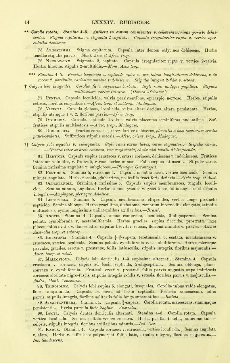 ** Corolla rotata. Stamina 4-6. Antherm in conum conniventes v. cohmrentes, rimis porisve dehis- centcs. Stigma capitatum, v. siigmata 2 capitata. Capsula irrcgulariter rupta v. vcrtice crper- culatim dehiscens. 75. AEnosTEMMA. Stigraa capitatum. Capsula inter dentcs calyclnos doliiscens. Herbae tenellae stipulis parvis.—Mont. Asice et Afric. trop. 76. Neurocai-yx. Stigmata 2, capitata. Capsula irregulariter rupta v. vertice 2-valvis. Herbae hirsutae, stipulie 2-multifidis.—Mont. Asice trop. *** Stamina 4-5. Fructus loculicide v. septicide apice v. per totam longitudincm dchiscens, v. in coccos 2 partibilis, rarissim£ omnino indchiscens, Stipulce intcgrcB 2-fid<B v. sctosce. t Calycis lobi incequalcs. CoroUce faux saipissimc barhata. Sti/li rami undique papillosi. StipulcB multisefosoe, rarius intcgrce. (Omncs Africance.') 77. Pentas. Capsubi loculieida, valvis persistentibus, epicarpio nervoso. Horbse, stipulis setosis, fioribus corymbosis.—Afric. trop. et subtrop., Madagasc. 78. Virecta. Capsula globosa, loculicida, valva altera decidua, altera persistcnte. Herbae, stipulis utrinque 1 v. 2, floribus parvis.—Afric. trop. 79. Otomeria. Capsula septicido 2-valvis, valvis pbicent;is seminiforas nudantibus. Suf- frutices, stipulis multisotosis.—A ri£. trop., Madagaso. 80. DiRiciiLETiA.—Fructus coriaceus, irregulariter dehiseens,placentis a basi loculorum erectis pauci-ovulatis. Suffruticos stipulis setosis.—Afric. oricnt. trop., Madagasc. tt Calycis lobi wquales v. subcequales. Styli rami extus lceves, intus stigmatosi. Stipulce varice. — Gencra intcr se arcte connexa, imo confluentia, et vix nisi habitu disiingiicnda. 81. Hedyotis. CapsuLa s?epius crustacea v. crasse coriacea, dohisccns v. indehiscons. Frutices interdum volubiles, v. fruticuli, rarius herbse annua;. Folia ssepius latiuscubi. Stipulae variae. Semina rarissime angubita v. subglobosa.—Flercecpuc Gcrontogecs. 82. Pentodon. Stamina 6, rarissime 4. Capsubi membranacea, vertiee loculicida. Semina minuta, angulata. Herba flaccida, glaberrima, pedicellis fructiforis deflexis.—Afric. trop. et Aust. 83. Oldeni-andia. Stamina 4, rarissime 5. Capsula saepius membranacea, turgida, loculi- cida. Semina minuta, angulata. Herboe ssepius graciles v. gracillimae, foliis angustis et stipulis integris.—AmphigecB, plerceque Asiaticce. 84. Leptoscela. Stamina 5. Capsula membranacea, ellipsoidea, vertice longe producto septicido. Semina oblonga. Herba gracillima, dichotoma, ramorum internodiis elongatis, stipulis multisetosis, cymis lougissimis unilateralibus axiUaribus.—Brasil. 85. Anotis. Stamina 4. Capsula ssepius compressa, loculicida, 2-oligosperma. Semina peltata cymbiformia v. acetabuliformia. Herbce graciles, ssepius flaccidae, prostratae, laxe pilosse, foliis ovatis v. lanceolatis, stipulis breviter setosis, floribus minutis v. parvis.—Asia et Australia trop. et subtrop. 86. HousTONiA. Stamina 4. Capsula |—|-supera, teretiuscula v. costata, membranacea v. crustacea, vertice loculicida. Semina peltata, cymbiformia v. acetabuliformia. Herbae, pleraeque parvulse, graciles, erectae v. prostratae, foliis latiusculis, stipulis intogris, floribus majusculis.— Amer. ternp. et calid. 87. Mallostoma. Calycis lobi denticulis 1-3 saepissime alternati. Stamina 4. Capsula crustacea v. coriacea, ssepius ad basin septicida, 2-oIigosperma. Semina oblonga, plano- convexa v. cymbiforraia. Fruticuli ereeti v. prostrati, foliis parvis angustis esepe imbricatis coriaceis siccitate nigro-fuscis, stipulis integris 2-fidis v, setosis, floribus parvis v. majusculis.— Andes., Mont. Vcneeuelce. 88. Teinosolen. Calycis lobi saepius 5, elongati, insequales. Corollae tubus valde elongatus, fauce campanulata. Capsida crustacea, ad basin septicida. Frutices ramosissimi, foliis parvis, stipulis integris, floribus solitariis folia longe superantibus.—Bolivia. 89. Synaptanthera. Stamina4. Capsula |-supera. CoroIIarotata, marcescens, staminaque persistentia. Herba parrula facie Sagince.—Australia. 90. Ltjcya. Calycis dentes denticulis alternati. Stamina 4-5. CoroIIa rotata. Capsula vertice loculicida. Semina peltata ventre coneava. Herba pusilla, tenella, radicibus tuber- culosis, stipulis integris, floribus axillaribus minutis.—Ind. Occ. 91. Kadua. Stamina 4. Capsula coriacea v. carnosula, vertice loculicida. Semina angulata V. alata, Herbae v. sufFrutices polymorphi, foliis latis, stipulis intogris, floribus majusculis,— Ins. Sandvicens.