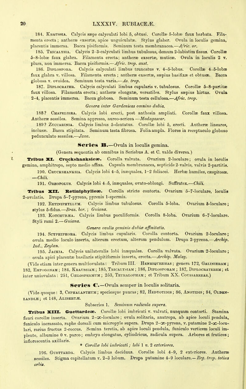 184. Kraussia. Calycis saepe calyculati lobi 5, olitusi. Corollae 5-loba3 faux barbata. Fila- menta erecta ; antherae exsertae, apice unguiculatae. Stylus glaber. Ovula in loculis gemina, plaeentis immersa. Bacca pisiformis. Seminum testa membranacea.—A fric. or. 185. Tricalysia. Calycis 2-3-ealyculati limbus tubulosus, demum 2-labiatim fissus. CoroUse S-S-lobse faux glabra. Filamonta erecta; antherse exsertse, muticse. Ovula in loculis 2 v. plura, non immersa. Bacca pisiformis.—Afric. trop. aust. 186. DiPLOSPORA. Calycis calyculati limbus truncatus v. 4-5-lobus. Corollse 4-5-lobae faux glabra v. villosa. Filamenta erecta ; antherse exsertse, ssepius basifixae et obtusse. Bacca globosa V. ovoidea. Seminum testa varia.—As. trop. 187. Dipi-ocRATEB. Calycis calyculati limbus cupularis v. tubulosus. CoroUae 6-8-partit8e faux villosa. Filamenta erecta; antherse elongatse, versatiles. Stylus ssepius hirtus. Ovuia 2-4, placentis immersa. Bacca globosa. Seminum testa eellulosa.—Afnc. irop. Genera inter Gardenieas omnino dubia. 188? Chapelieba. Calycis lobi erecti, post anthesin ampliati. Corollas faux villosa. Antherse sessiles. Semina appressa, aureo-sericea—Madagascar. 189? ZuccABiNiA. Calycis limbus 5-dentatus. Corollse lobi 5, erecti. Antherae lineares, inclusse. Bacca stipitata. Seminum testa fibrosa. Foliaampla. Flores in receptaculo globoso pedunculato sessiles.—Java. Serie.s B.—Ovula in loculis gemina. (Genera sequentia ab omnibus in Seriebus A. et C. valde diversa.) Tribus XX. Crucksbanksleae. Corolla valvata. Ovarium 2-loculare; ovula in loculis gemina, amphitropa, septo medio affixa. Capsula membranacea, septicide 2-valvis, valvis 2-partitis. 190. CEtrcKSHANKSLA. Calycis lobi 4-5, inscquales, 1-2 foliacei. Herbae humiles, caespitosse. —Chili. 191. Oreopolus. Calycis lobi 4-5, inaequales, ovato-oblongi. SufFrutex.—Chili. Trlltus XXI. Retlnlpbylleee. CoroLla stricte contorta. Ovarium 5-7-loculare, loculis 2-ovulatis. Drupa 5-7-pyrena, pyrenis l-spermis. 192. Eetiniphtllum:. Calycis limbus tubulosus. CoroUa 5-Ioba. Ovarium 5-loculare; stylus 5-fidus.—Bras. bor. ; Guiana. 193. Kotchub.s;a. Calycis lirabus poculiformis. CoroIIa 8-Ioba. Ovarium 6-7-loculare, Styli rami 2.— Guiana. Genera ovulis geminis dubics affinitatis. 194. ScTPHiPHOBA. Calycis limbus cupularis. CoroUa contorta. Ovarium 2-locuIare; ovula medio loculo inserta, alterum erectum, altenim pendulum. Drupa 2-pyrena.—Archip. Ind., Zeylan. 195. Jackia. Calyeis unilateralis lobi inoequales. Corolla valvata. Ovarium 2-locuIaro ; ovula apici plaeentse basilaris stipitiformis inserta, erecta.—Archip. Malay. (Vide etiam inter genera multiovulata: Tribum III. HENBiauEziEAS ; genera 172, Galinieeam ; 182, Empogonam ; 184, Keaussiaji ; 185, Tricalysiam ; 186, Diplosporam ; 187, Diplocbateeem ; et iuter uniovulata : 251, Ccelospbemum ; 253, Tetealopham ; et Tribum XX. Coussaekeas.) Series C—Ovula semper in loculis solitaria. (Vide quoque : 3, Cephalanthum ; speciesque paucas; 82, Hedyotidis ; 86, Anotidis ; 84, Olbbn- LANDi.»;; et 148, Alibebt.b. Subseries 1. Seminum radicida supera. Trlbus XXXX. Cuettardeae. Corollfe lobi imbricati v. valvati, nunquam contorti. Stamina fauci corollEe inserta. Ovarium 2-Go-IocuIare ; ovula solitaria, anatropa, ab apice loculi pendula» funiculo incrassato, raphe dorsali cum micropyle supera. Drupa 2-oo-pyr6na, v. putamine 2-oo-locu- lari, rarius fructus 2-coccus. Semina teretia, ab apice loculi pendula, funiculo verticem loculi im- plente, albumine 0 v. parco; embryo elongatus, cylindricus, radicula supera. Arbores et frutices ; inflorescentia axillaris. * Corollm lobi imbricati ; lobi 1 v. 2 exteriores. 196. Guettaeda. Calycis limbus deciduus. CoroIIse lobi 4-9, 2 extpriores. Antherae eessiles. Stigma capitellatum v. 2-3 lobum. Drupa putamine 4-9 loculare.—i??^. trop. totius orbi».