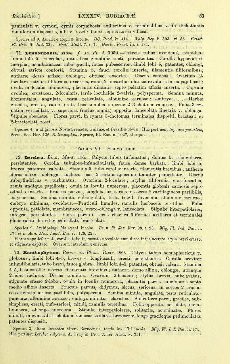 paniculati v. cymosi, cymis corymbosis axillaribua v. terminalibua v. in dichotemiis ramuloram dispositis, albi v. rosei ; fauce ssepius aureo-villosa. Species ad 9, Americae tropicee incolae. DC. Prod. iv. 414. Walp. Bep. ii. 503 ; vi. 58. Griseb. Fl. Brit. W. Ind. 329. Endl. Ataht. 7. t. 7. Gartn. Fruct. iii. t. 184. 71. Iiimnoslpania, Sook. f. Ic. Pl. t. 1050.—Calycis tubus ovoideus, hispidus ; limbi lobi 5, lanceolati, intus basi glandulis aucti, persistentes. CoroUa hypocrateri- morpha, membranacea, tubo gracili, fauce pubescente ; limbi lobi 5, patentes, oblongi, obtusi, stricte contorti. Stamina 5, fauci corollse inserta, filamentis filiformibus ; antherse dorso afiixee, oblongse, obtusBe, exsertse. Discus conicus. Ovarium 2- loculare ; stylus filiformis, exsertus, ramis 2 linearibus obtusis revolutia intus papillosis ; ovula in loculis numerosa, placentis dilatatis septo peltatim affixis inserta. Capsula ovoidea, crustacea, 2-locularis, tarde loculicide 2-valvis, polysperma. Semina minuta, horizontalia, angulata, testa reticulata, albumine carnoso ; embryo . . .—Herbse graciles, erectse, caule tereti, basi simplici, superne 2-3-chotome ramosse. Folia 3-30- natim verticillata v. superiora (rarius omnia) opposita, lanceolata linearia v. oblonga. Stipulse obsoletse. Flores parvi, in cymas 3-chotomas terminales dispositi, bracteati et 2-bracteolati, rosei. Species 4, in uliginosis Novse Grenadee, Guianse, et Brasilise obviae. Huc pertinent Sipanea jJalusiris, Seem. Bot. Her. 136, S. limnophila, Spruce, Pl. Exs. n. 1027, aliseque. Tkibus VI. Hedyotide^. 72. ILerchea, Linn. Mant. 155,—Calycis tubus turbinatus ; dentes 5, triangulares, persistentes. Corolla tubuloso-infundibularis, fauce dense barbata ; limbi lobi 5, breves, patentes, valvati. Stamina 5, tubo corollse inserta, filamentis brevibus ; antherse idorso affixse, 'oblongse, inclusse, basi 2-partita apiceque tenuiter penicillatse. Discus subcylindricus v. turbinatus. Ovarium 2-loculare ; stylus filiformis, crassiusculus, ramis undique papillosis ; ovula in loculis numerosa, placentis globosis carnosis septo adnatis inserta. Fructiis parvus, subglobosus, serius in coccos 2 cartilagineos partibilis, polysperma. Semina minuta, subangulata, testa fragili foveolata, albumine carnoso ; embryo minimus, ovoideus.—Fruticuli humiles, ramulis herbaceis teretibus. Folia opposita, petiolata, membranacea, ovato-oblonga v. lanceolata. Stipulge interpetiolares, integrffi, persistentes. Flores parvuli, secus rhaches filiformes axillares et terminales glomerulati, breviter pedicellati, bracteolati. Species 2, Archipelagi Malayani incolae. Benn. Pl. Jav. Ear. 98, t, 23. Miq. Fl. Ind. Bat. ii. 176 et in Ann. Mus. Lugd. Bat. iv. 128, 223. Flores saepe deformati, corollse tubo incrassato urceolato cum disco intus accreto, stylo brevi crasso, et stigmate capitato. Ovarium interdum 3-merum. 73. Xantbopbytum, Reinw. in Blnm. Bijdr. 989,—Calycis tubus hemisphsericus v. globosus ; limbi lobi 4-5, breves v. longiusculi, erecti, persistentes. Corolla breviter infundibularis, tubo brevi, fauce glabra ; limbi lobi 4-5, patentes, obtusi, valvati. Stamina 4-5, basi coroUse inserta, filamentis brevibus ; antherse dorso affixse, oblongse, utrinque 2-fidse, inclusse. Discus tumidus. Ovarium 2-IocuIare; stylus brevis, subclavatus, stigmate crasso 2-lobo ; ovula in loculis numerosa, placentis parvis subglobosis septo medio affixis inserta. Fructus parvus, didymus, siccus, sericeus, in coccos 2 crusta- ceos hemisphsericos partibilis, polysperma. Semina minuta, angulata, testa reticulato- punctata, albumine carnoso; embryo minutus, clavatus.—SuSrutices parvi, graciles, sub- simplices, erecti, rufo-sericei, nitidi, ramulis teretibus. Folia opposita, petiolata, mem- branacea, oblongo-Ianceolata. Stipulte interpetiolares, solitarise, acuminatse. Flores minuti, in cymas di-trichotome ramosas axillares breviter v. longe gracileque pedunculatas patentes dispositi. Species 3, altera Javanica, altera Borneensis, tertia ins. Fiji incola. Miq. Fl. Ind. Bat. ii. 175.