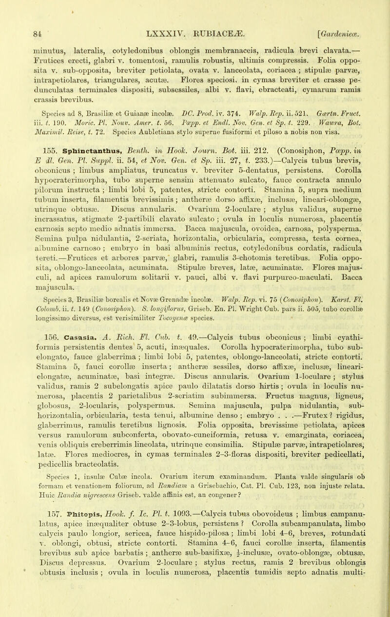 minutus, latcralis, cotyledonibus oblongis membranaceis, radicula brevi clavata.— Frutices erecti, glabri v. tomentosi, ramulis robustis, ultimis compressis. Folia oppo- sita V. sub-opposita, breviter petiolata, ovata v. lanceolata, coriacea ; stipuliB parvse, intraiietiolares, triangulares, acutte. Flores speciosi, iii cymas breviter et crasse pe- dunculatas terminales dispositi, subsessiles, albi v. fiavi, ebracteati, cymarum ramis crassis brevibus. Species <ad 8, Brasilise et Guianae incolae. DC. Prod. W. 374:. Walp. Rep.u.b2\. Gertn. Frwt. iii. t. 190. Moric. Pl. Nouv. Amer. t. 56. Peepp. et Endl. Nov. Gen. et Sp. t. 229. Wawra, Bot. Maximil. Rcise, t. 7'2. Species Aubletiana stylo superne fusiformi et piloso a nobis non visa. 155. Spbinctantiius, Benth. in Hook. Journ. Bot. iii. 212. (Conosiphon, Pcepp. in E dl. Gen. Pl. SnpjA. ii. 54, et Nov. Gen. et Sp. iii. 27, t. 233.)—Calycis tubus brevis, obconicus ; limbus amiiliatus, truncatus v. breviter 5-dentatus, persistens. CoroUa hypocraterimorpha, tubo superne sensim attenuato sulcato, fauce contracta annulo pilorum instructa ; Umbi lobi 5, patentes, stricte contorti. Stamina 5, supra medium tubum inserta, filamentis brevissimis ; antherte dorso affix;B, inchispe, Uneari-oblongse, utrinque obtusa3. Discus annularis. Ovarium 2-loculare ; styhis vaUdus, superne incrassatus, stigmate 2-partibiU clavato sulcato ; ovula in locuUs numerosa, pLacentis carnosis septo medio adnatis immersa. Bacca majviscula, ovoidea, carnosa, polysperma. Semina pulpa nidulantia, 2-seriata, horizontaha, orbiciilaria, compressa, testa cornea, albumine carnoso ; embryo in basi albuminis rectus, cotyledonibus cordatis, radicula tereti.—Frutices et arbores parvte, glabri, ramulis 3-chotomis teretibus. FoUa oppo- sita, oblongo-Ianceolata, acuminata. StipuLie breves, latse, acuminatse. Flores majus- cuU, ad apices ramulorum solitarii v. pauci, albi v. flavi purpureo-maculati. Bacca majuscula. Species 3, BrasiUse borealis et Novse Grenadse incolae. Wcdp. Rep. vi. 75 {Cnnusiphon). Karst. Fl. Colomb. ii. t. 149 (Conosiphon). S. loiiyijlorus, Griseb. En. PL Wright Cub. pars ii. 505, tubo coroUie longissiuio divursus, est verisimiliter Tucoyenm species. 156. Casasia. A. Rich. Fl. Cub. t. 49.—Calycis tubus obconicus ; Umbi cyathi- formis persistentis dentes' 5, acuti, inajquales. CoroUa hypocraterimorpha, tubo sub- elongato, fauce glaberrima ; limbi lobi 5, patentes, oblongo-lanceolati, stricte contorti. Stamina 5, fauci coroUiie inserta; antherse sessiles, dorso affixte, inchxsse, Uneari- elongatre, acuminatfe, basi integrse. Discus annularis. Ovarium 1-loculare ; stylus validus, ramis 2 subekjngatis apice paulo dilatatis dorso hirtis ; ovula in locuUs nu- merosa, placentis 2 parietalibus 2-seriatim subiramersa. Fructus magntis, ligneus, globosus, 2-locularis, polyspermus. Semina majuscula, pulpa nidulantia, sub- horizontaUa, orbicularia, testa tenui, albumine denso ; embryo . . .—Frutex ? rigidus, glaberrimus, ramuUs teretibus lignosis. FoUa opposita, brevissime petiolata, apices versus ramulorum subconferta, obovato-cuneiformia, retusa v. emarginata, coriacea, venis obliquis creberrimis lineolata, utrinque consimiUa. Stipulse parvse, intrapetiolares, latte. Flores mediocres, in cymas terminales 2-3-floras dispositi, breviter pediceUati, pedicellis bracteolatis. Species 1, insulae Cubae incola. Ovarium iterum examinandum. Planta valde singularis ob formam et venationem foliorum, ad Randiam a Grisebachio, Cat. PL Cub. 123, non injuste relata. Huic Randia nigrescens Griseb. valde affinis est, an eongener? 157. Phitopis, Soolc. f. Ic. Pl. t. 1093.—Calycis tubus obovoideus ; limbus campanu- latus, apice inpequaliter obtuse 2-3-lobus, persistens ? CoroUa subcampanulata, limbo calycis paulo longior, sericea, fauce hispido-pUosa; limbi lobi 4-6, breves, rotundati ■\. obh^ngi, obtusi, stricte contorti. Stamina 4-6, fauci coroUse inserta, filamentis brevibus sub apice barbatis ; antherse sub-basifixse, g-inclusse, ovato-oblongaj, obtusae. Discvis depressus. Ovaritim 2-Ioculare ; stylus rectus, ramis 2 brevibus oblongis obtusis inclusis ; ovula in locuUs numerosa, placentis tumidis scpto adnatis mtdti-