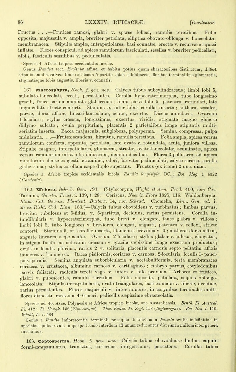 Fructus . . .—Frutices ramosi, glabri v. sparse foliosi, ramulis teretibus. Folia opposita, majuscula v. ampla, breviter petiolata, elliptica obovato-oblonga v. lanceolata, membranacea. Stipulaj amplfe, intrapetiolares, basi connatie, erectse v. recurvse et quasi inflatse. Flores conspicui, ad apices ramulorum fasciculati, sessilea v. breviter pedicellati, albi ?, fasciculis sessilibus v. pedunculatis. Speeies 4, Africse tropicae occidentalis incolse. Genus Bandim sect. Eudinite affine, et habitu potius qu.am cliaracteribus distinctum; differt stipulis iimplis, calycis limLo ad basin 5-partito lobis subfoliaceis, floribus termiualibus glomeratis, stigmatisque lobis angustis, liberis v. connatis. 161. Macrospbyra, Hoolc. f. gen. nov.—Calycis tubus subcylindraceus ; limbi lobi 5, siibulato-lanceolati, erecti, persistentes. CoroUa hypocraterimorplia, tubo longissimo gracili, fauce parum ampliata glaberrima ; limbi parvi lobi 5, patentes, rotundati, late unguiculati, stricte contorti. Stamina 5, inter lobos corollie inserta ; anthera; sessiles, parv£B, dorso affixae, linoari-lanceolatse, acutte, exsertae. Discus annularis. Ovarium 1-IocuIare ; stylus crassus, longissimus, exsertus, viridis, stigmate magno globoso didymo sulcato ; ovula perplurima, placentis 2 parietalibus longe stipitatis multi- seriatim inserta. Bacca majuscula, subglobosa, polysperma. Semina compressa, pulpa nidulantia. . .—Frutex scandens, hirsutus, ramulis teretibus. FoUa ampla, apices versus ramulorum conferta, opposita, petiolata, late ovata v. rotundata, acuta, juniora viUosa. Stipulse magnte, interpetiolares, glumacese, striatie, ovato-lanceolatse, acuminatie, apices versus ramulorum infra folia imbricatse, demum decidute. Flores 3-poUicares, ad apices ramulorum dense congesti, straminei, odori, breviter pedunculati, calyce sericeo, coroUa glaberrima ; stylus coroUam srepe duplo superans. Fi-uctus (ex icone) 2 unc. diam. Species 1, Africae tropicae occidentalis incola, Eandia lovgistyla, DC.; Bot. Mag. t. 4322 (^Gardenia). 162. Webera, Schreh. Gen. 794. (Stylocoryne, Wight et Arn. Prod. 400, non Cav. Tarenna, Gaertn. Fnvct. i. 139, t. 28. Ceriscus, Nees in Flora 1825, 116. Wahlenbergia, Blume Cat, Geivass. Plantent. Buitenz. 14, non Schrad. Chomelia, Linn. Gen. ed. i. 65 ex Bicht. Cod. Linn. 183.)—Calycis tubus obovoideus v. ttirbinatus ; limbus parvus, breviter tubulosus et 5-fidus, v. 5-partitus, deciduus, rarius persistens. Corolla in- fundibularis v. hypocraterimorpha, tubo brevi v. elongato, fauce glabra v. viUosa ; limbi lobi 5, tubo longiores v. breviores, elongati, angusti, patentes v. reflexi, stricte contorti. Stamina 5, ori coroUae inserta, filamentis brevibus v. 0 ; antherse dorso affixse, anguste lineares, stepe acutse. Ovaritim 2-IocuIare ; stylus glaber v. pilosus, elongatus, in stigraa fusiforme sulcatum crassum v. gracile stepissime longe exsertum productus ; ovula in loculis plurima, rarius 2 v. solitaria, placentis carnosis septo peltatim affixis immersa v. J-immersa. Bacca pisiformis, coriacea v. carnosa, 2-locularis, loculis 1- pauci- polyspermis. Semina angulata suborbicularia v. acetabuliformia, testa membranacea coriacea v. crustacea, albumine carnoso v. cartilagineo ; embryo jjarvus, cotyledonibus parvis foliaceis, radicula tereti vaga v. infera v. hUo proxima,-—Arbores et frutices, glabri v. pubescentes, ramulis teretibus. Folia opposita, petiolata, sagpius oblongo- lanceolata. Stipute intrapetiolares, ovato-triangulares, basi connatae v. liberte, deciduse, rarius persistentes. Flores majusculi v. inter minores, in corymbos terminales multi- floros dispositi, rarissime 4-6-meri, pediceUis stepissime ebracteolatis. Species ad 40, Asiae, Polynesise et Africee tropicse incolee, una Australiensis. Benth. Fl. Austral. iii. 412 ; Fl. Hongk. 156 {Stylocoryne). Thw. Enum. Pl. Zeyl. 158 {Stylocoryne). Bot. Beg. t. 119. WigU, Ic. t. 584. G-enus a Randia inflorescentia terminali prseeipue distinctum, a Pavetta ovulis indefinitis ; in speciebus quibus ovula in quoque lcculo interdum ad unum reducuntur discrimen nuUum inter genera invenimus. 163. Coptosperma, Hooh. /. gen. nov.—Calycis tubus obovoideus ; Hmbus cupuli- formi-campanulatus, truncatus, coriaceus, integerrimus, persistens. CoroIIfB tubus