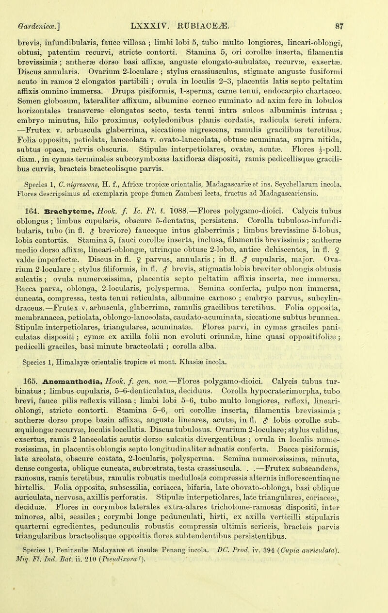brevis, infundibularis, fauce viUosa ; limbi lobi 5, tubo multo longiores, lineari-oblongi, obtusi, patentim recurvi, stricte contorti. Stamina 5, ori corollse inserta, filamentis brevissimis ; antherse dorao basi aflixse, anguste elongato-subulatfB, recurvte, exsertse. Discus annularis. Ovarium 2-loculare ; stylus crassiusculus, stigmate anguste fusiformi acuto in ramos 2 elongatos partibili ; ovula in loculis 2-3, placentis latis septo peltatim afiixis omnino immersa. Drupa pisiformis, 1-sperma, carne tenui, endocarpio chartaceo. Semen globosum, lateraliter afiixum, albumine corneo ruminato ad axim fere in lobulos horizontales transverse elongatos secto, testa tenui intra sulcos albuminis intrusa ; embryo minutus, hUo proximus, cotyledonibus planis cordatis, radicula tereti infera. —Frutex v. arbiiscula glaberrima, siccatione nigrescens, ramulis gracilibus teretibus. Folia opposita, petiolata, lanceolata v. ovato-lanceolata, obtuse acuminata, siipra nitida, subtus opaca, nervis obscuris. Stipulse interpetiolares, ovatfe, acutse. Flores ^-poll. diam., in cymas terminales subcorymbosas laxifloras dispositi, ramis pedicellisque gracili- bus curvis, bracteis bracteolisqtie parvis. Species 1, C.nigrescens, H. f., Africae tropicse orientalis, Madagaseariae et ins. Seychellarum incola. Flores descripsimus ad exemplaria prope flumen Zambesi lecta, fructus ad Madagascariensia. 164. Bracbytome, Hook. f. Ic. Pl. t. 1088.—Flores polygamo-dioici. Calycis tubus oblongus ; limbus cupularis, obscure 5-dentatus, persistens. CoroIIa tubuloso-infundi- bularis, tubo (in fl. $ breviore) fauceque intus glaberrimis ; limbus brevissime 5-Iobus, lobis contortis. Stamina 5, fauci corollse inserta, inclusa, filamentis brevissimis ; antherae medio dorso afiixse, lineari-oblongse, utrinque obtuse 2-IobBe, antice dehiscentes, in fl. J valde imperfectse. Discus in fl. } parvus, annularis ; in fl. $ cupularis, major. Ova- rium 2-IocuIare ; stylus filiformis, in fl. $ brevis, stigmatis lobis breviter oblongis obtusis sulcatis ; o^iila numerosissima, placentis septo peltatim aflixis inserta, nec immersa. Bacca parva, oblonga, 2-Iocidaris, polysperma. Semina conferta, pulpo non immersa, cuneata, compressa, testa tenui reticulata, albuniine carnoso ; embryo parvus, subcylin- draceus.—Frutex v. arbuscula, glaberrima, ramulis gracUibus teretibus. Folia opposita, membranacea, petiolata, oblongo-lanceolata, caudato-acuminata, siccatione subtus brunnea. Stipulse interpetiolares, triangiUares, acuminatse. Flores parvi, in cymas graciles pani- culatas dispositi ; cymse ex axUIa folii non evoluti oriundae, hinc quasi oppositifolise; pediceUi graciles, basi minute bracteolati ; corolla alba. Speeies 1, Himalayse orientalis tropicse et mont. Khasiae ineola. 165. Anomantbodia, Hook. f. gen. nov.—Flores polygamo-dioici. Calycis tubus tur- binatus ; limbus cupularis, 5-6-denticuIatus, deciduus. CoroUa hypocraterimorpha, tubo brevi, fauce pilis reflexis villosa ; limbi lobi 5-6, tubo multo longiores, reflexi, lineari- oblongi, stricte contorti. Stamina 5-6, ori corollse inserta, filamentis brevissimis; antherse dorso prope basin afiixai, anguste lineares, acutse, in fl. <^ lobis corollse sub- Eequilongse recurv83, loculis locellatis. Discus tubulosus. Ovarium 2-IocuIare; stylus validus, exsertus, ramis 2 lanceolatis acutis dorso sulcatis divergentibus ; ovula in loculis nume- rosissima, in placentis oblongis septo longitudinaliter adnatis conferta. Bacca pisiformis, late areolata, obscure costata, 2-IocuIaris, polysperma. Semina numerosissima, minuta, dense congesta, oblique cuneata, subrostrata, testa crassiuscula. . .—Fnitex subscandens, ramosus, ramis teretibus, ramulis robustis medullosis compressis alternis infiorescentiaque birtellis. Folia opposita, subsessilia, coriacea, bifaria, late obovato-oblonga, basi oblique auriculata, nervosa, axillis perforatis. Stipulse interpetiolares, late triangulares, coriacese, deciduse. Flores in corymbos laterales extra-alares trichotome-ramosas dispositi, inter minores, albi, sessiles ; corymbi longe pedunculati, hirti, ex axilla verticilli stipularis quartemi egredientes, pedunculis robustis compressis ultimis sericeis, bracteis parvis triangularibus bracteolisque oppositis fiores subtendentibus persistentibus. Species 1, Peninsulae Malayanse et insulse Penang incola. DC. Prod. iv. 394 {Cupia auriculaia). Miq. F/. Ind. Bat. ii. 210 {Pseitdixoral).