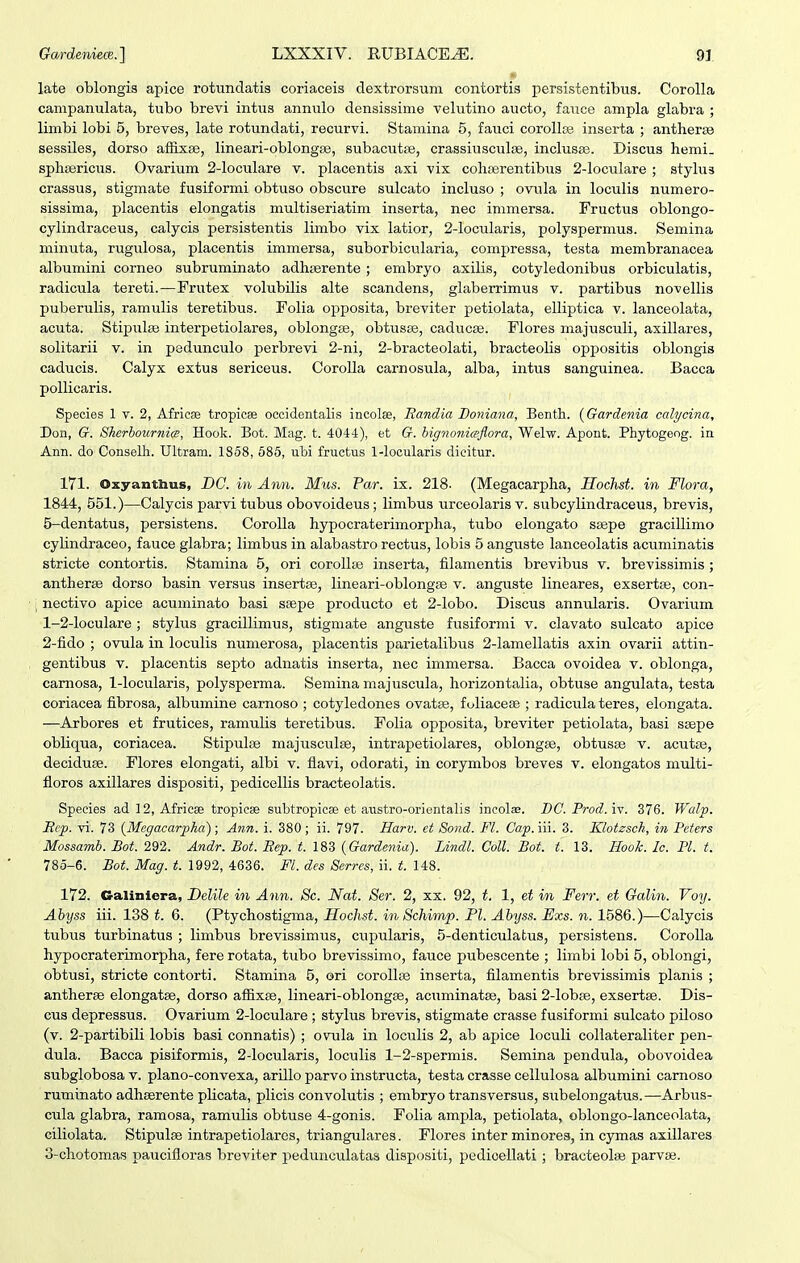 late oblongia apice rotundatis coriaceis dextrorsum contortis persistentibus. Corolla campanulata, tubo brevi intus annulo densissime velutino aucto, fauce ampla glabra ; limbi lobi 5, breves, late rotundati, recurvi. Stamina 5, fauci corollse inserta ; antherte sessiles, dorso aflix£e, lineari-oblongse, subacutte, crassiusculte, inclusse. Discus hemi. sphasricus. Ovarium 2-loculare v. placentis axi vix coliEBrentibus 2-lociiIare ; stylus crassus, stigmate fusiformi obtuso obscure sulcato incluso ; ovula in loculis numero- sissima, placentis elongatis multiseriatim inserta, nec immersa. Fructus oblongo- cylindraceus, calycis persistentis limbo vix latior, 2-locularis, polyspermus. Semina minuta, rugulosa, placentis immersa, suborbicularia, compressa, testa membranacea albumini corneo subruminato adhterente; embryo axilis, cotyledonibus orbiculatis, radicula tereti.—Frutex volubilis alte scandens, glaberrimus v. partibus novellis puberulis, ramulis teretibus. Folia opposita, breviter petiolata, elliptica v. lanceolata, acuta. Stipulse interpetiolares, oblongte, obtusas, caduc£e. Flores majusculi, axillares, solitarii v. in pedunculo perbrevi 2-ni, 2-bracteoIati, bracteolis oppositis oblongis caducis. Calyx extus sericeus. Corolla carnosula, alba, intus sanguinea. Bacca pollicaris. Species 1 v. 2, Africse tropicas occidentalis incolse, JRandia Boyiiana, Benth. {Gardenia calycina, Don, G. Sherbournice, Hook. Bot. Mag. t. 4044), et G. hignoniaflora, Welw. Apont. Phytogeog. in Ann. do Conselh. Ultram. 1858, 685, ubi fructus 1-locularis dieitur. 171. Oxyanthus, DQ. in Ann. Mus. Par. ix. 218- (Megacarpha, Hochst. in Flora, 1844, 551.)—Calycis parvi tubus obovoideus; limbus urceolarisv. subcylindraceus, brevis, 5-dentatus, persistens. CoroIIa hypocraterimorpha, tubo elongato saspe gracillimo cylindraceo, fauce glabra; limbus in alabastro rectus, lobis 5 anguste lanceolatis acuminatis stricte contortis. Stamina 5, ori corollfe inserta, filamentis brevibus v. brevissimis ; antherse dorso basin versus insertse, lineari-oblongEe v. anguste lineares, exsertse, con- ; nectivo apice acuminato basi ssepe producto et 2-lobo. Discus annularis. Ovarium 1- 2-Ioculare ; stylus gracillimus, stigmate anguste fusiformi v. clavato sulcato apice 2- fido ; ovula in loculis numerosa, placentis parietalibus 2-IameIIatis axin ovarii attin- gentibus v. placentis septo adnatis inserta, nec immersa. Bacca ovoidea v. oblonga, carnosa, 1-locuIaris, polysperma. Semina majuscula, horizontalia, obtuse angulata, testa coriacea fibrosa, albumine carnoso ; cotyledones ovatas, foliacese ; radicula teres, elongata. —Arbores et frutices, ramulis teretibus. Folia opposita, breviter petiolata, basi stepe obliqua, coriacea. Stipulse majusculse, intrapetiolares, oblongse, obtus^ v. acutse, deciduag. Flores elongati, albi v. fiavi, odorati, in corymbos breves v. elongatos multi- floros axillares dispositi, pedicellis bracteolatis. Speeies ad 12, Africae tropicse subtropicse et aiistro-orientalis incolse. DC. Prod.i-v. 376. Walp. Bcp. vi. 73 {Megacarpha); Atm. i. 380; ii. 797. Harv. et Sond. Fl. Ca^. iii. 3. Klotzsch, in Peters Mossamb. Bot. 292. Andr. Bot. Eep. t. 183 (Gardenia). Lindl. Coll. Bot. t. 13. Hoolc. Ic. Pl. t. 785-6. Bot. Mag. t. 1992, 4636. Fl. des Serres, ii. t. 148. 172. Galiniera, Delile in Ann. Sc. Nai. Ser. 2, xx. 92, t. 1, et in Ferr. et Galin. Voy. Abyss iii. 138 t. 6. (Ptychostigma, Hochst. in Schimp. Pl. Abyss. Fxs. n. 1586.)—Calycis tubus turbinatus ; limbus brevissimus, cupularis, 5-denticulatus, persistens. CoroUa hypocraterimorpha, fere rotata, tubo brevissimo, fauce pubescente ; limbi lobi 5, oblongi, obtusi, stricte contorti. Stamina 5, ori corollse inserta, filamentis brevissimis planis ; antherae elongatse, dorso aflixEe, lineari-oblongse, acuminatse, basi 2-Iob£e, exsertse. Dis- cus depressus. Ovarium 2-IocuIare ; stylus brevis, stigmate crasse fusiformi sulcato piloso (v. 2-partibiIi lobis basi connatis) ; ovula in loculis 2, ab apice loculi collateraliter pen- dula. Bacca pisiformis, 2-locularis, loculis 1-2-spermis. Semina pendula, obovoidea subglobosa v. plano-convexa, arillo parvo instructa, testa crasse cellulosa albumini carnoso ruminato adhaerente pUcata, plicis convolutis ; embryo transversus, subelongatus.—Arbus- cula glabra, ramosa, ramulis obtuse 4-gonis. Folia ampla, petiolata, oblongo-lanceolata, ciliolata. Stipulse intrapetiolares, triangulares. Flores inter minores, in cymas axillares 3- chotomas paucifloras breviter pedunculatas dispositi, pedioellati ; bracteolse parvaj.