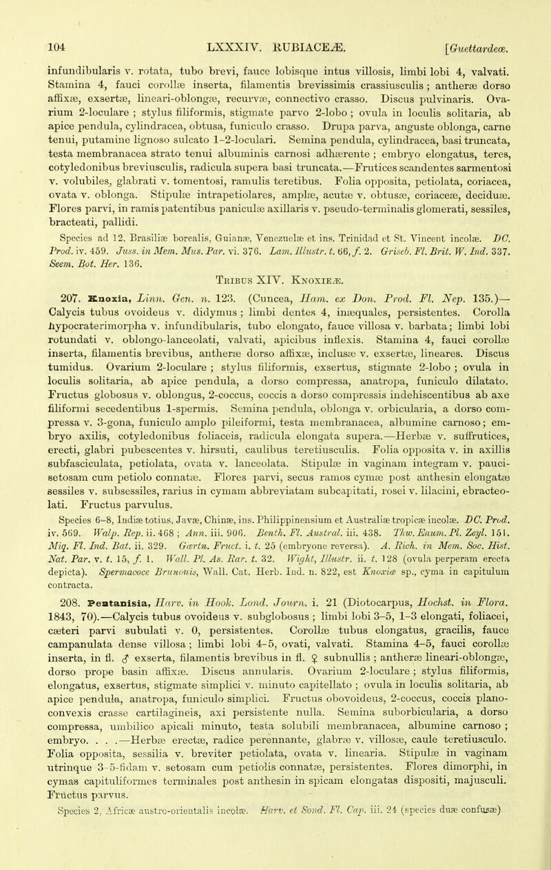 infuiidibularis v. rotata, tubo brevi, faiice lobisque intus villosis, limbi lobi 4, valvati. Stamina 4, fauci corollse inserta, filamentis brevissimis crassiusculis ; antherjje dorso affixie, exsertte, lineari-oblongpe, recurvie, connectivo crasso. Discus pulvinaris. Ova- rium 2-loc\xlare ; stylus filiformis, stigmate parvo 2-lobo ; ovula in loculis solitaria, ab apice pendula, cylindracea, obtusa, funiculo crasso. Drupa jjarva, anguste oblonga, carne tenui, putamine lignoso sulcato 1-2-loculari. Semina pendula, cylindracea, basi truncata, testa membranacea strato tenni albuminis carnosi adhrerente ; embryo elongatus, teres, cotyledonibns breviusculis, radicula supera basi truncata.—Frutices scandentes sarmentosi V. volubiles, glabrati v. tomentosi, ramulis teretibus. Folia opposita, petiolata, coriacea, ovata V. oblonga. Stipulis intrapetiolares, amplfB, acutte v. obtusne, coriacetE, deciduse. Flores parvi, in ramis patentibus paniculaj axillaris v. pseudo-terminalis glomerati, sessiles, bracteati, pallidi. Spocios ad 12, Brasiliae borealis, Guinnre, Venozuelse ot ins. Trinidail et 8t. Vineont incolae. BC. Prod. iv. '159. Juss. in Mc?n. Mus. Par. vi. 376. Lam. lllustr. t. 66,/. 2. Griseb. Fl. Brit. W. Ind. 337. Seem. Bot. Her. 136. Teibus XIV. Knoxiete. 207. Knoxia, Linn. Gen. n. 12.3. (Cuncea, Hum. ex Don. Prod. Fl. Nep. 135.)— Calycis tubus ovoideus v. didymus ; limbi dentes 4, intBquales, persistentes. Corolla hypocraterimorpha V. infundibularis, tubo elongato, fauce villosa v. barbata; limbi lobi rotundati v. oblongo-lanceolati, valvati, apicibus intlexis. Stamina 4, fauci corollie inserta, filamentis brevibus, antherse dorso affixije, inclusse v. exsertae, lineares. Discus tumidus. Ovarium 2-loculare ; stylus filiformis, exsertus, stigmate 2-lobo ; ovula in loculis solitaria, ab aj^ice pendula, a dorso compressa, anatropa, funiculo dilatato. Fructus globosus v. oblongus, 2-coccus, coccis a dorso compressis indehiscentibus ab axe filiformi secedentibiis l-sj^ermis. Semina pendida, oblonga v. orbicularia, a dorso com- pressa v. 3-gona, funiculo amplo pileiformi, testa membranacea, albumine carnoso; em- bryo axilis, cotyledonibus foliaceis, radicula elongata supera.—Herbce v. suffrutices, erecti, glabri pubescentes v. hirsuti, caulibus teretiusculis. Folia opijosita v. in axillis eubfasciculata, petiolata, ovata v. lanceolata. StipuliE in vaginam integram v. pauci- setosam cum petiolo connatfe. Flores parvi, secus ramos cymse post anthesin elongatte sessiles v. subsessiles, rarius in cymam abbreviatam subcapitati, rosei v. lilacini, ebracteo- lati. Fructus parvulus. Species 6-8, Indise totius, Javae, Chinse, ins. Philippinensium et Austriilise tropicse incolse. DC. Prod. iv. 669. Walj). ii.468 ; Ann. iii. 906. Benth. Fl. Austral. in. 438. Thw.Enum.Pl. Zeyl. 151. Miq. Fl. Pnd. Bat. ii. 329. Gartn. Fruct. i. t. 25 (embryone reversa). A. Bich. in Mcm. Soc. Hist. Nat. Par. v. t. 15, /. 1. Wall. Pl. As. Rar. t. 32. Wight, Illustr. ii. t. 128 (ovula perperam erocta depicta). Spermacoce Brunonis, Wall. Cat. Horb. Ind. n. 822, est Knoxice sp., cyma in capitulum contracta. 208. Peatanisia, Harv. in Hook. Lond. Journ. i. 21 (Diotocarpus, Hochst. in Flora. 1843, 70).—Calycis tubus oVoideus v. subglobosus ; limbi lobi 3-5, 1-3 elongati, foliacei, cseteri parvi subulati v. 0, persistentes. CoroUre tubus elongatus, gracilis, fauce campanulata dense villosa ; limbi lobi 4-5, ovati, valvati. Stamina 4-5, fauci corollaj inserta, in fl. ^ exserta, filamentis brevibus in fl. 5 subnullis ; antheroB lineari-oblongso, dorso prope basin affixje. Discus annularis. Ovarium 2-loculare; stylus filiformis, elongatus, exsertus, stigmate simplici v. minuto capitellato ; ovula in loculis solitaria, ab apice piendula, anatropa, funiculo simxilici. Fructus obovoideiis, 2-coccus, coccis plano- convexis crasse cartilagineis, axi persistente nulla. Semina suborbicularia, a dorso compressa, umbilico apicali minuto, testa solubili membranacea, albumine carnoso ; embryo. . . .—Herbaj erectse, radice perennante, glabrce v. villoste, caule teretiusculo. Folia opposita, sessilia v. breviter petiolata, ovata v. linearia. Stipulae in vaginam utrinque 3-5-fidam v. setosam cum petiolis connatfe, persistentes. Flores dimorphi, in cymaB capituliformes terminales post anthesin in spicam elongatas dispositi, majusculi. Frvictus parvus. Species 2, Africse austro-orieutalis incote. Harv. et Sond. Fl. Cajt. iii. 21 (species dure confiisas)