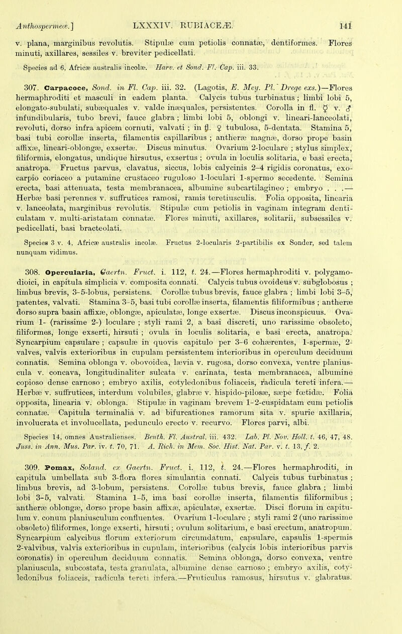 V. plana, marginibus revolutis. Stipulae cum petiolis connatse, dentiformes. Flores minuti, axillares, sessiles v. breviter pedicellati. Speeies ad 6, Africse australis incolae. Harv. et Sond. Fl. Cap. iii. 33. 307. Carpacoce, Sond. in Fl. Cap. iii. 32. (Lagotis, E. Mey. Pl.'Drege exs.)—Flores hermaphroditi et masculi in eadem planta. Calycis tubus turbinatus ; limbi lobi 5, elongato-subulati, subsequales v. valde intiequales, persistentes. Corolla in fl. ^ v. ^ infimdibularis, tubo brevi, fauce glabra ; limbi lobi 5, oblongi v. lineari-lanceolati, revoluti, dorso infra apicem cornuti, valvati ; in J tubulosa, 5-dentata. Stamina 5, basi tubi coroUaj inserta, filamentis capillaribus ; antherse magnoe, dorso prope basin affixaj, lineari-oblongse, exserta;. Discus minutus. Ovarium 2-loculare ; stylus simplex, filiformis, elongatus, undique hirsutus, exsertus ; ovula in loculis solitaria, e basi erecta, anatropa. Fructus parvus, clavatus, siccus, lobis calycinis 2-4 rigidis coronatus, exo- carpio coriaceo a putamine crustaceo ruguloso 1-loculari 1-spermo secedente. Semina erecta, basi attenuata, testa membranacea, albumine subcartilagineo ; embryo . . .— Herbse basi perennes v. sufFrutices ramosi, ramis teretiusculis. Folia opi^osita, linearia V. lanceolata, marginibus revolutis. Stipulse cum petiolis in vaginam integram denti- culatam v. multi-aristatam connatiB. Flores minuti, axillares, solitarii, subsessiles v. pedicellati, basi bracteolati. Species 3 v. 4, Africae australis incolae. Fructus 2-locularis 2-partibilis ex Sonder, sed talem nunquam vidimus. 308. Opercularia, Qaertn. Fruct. i. 112, t. 24.—Flores hermaphroditi v. polygamo- dioici, in capitula simplicia v. composita connati. Calycis tubus ovoideus v. subglobosus ; limbus brevis, 3-5-lobus, persistens. Corollfe tubus brevis, fauce glabra ; limbi lobi 3-5, patentes, valvati. Stamina 3-5, basi tubi corollae inserta, filamentis filiformibus ; antherte dorso supra basin afiixfe, oblongse, apiculatse, longe exsertpe. Discus inconspicuus. Ova- rium 1- (rarissime 2-) loculare ; styli rami 2, a basi discreti, uno rarissime obsoleto, filiformes, longe exserti, hirsuti ; ovula in lociilis solitaria, e basi erecta, anatropa; Syncarpium capsiilare ; capsulfe in quovis capitulo per 3-6 cohferentes, l-sperma3, 2- valves, valvis exterioribus in cupulam persistentem interioribus in operculum deciduum connatis. Semina oblonga v. obovoidea, Isevia v. rugosa, dorso convexa, ventre planius- c\ila V. concava, longitudinaliter sulcata v. carinata, testa membranacea, albumine copioso dense carnoso ; embryo axilis, cotyledonibus foliaceis, fadicula tereti infera.— Herbae v. sufFrutices, interdum volubiles, glabrfe v. hispido-pilosEe, sfepe foetidas. Folia opposita, linearia v. oblonga. Stipulse in vaginam brevem 1-2-cuspidatam cum petiolis connatas. Capitula terminalia v. ad bifurcationes ramorum sita v. spurie axillaria, involucrata et involucellata, peduncido erecto v. recurvo. Flores parvi, albi. Species 14, omnes Australienses. Benth. Fl. Austral. iii. 432. Lah. Pl. Nov. Holl. t. 46, 47, 48. Juss. in Ann. Mus. Par. iv. t. 70, 71. A. Rich. in Mem. Soc. Hist. Nat. Par. v. t. 13,/. 2. 309. Pomax, Soland. ex Gaertn. Fruct. i. 112, t. 24,—Flores hermaphroditi, in capitula umbellata sub 3-flora flores simulantia connati. Calycis tubus turbinatus ; limbus brevis, ad 3-Iob\im, persistens. Corollfe tubus brevis, fauce glabra ; limbi lobi 3-5, valvati. Stamina 1-5, ima basi corollfe inserta, filamentis filiformibus ; antherse oblongee, dorso prope basin affixse, apiculatse, exsertse. Disci florum in capitu- him V. conum planiusculum confluentes. Ovari\im 1-locuIare ; styli rami 2 (uno rarissime obsoleto) filiformes, longe exserti, hirsTiti; ovulum solitarium, e basi erectum, anatropum. Syncarpium calycibus florum exteriorum circumdatum, capsulare, capsulis l-spermis 2-vaIvibus, valvis exterioribus in cupulam, interioribus (calycis lf)bis interioribus parvis coronatis) in operculum deciduum connatis. Semina oblonga, dorso convexa, ventre planiuscula, subcostata, testa granulata, albumine dcnse carnoso ; embryo axilis, coty-