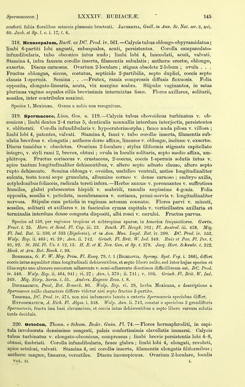 conferti foliis floralibus setaceis plumosis braeteati. Jaubertia, GuilL in Ann. Sc. Nat. ser. 2, xvi. 60. Jauh. et Sp. l. c. i. 17, t. 8. 318. Hexasepalum, Bartl. ex DC. Prod. iy^ 561.—Calycis tubus oblongo-obpyramidatus; limbi 6-partiti lobi angusti, subsequales, acuti, persistentes. Corolla campanulato- infundibularis, tubo obconico intus nudo; limbi lobi 4, lanceolati, acuti, valvati. Stamina 4, infra faucem corollse inserta, filamentis subulatis; antherse erectse, oblongse, exsertae. Discus carnosus. Ovarium 2-loculare ; stigma obsolete 2-lobum ; OTula . . . Fructus oblongus, siccus, costatus, septicide 2-partibiIis, septo duplici, coccis septo clausis 1-spermis. Semina . . .—Frutex, ramis compressis difFusis flexuosis. Folia opposita, elongato-linearia, acuta, vix margine scabra. Stipulse vaginantes, in setas plurimas vaginge sequales ciliis brevissimis intermixtas fissse. Flores axillares, solitarii, sessiles, inter contribules maximi. Species 1, Mexicana. Genus a nobis non recognitum. 319. Spermacoce, Linii. Gen. n. 119.—Calycis tubus obovoideus turbinatus v. ob- conicus ; limbi dentes 2-4 rarius 5, denticulis nonnullis interdum interjectis, persistentes V. obUterati. CoroUa infundibularis v. hypocraterimorpha ; fauce nuda pilosa v. villosa ; limbi lobi 4, patentes, valvati. Stamina 4, fauci v. tubo corollae inserta, filamentis sub- ulatis brevibus v. elongatis ; antherse dorso affixBe, lineares v. oblongse, inclusse v. exsertae. Discus tumidus v. obsoletus. Ovarium 2-loculare ; stylus filiformis stigmate capitellato integro, v. styli rami 2, breves, obtusi ; ovula in loculis solitaria, septo medio affixa, am- phitropa. Fructus coriaceus v. crustaceus, 2-coccus, coccis 1-spermis solutis intus v. apice tantum longitudinaliter dehiscentibus, v. altero septo adnato clauso, altero septo rupto dehiscente. Semina oblonga v. ovoidea, umbilico ventrali, antice longitudinaliter sulcata, testa tenui sajpe granulata, albumine corneo v. dense carnoso ; embryo axilis, cotyledonibus foliaceis, radicula tereti infera.—Herbas annuse v. perennantes v. suffrutices hlimiles, glabri pubescentes hispidi v. scabridi, ramulis SEepissime 4-gonis. Folia opposita, sessilia v. petiolata, membranacea v. coriacea, penni-nervia v. longitudinaliter nervosa. Stipulse cum petiolis in vaginam setosam connatse. Flores parvi v. minuti, sessiles, solitarii et axillares v. in fasciculos cymas capitula v. verticillastra axillaria et terminalia interdum dense congesta dispositi, albi rosei v. cserulei. Fructus parvus. Species ad 160, per regiones tropicas et subtropicas sparsse, in America frequentiores. Geertn. Fruct. t. 25. Harv. et Sond. Fl. Cap. iii. 23. Benth. Fl. Hongk. 162; Fl. Austral. iii. 438. Miq. Fl. Ind. Bat. ii. 330, et 333 {Bigelovia), et in Ann. Mus. Lugd. Bat. iv. 260. BC. Prod. iv. 562. Walp. Eep. ii. 465 ; vi. 29 ; Ann. ii. 742. Griseb. Fl. Brit. W. Ind. 349. Euis et Pav. Fl. Per. t. 91, 92. St. Hil. Pl. Us. t. 12, 13. H. B. et K. Nov. Gen. et Sp. t. 278. Jacq. Hort. Sihoenbr. t. 322. Hook. et Arn. Bot. Beech. t. 99. BoREEBiA, G. F. W. Mey. Prim. Fl. Esseq. 79, t. 1 (Bigeiovia, Spreng. Syst. Veg. i. 366), differt coccis intus aequaliter rima longitudinali dehiscentibus, et septo libero nullo, sed inter hujus speeies et illas septo uno alterove coccorum adhserente v. semi-adhserente discrimen difficillimum est. L)C. Prod. iv. 540. Walp. Eep. ii. 464, 941 ; vi. 27 ; Ann. i. 370; ii. 741 ; v. 105. Griseh. Fl. Brit. W. Ind. 349. Miq. Siirp. Surin. t. 51. Anders. Eugenie Eesa. t. 8. DiPHEAGMUs, Presl, Bot. Bcmerk. 80. Walp. Eep. vi. 29, herba Mexicana, e descriptione a Spermacoce nullo charactere differre videtur nisi septo fructus 2-partito. Tessieea, DG. Prod. iv. 574, noa nisi indumento lanato a caeteris Spermacocis speciebus diiTort. HypoDEMATiuM, A. Eich. Fl. Abyss. i. 348. Walp. Ann. ii. 743, constat e speciebus 2 grandifloris Spermacocis, fructu ima basi circumcisso, et coccis intus dehiscentibus a septo libero sursum solutis tarde deciduis. 320. Octodon, Thonn. e Schum. Beskr. Guin. Pl. 74.—Flores hermaphroditi, in capi- tula involucrata densissime congesti, paleis confertissimis claveUatis inimersi. Calycis tubus turbinatus v. elongato-obconicus, compressus ; Hmbi brevis persistentis lobi 4-8, obtusi, fimbriati. CoroUa infundibularis, fauce glabra ; hmbi lobi 4, elongati, revoluti, apice setulosi, valvati. Stamina 4, ori corollfe inserta, filamentis elongatis fiUformibus ; antherse magnoe, lineares, versatUes. Discus inconspicuus. Ovarium 2-loculare, locuUs VOL. II. L