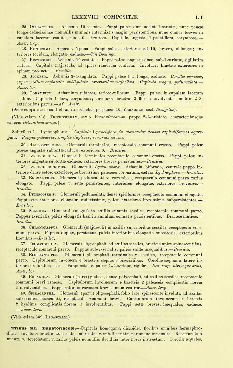 25. Oltganthes. Achaenia 10-costata. Pappi palose dum adsint l-seriatse, nunc paucse longae caducissimse nonnullis minimis intermixtis magis persistentibus, nunc omnos breves in cupulam laeeram coalitae, nunc 0. Frutices. Capitula angusta, 1-pauci-flora, corymbosa.— Amer. trop. 26. PiFTOcoMA. Achsenia 5-gona. Pappi palese exteriores ad 10, breves, oblongae; in- teriores totidem, elongatae, caducae.—San Bomingo. 27. Proteopsis. Acbeenia 10-costata. Pappi palese angustissimse, sub-l-seriatse, sigillatim caducEe. Capitula majuscula, ad apices ramorum conferta. Involucri bracteae exteriores in spinam productee.—Brasilia. 28. Stokbsia. Achsenia 3-4-angulata. Pappi palese 4-5, longse, caducse. CorollcB ccBrulem, supra medium explanata, suhligulatcB, exterioribus majoribus. Capitula magna, pedunculata.— Amer. bor. 29. CoKrMBiuM. Achaenium subteres, sericeo-villosum. Pappi paleae in cupulam laceram coalitae. Capitula 1-flora, corymbosa; involucri bracteee 2 florem involventes, additis 2-3- exterioribus parvis.—Afr. Austr. (Setse subpaleacefe sunt etiam in speciebus perpaucis 16. Veenonue, sect. Stengelice). (Vide etiam 418. Teichospiram, stylo Vernoniacearum, pappo 2-3-aristato characteribusque cseteris Helianthoidearum.) I Subtribus 2. Lychnophorese. Capitula \-pauci-flora, in glomerulos densos capituliformes aggre- gata. Pappus paleaceus, simplcx duplexve, v. rarius setosus. 30. HAPLOSTBPHitrM. Glomeruli terminales, receptaculo communi crasso. Pappi paleae paucee angustas subtortse cadueee, exteriores 0.—Brasilia. 31. Lychnophora. Glomeruli terminales receptaculo communi crasso. Pappi palese in- teriores angnstae subtortae caducae, exteriores breves persistentes.—Brasilia. 32. Lychnophoeiopsis. Glomeruli LychnopJiorcs. Achsenia biformia, centrale pappo in- teriore dense setoso exterioreque brevissime paleaeeo coronatnm, csetera LychnophorcB.—Brasilia. i 33. Eebmanthus. Glomeruli pedunculati v. corymbosi, receptaculo communi parvo rarius elongato. Pappi paleae v. setse persistentes, interiores elongatse, exteriores breviores.— Brasilia. 34. Pithecoseris. Glomeruli pedunculati, dense spiciformes, receptaculo communi elongato. Pappi setee interiores elongatae caducissimae, paleae exteriores brevissimae subpersistentes.— Brasilia. 35. Soaeesia. Glomeruli (magni) in axillis summis sessiles, receptaculo communi parro. Pappus 1-serialis, paleis elongatis basi in annulum connatis persistentibus. Bracteae mutiese.— BrasUia. 36. Cheonopappus. Glomeruli (majusculi) in axillis snperioribus sessiles, receptaculo com- muni parvo. Pappus duplex, persistens, paleis interioribus elongatis subsetosis, exterioribus brevibus.—Brasilia. 37. Tblmatophii-a. Glomeruli oligocephali, ad axillas sessiles, bracteis apice spinescentibus, receptaculo communi parvo. Pappus sub-l-serialis, paleis valde insequalibus.—Brasilia. 38. Elephantoptjs. Glomeruli pleiocephali, terminales v. sessiles, receptaculo communi parvo. Capitulorum involucra e bracteis saepius 8 biserialibus. CoroIIae sBepius a latere in- teriore profundius fissae. Pappi setae v. palese 1-2-serjatEe, rigidae.—Beg. trop. uiriusqiie orbis, Amer. bor. 39. KoLANDEA. Glomeruli (parvi) globosi, dense polycephali, ad axillas sessiles, receptaculo oommuni brevi ramoso. Capitulorum involucrum e bracteis 2 paleaceis complicatis florem 1 involventibus. Pappi paleae in coronam brevissimam coalitae.—Amer. trop. 40. Spieacantha. Glomeruli (parvi) oligoeephali, folio late spinescente involuti, ad axillas subsessiles, fasciculati, receptaculo oommuni brevi. Capitulorum involucrum e bracteis 2 hyalinis complicatis florem 1 involventibus. Pappi setee breves, insequales, caducse. —Ameir. trop. (Vide etiam 309. Lagascbam.) Tribus XI. Eupatoriacese.—Capitula homogama discoidea floribus omnibus hermaphro- ditis. Involucri bracteae Go-seriatac imbricata-, v. sub-^-seriatae parulnque inaequalee. Eeceptaculum nudum v. foveolatum, v. rarius paleis nonnullis decidui» inter flores instructum. Corollae sequales.