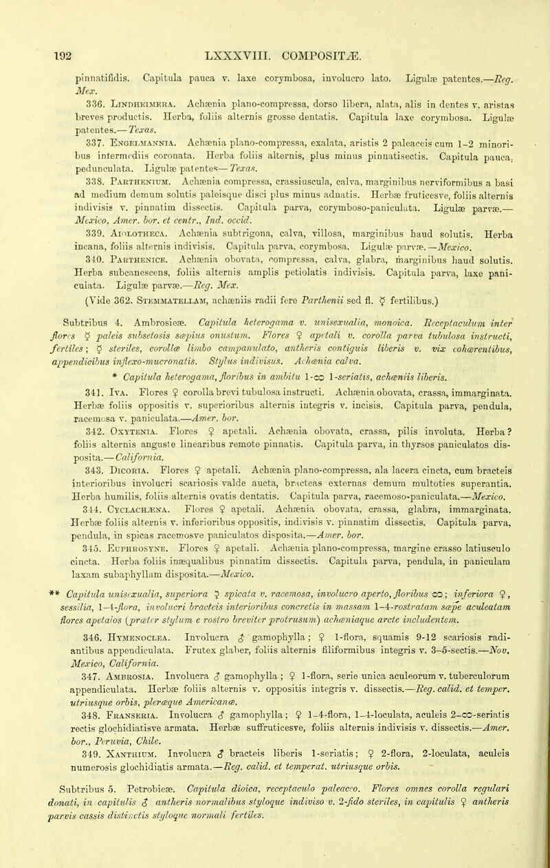 plnnntifidis. Capitula pauca v. laxe corymbosa, involucro lato. Ligulnc patcntos.—Beg. Mcx. 336. LiNDiiEiMER.^. AcliKnia plano-comprpssa, dorso liLera, alata, alis in dcntcs v. aristas breves pruduetis. Herba, foliis alternis grosso dontatis. Capitula laxc corymbosa. Ligulaj patentes.— Texas. 337. Engfxmannia. Achnenia pLino-compressa, exalata, aristis 2 palcacois cum 1-2 minori- bus intermrdiis coronata. Herba foliis alternis, plus minus pinnatisectis. Capitula pauca; pedunculata. Ligulse pa( cntes— Texa.<f. 338. Parthenium. Achaenia compressa, crassiuscula, calva, marginibus nerviformibus a basi ad medium demum solutis paleisque disci plus minus adnatis. Herbae fruticesve, foliis alternis indivisis v. pinnatim disseetis. Capitula parva, corymboso-paniculuta. Ligute parvae.— Mexico, Amcr. bor. et centr., Ind. occid. 339. Aihlotheca. Achsenia subtrigona, calva, villosa, marginil)us haud solutis. Herba iucana, foliis alternis indivisis. Capitula parva. corymbosa. Ligulae parvne.—Mexico. 340. Parthenice. Achsenia obovata, fompressa, calva, glabra, marginibus haud solutis. Herba subeanescens, foliis alternis amplis petiolatis indivisis. Capitula parva, laxc pani- culata. Ligulce parvse.—Reg. Mcx. (Vide 362. Stemmateixam, acheeniis radii firo Parthenii sed fl. ^ fertilibus.) Subtribus 4. Ambrosiese. Capitida hcterogama v. unise.rualia, monoica. Itcccptacidum inter jiorcs 9 paleis suhsetosis smpius onusium. Florcs 9 apitcdi v. coroUa parva tutndosa instructi, fertiles; § sterilcs, corolla limbo campanulato, antheris contiguis liberis v. vix cohcerentibus, appendicibus inflexo-nmcronatis. StyJus indivisus. AchcBnia calva. * Capittda heterogama, floribus in andntu l-oo \-scriatis, achceniis liberis. 341. IvA. Flores ? corollabrevi tubulosa instructi. Ach.neniaobovata, erassa, immarginata. HerbfB foliis oppositis v. superioribus alternis integris v. incisis. Capitula parva, peudula, racemosa v. paniculata.—Amer. bor. 342. OxYTENiA. Flores ? apetali. Achsenia obovata, crassa, pilis involuta. Herba ? foliis alternis anguste linearibus romoto pinnatis. Capitula parva, in thyrsos paniculatos dis- posiUv.—Ccdifornia. 843. DicoRiA. Flores $ apotali. Achpenia plano-compressa, ala lacera cincta, cum bracteis interioribus involucri scariosis valde aucta, bracteas externas demum multoties superantia. Horba humilis, foliis alternis ovatis dentatis. Capitula parva, racemoso-paniculata.—Mexico. 314. Cyclach-*;na. Flores ? apetali. Achsenia obovata, crassa, glabra, immarginata. Herb» foliis alternis v. inferioribus oppositis, indivnsis v. piunatim dissectis. Capitula parva. pendula, in spicas racemosve paniculatos disposita.—Amer. bor. 345. Euphrosyne. Flores ? apetali. Achsenia plano-compressa, margine crasso latiuseulo cincta. Herba foliis insequalibus pinnatim dissectis. Capitula parva, pendula, in paniculam laxam subaphyllam disposita.—Mcxico. ** Capitula wiiscxualia, superiora 5 spicata v. racemosa, involucro aperto, florihus OD; infcriora sessilia, l-i-flora, involucri hractcis interiorihus concretis in massam 1-i-rostrcctam scepe aculeatam florcs apetaios {prcetcr stylitm e rostro brcvitcr protrusum) achwniaque arcte includcntcm. 346. Htmenoclea. Involuera $ gamophylla; ^ l-florn, squamis 9-12 scariosis radi- antibus appendiculata. Frutex glaber, foliis alternis filiformibus integris v. 3-5-sectis.—Nov. Mexico, California. 347. Ambrosia. Involucra J gamophylla ; 9 1-flora, serie unica aculoorum v. tuberculorum appendiculata. Herbae foliis alternis v. oppositis integris v. dissectis.—Beg. calid. ei temper. utriusque orbis, plcrcBque Americance. 348. Franseria. Involucra S gamophjdla; ^ 1-4-flora, 1-4-loculata, aculeis 2-cO-seriatis rectis glochidiatisve armata. Herbae suffruticesve, foliis alternis indivisis v. dissectis.—Amer. bor., Pcruvia, Chile. 349. Xanthium. Involucra $ bracteis liberis 1-soriatis; $ 2-flora, 2-locuIata, aculeis numerosis glochidiatis armata.—Eeg. calid. et tempcrat. utriusque orhis. Subtribus 5. Petrobieae. Capitula dioica, receptacuh paleacro. Flores omnes corolla rcgulari donati, in capitulis $ antheris normalibus styloque indiviso v. 1-fido steriles, in capitwlis 9 antheris parvis cassis dist-ij;ctis styloque normali fertilcs.