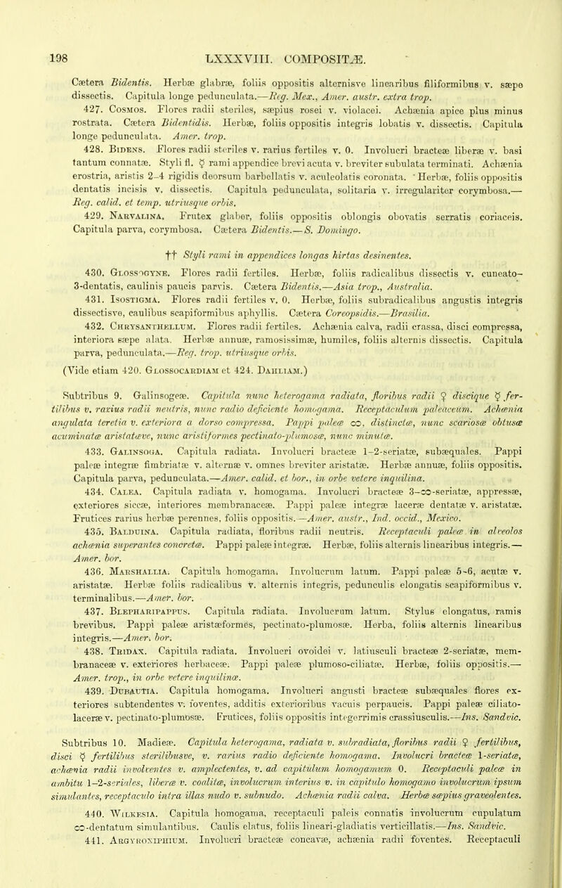 Csetern, Bidentis. Herbre glabrfe, folii.s oppositis altornisve linearibus filiformibus v. saepo dissoctis. Cupitula longe pedunculnta.—Ihg. Mex., Amer. austr. extra trop. 427. CosMos. Flores radii sterilos, ssepius rosei v. violacei. AchiEnia apiee plus minus rostrata. Caetera Bidcntidis. llerbae, foliis oppositis integris lobatis v. dissectis. Capitula longe podunculiita. Amcr. irop. 428. BiDENS. Flores radii stcriles v. rarius fertiles v. 0. Involucri bractese liberae v. basi tantum connatse. Styli fl. $ ranii appendice brevi acuta v. breviter subuLata terminati. Acheenia erostria, aristis 2-4 rigidis deorsum barbellatis v. aculeolatis coronata. -Ilerbae, foliis oppositis dentatis incisis v, dissectis. Capitula podunculata, solitaria v. irregularitor corymbosa.— Jicfj. calid. et temp. utriu.tque orhis. 429. Nauvalina, Frutex gkber, foliis oppositis oblongis obovatis serratis coriaceis. Capitula parva, corymbosa. Catera Bidentis.—S. Domincjo. tt Styli rami in appendices longas hirtas dcsinentes. 430. Gi.oss-iGYNE. Flores radii fertiles. Herbae, foliis radicalibus dissectis v. cuneato- 3-dentatis, caulinis paucis parvis. Csetera Bidentis.—Asia trop., Aiistra/ia. 431. IsoSTiGMA. Flores radii fertiles v. 0. Herbae, foliis subradiealibus angustis integris dissectisve, caulibus scapiformibus aphyllis. Csetera Coreopsidis.—Brasilia. 432. Chrysanthellum. Flores radii fertiles. Aehsenia calva, radii crassa, disci eomprcssa, interiora s.-epe alata. Herbae annuee, ramosissimee, humiles, foliis altornis disseetis. Capitula parva, pedunculata.—Beg. trnp. utriiisque orhis. (Vide etiam 420. Glossocardiam et 424. Dahli.4.m.) Subtribus 9. Galinsogene. Capitida nnnc hctcrogama radiata, Jlorihus radii ^ discique ^ .fe'''- tilUms V, ratius radii neutris, nunc radio dcficicnte homogama. Receptacultom pateaceum. Achmiia angulata teretia v. cxteriora a dorso compressa. Pappi pjalece co, distinctts, nunc scariosce obtusee acvminatcB aristatave, nunc aristiformes pectinato-plumosce, nunc minuta. 433. Gai.insowa. Capitula radiata. Involueri bractece l-2-seriat8e, subaequales. Pappi paleee integras fimbriatse v. alternse v. omnes breviter aristata». Herbse annuae, foliis oppositis. Capitula parva, pedunculata.—Amcr. calid. et hor., in orbe vetere inquilina. 434. Calka. Capitula radiata v. homogama. Involucri bractese 3-co-seriat<e, appressae, cxteriores siccse, interiores membranaccse. Pappi paleae integrae lacerse dentatse v. aristatse. Frutices rarius herba; perennes, foliis oppositi.s.—Amer. austr., Ind. occid., Mcxico. 435. Balduina. Capitubi radiata, floribus radii neutris. Recc^ilaculi palcce in alceolos achmiia superantcs concretce. Pappi pale<eintegrae. Herbse, foliis alternis linearibus integris.— Amer. bor. 436. Maeshallia. Capitula homogama. Involucrum latum. Pappi palceo 5-6, acutfe v. aristatae. Herbae follis radicalibus v. alternis integris, pedunculis elongatis scapiformibus v. terminalibus.—Amer. hor. 437. Blepharipapptjs. Capitula riidiata. Involuerum latum. Stylus elongatus, ramis brevibus. Pappi paleae aristaeformes, pectinato-plumosae. Herba, foliis altex-nis linearibus integris.—Ameri hor. 438. Tbidax. Capitula radiata. Involucri ovoidei v. latiuseuli bracteae 2-seriatae, mem- branaceae v. exteriores herbace<e. Pappi paleae plumoso-ciliatae. Herbae, foliis oppositis.— Amcr. trop., in orhe vctcre inquilina. 439. DuBAUTiA. Ciipitula liomogama. Invohicri angusti bracteae subrpquales flores ex- teriorcs subtendentos v; foventes, additis exterioribus vacuis porpaucis. Pappi paleae ciliato- lacerae V. pectiuato-plumDs». Frutices, foliis oppositis integcrrimis crassiusculis.—Ins. Sandvic. Subtribus 10. Madieae. Capitula heterogama, radiata v. snhradiata, florihus radii 5 fertilihus, disci $ fcrtilihus stcriHhusve, v. rarius radio deficicnte homogama. Involucri hractecE l-seriatce, achcenia radii involcentes v. amplectentes, v. ad capitulum homogamum 0. Ecaptactdi palcce in ambitu l-l-serinles, Uherce v. cocditce, involucrum intcrius v. in capitulo homogaino invohicrum ipsum simidantcs, receptando intra iJlas nudo v. suhnudo. Achcenia radii ccdva. Herbce scejnus graveo/entes. 440. Wilkesia. Capitula homogama, receptaculi paleis connafis involucrum cupulatum co-dentatum simulantibus. Caulis elatus, foliis lineari-gladiatis verticillatis.—Ins. Scmdvic. 441. AaGYROxipmuM. Involucri bracteae concavae, achaenia radii foventes. Eeceptaculi