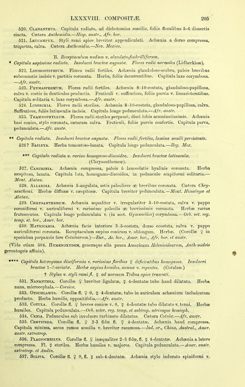 620. Cladanthus. Capitiila radiata, ad dichotomias sessilia, foliis floralibus 5-6 dissectis cincta. Csetera Anthemidis.—Hisp. austr., Afr. bor. 521. Levcampyx. Styli rami apiee breviter appendiculati. AcliEenia a dorso compressa, triquetra, calva, Csetera Anthemidis.—Nov. Mexico. B. Eeceptacuhim nudum v. alvccilato^fimbrilliferum. * Capitula m^pissime radiata. Involucri hractece angustiB. Flores radii normales (Lidbeckiem), 522. Lepidostephium. Florfs radii fertiles. Achsenia glanduloso-scabra, paleis brevibus svibconnatls incisis v. partitis coronata. Herba, follis decurrentibus. Capitula laxe corymbosa. —Afr. austr, 523. Phymaspurmum, Flores radii fertiles. Achsenia 8-10-costata, glanduloso-papillosa, ealva v. costis in denticulos productis. Fruticuli v. sufFrutices, foliis parvis v. lineari-teretibus. Capitula solitaria v. laxe corymbosa.—Afr. austr. 524. LiDBECKiA. Flores radii steriles. Acheenia 8-10-costata, glanduloso-papillosa, calva. . Suffputices, foliis latiusculis incisis. Capitula longe pedunculata.—Afr. austr. 625. Thamnophyllum. Flores radii steriles perpauci, disci lobis acuminatissimis. Achaenia basi Gonica, stylo coronata, cseterum calva. Fruticuli, foliis parvis confertis. Capitula parva, pedunculata.—Afr. a.ustr. ** Capitida radiata. Involucri bractea angustce. Flores radii fertiles, lamina sessili piersisienie. 526 ? Baileya. Herba tomentoso-lanata. Capitula longe pedunculata.—licg. Mex. *** Capittila radiata v. rarius hoviogamo-discoidea. Involucri bractecs latiusculcs. (Chrysanthemeae). 627. Canceinia. Acheenia eompressa, paleis 5 lanceolatis hyalinis coronata. Herba CBespitosa, lanata. Capitula lita, homogamo-discoidea, in peduuculo scapiformi solitaria.-—■ Mont. Alatau. 528. Allaedia. Achaenia 5-angulata, setis paleolisve oo brevibus coronata. Csetera Chry- santhemi. Herbse diffusse v. csespitosse. Capitula breviter pedunculata.—Mont. Hima/agcs et Alatau. 529. Chrysanthemum. Achsenia aequaliter v. irregulariter 6-10-costata, calva v. pappo coroniformi v. auriculiformi v. rai'issime paleolis oo brevissimis coronata. Herbae rarius frutescentes. Capitula longo pedunculata v. (in sect. Gymnocline) corymbosa.— Orb. vet. reg. temp. et. bor., Amer. bor. 630. Mateicaeia. Achasnia facie interiore 3-5-costata, dorso ecostata, calva v. pappo auriculiformi coronata. Receptaculum ssepius conicum v. oblongum. Herbee. (Corollse 9 'i speciebus perpaucis fere Cotu/earum.)^Eur., As, bor., Amer. bor., Afr. bor. et austr. (Vide etiam 504. Hymenoxydem, generaque alia pauca Americana Hclenioidearum, Anthimideis gerontogeis affinia), **** Capitula hetcrogama disciformia v, rarissime floribus ^ deficientibus homogama. Involucri bractem 1-2-seriata. Herhce sapiushumiles,annu<s v. repentes. (Cotuleoe.) t Stylus V. styli rami fl. ad normam Tribus apice tritn^ati. 631. Nananthea. CoroUae § breviter ligulatse, ^ 4-dentat8e tubo haud dilatato. Herbfi nana, microcephala.—Corsica. 632. Otochlamys. Corollae fl. ^ 0, ^ 4-dentat8e, tubo in auriculam achsenium includentem producto. Herba humilis, oppositifolia.—Afr. austr. 633. Cotula. CoroUse fl. 9 breves conicae v. 0, 4-dentat8e tubo dilatato v. tenui. Herbae humiles. Capitula pedunculata.—Orb. veter. reg. temp, et subtrop, titriusgue hemisph, 534, Cenia. Pedunculus sub involucro turbinato dilatatus. Csetera Cotulce.—Afr. austr. 635. Cbntipbda. CoroUse fl. $ 2-3 fidae fl. § 4-dentatae. Achaenia haud compressa. Capitula minima, seeus ramos sessilia v. breviter racemosa.—Ind. or., China, Austral., Amer. austr, extratrop, 536. Plagiocheilus. Corollse fl. $ ineequaliter 2-3 fidae, fl. g 4-dentat8e. Achaenia a latera compressa. Fl. ^ steriles. Herbse humiles v. majores. Capitula pedunculata.—Amer, austr, extratrop. et Andin. 537. SoLivA. Corollae fl. ^ 0, fl. sub-4-dentatse. Achaenia stylo indurato epiniformi v.