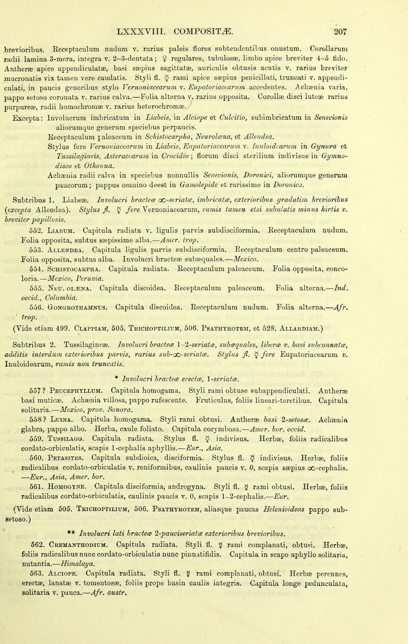 brevioribus. Eeceptaculum nudum v. rarius palois flores subtendentibus onustum. Corollarum radii lamina 3-mera, integra v. 2-3-dentata; ^ regulares, tubulosae, limbo apice breviter 4-5 fido. Antherffi apice appendiculatse, basi saepius sagittatae, auriculis obtusis acutis v. rarius breviter mucronatia vix tameu vere caudatis. Styli fl. 5 rami apice ssepius penicillati, truncati v. appendi- culati, in paucis genoribus stylo Vernoniacearum v. Eupatoriactarum accedentes. Achffinia varia, pappo setoso corouata v. rarius calva.—Folia altorna v. rarius opposita. Corollte disci lutese i-arius purpureae, radii homochromae v. rarius heterochrorase. Excepta: Involucrum imbricatum in Liabeis, in Alciope et Culcitio, subimbricatum in Senecionis aliorumque generum speciebus perpaucis. Keceptaculum jaleaoeum in Schistocarpha, Neurolana, et Allendea. Stylus fere Vernoniacearum in Liahcis, Eupatoriacearum v. Inuloidiarum in Gynura et Tussilagineis, Asteraccarum in Crocidio ; florum disci sterilium indivisus in Gi/mno- disco et Othoiina. Achaenia radii calva in speciebus nonnullis Senecionis, Doronici, aliorumque genorum paucorum; pappus omnino deest in Gamolepide et rarissime in Doronico. Subtribus 1. Liabese. Involucri hractete cxi-seriatcB, imbricata, exteriorihus gradatim brevioribus (excepta AUendea). Stylus fi. $ fere Vernoniacearum, ramis tamen etsi subulatis minus hirtis v. breviter papillosis. 652. LiABUM. Capitula radiata v. ligulis parvis subdisciformia. Eeceptaculum nudum. Folia opposita, subtus saepissime alba.—Amcr. trop. 553. Allendea. Capitula ligulis parvis subdisciformia. Eeceptaculum centro paleaceum. Folia opposita, subtus alba. Involucri bractese subsequales.—Mexico. 554. ScHisTocARPHA. Capitula radiata. Eoceptaculum paleaceum. Folia opposita, eonco- loria.—Mexico, Peruvia. 665. Neu. ol^na. Capitula discoidea. Eeceptaculum paleaceum. Folia alterna.—Ind. oocid., Columbia. 556. GoNGKOTHAMNUs. Capitula discoidea. Eeeeptaculum nudum. Folia alterna.—Afr, trop. (Vido etiam 499. Clappiam, 505. Trichoptilium, 606. Psathyrotem, et 528. Allardiam.) Subtribus 2. Tussilagineae. Involucri bractere \-1-seriat(s, sub<squales, liherie v. basi subconnatce, additis interdum exteriorihus parvis, rarius sub-co-seriatce. Stylus fl. § fere Eupatoriacearum v. Inuloidearum, ramis non truncatis. * Involucri bractece erectcs, \-seriat<B. 557 ? Pkucephtllum. Capitula homogama. Styli rami obtuse subappendiculati. Antherse basi muticae. Achaenia villosa, pappo rufescente. Fruticulus, foliis lineari-toretibus. Capitula solitaria.—Mexico, prov. Sonora. 668 ? LuiNA. Capitula homogama. Styli rami obtusi. Antherae basi 2-seiosce. Achaenia glabra, pappo albo. Herba, caule foliato. Capitula corymbosa.—A?)ier. bor. occid. 659. TussiLAGO. Capitula radiata. Stylus fl. $ indivisus. Herbae, foliis radicalibus cordato-orbiculatis, scapis 1-cephalis aphyllis.—Eur., Asia. 660. Petasites. Capitula subdioica, disciformia. Stylus fl. ^ indivisus. Herbae, foliis radicalibus cordato-orbiculatis v. reniformibus, caulinis paucis v. 0, scapis saepius oo-eephalis. —Eur., Asia, Amer. bor. 661. Homoqyne. Capitula disciformia, androgyna. Styli fl. ^ rami obtusi. Herbae, foliis radicalibus cordato-orbiculatis, caulinis paucis v. 0, scapis 1-2-cephalis.—Eur. (Vide etiam 505. Teichoptilium, 506. Psathyrotbm, aliasque paucas Helenioideas pappo sub- setoso.) ** Involucri lati bractecs 2-pauciseriatce exterioribus hreviorihus. 562. Cremanthodium. Capitula radiata. Styli fl. $ rami complanati, obtusi. Herbae, foliis radicalibus nunc cordato-orbiculatis nunc pinnatifidis. Capitula in scapo aphyllo solitaria, nutantia.—Himalaya. 563. Alciopb. Capitula radiata. Styli fl. ^ rami complanati, obtusi. Herbae perennes, erectae, lanatae v. tomentosae, foliis prope basin caulis integris. Capitula longo pedunculata, solitaria v. pauca.—4/''' o^ttstr.