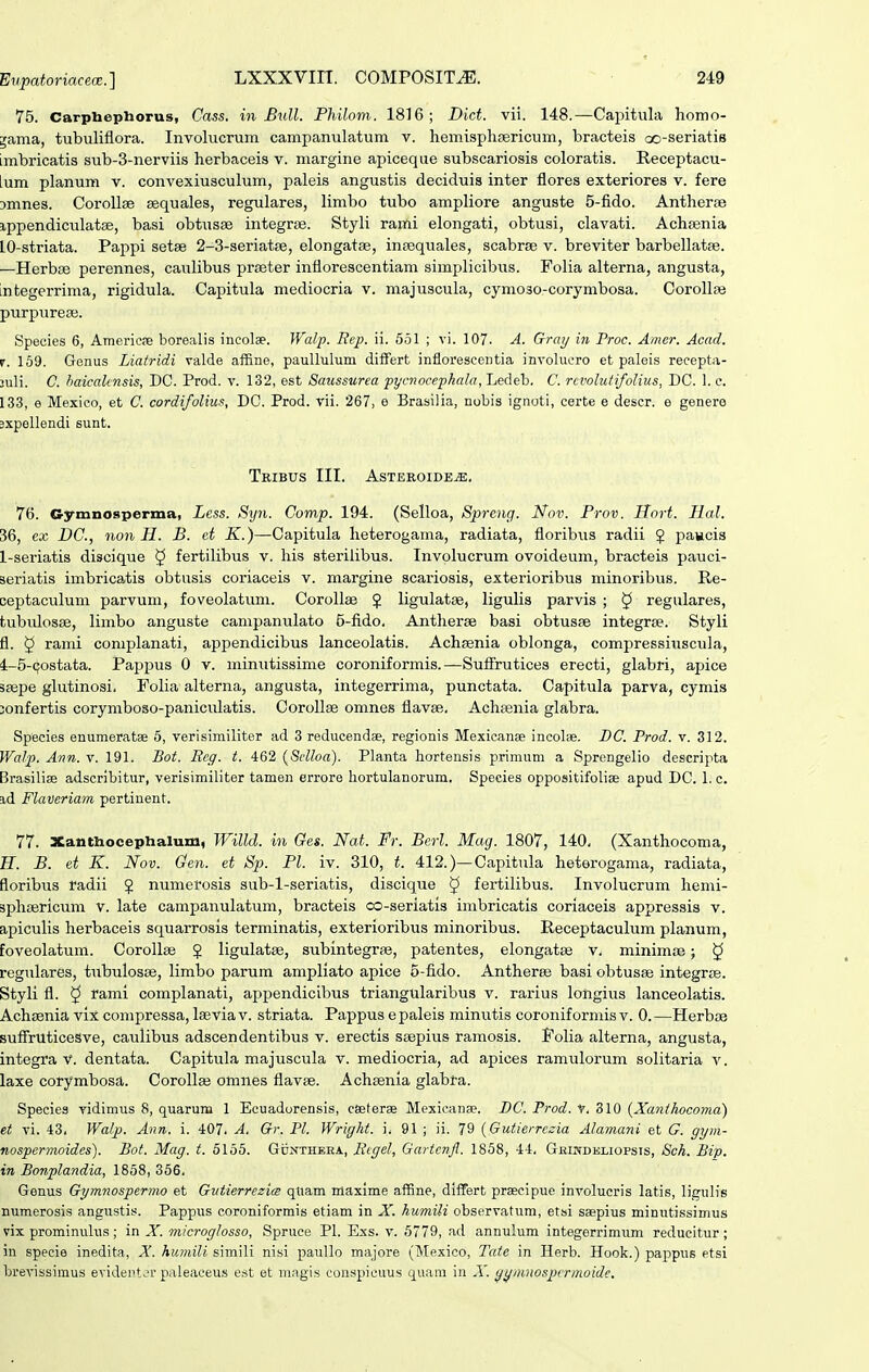 75. Carpbephorus, Cass. in £uU. Fhilorn. 1816; Dict. vii. 148.—Capitula homo- gama, tubuliflora. Involucrum campanulatum v. hemisphsericum, bracteis oo-seriatis imbricatis sub-3-nerviis herbaceis v. margine apiceque subscariosis coloratis. Receptacu- lum planum v. convexiusculum, paleis angustis deciduis inter flores exteriores v. fere jmnes. Corollse sequales, regulares, limbo tubo ampliore anguste 5-fido. Antherfe ippendiculatse, basi obtiisse integrse. Styli rami elongati, obtusi, clavati. AchiBnia lO-striata. Pappi setse 2-3-seriat{ie, elongatse, insequales, scabrse v. breviter barbellatse. —Herbse perennes, caulibus prseter inflorescentiam simplicibus. Folia alterna, angusta, integerrima, rigidula. Capitula mediocria v. majuscula, cymoso-corymbosa. CoroUas purpurese. Species 6, Americne borealis incolae. Walp. Rep. ii. 551 ; vi. 107. A. Graij in rroc. Amcr. Acad. r. 169. Genus Liatridi valde affine, pauUulum differt inflorescentia invohicro et paleis recepta- juli. C. haicalinsis, DC. Prod. v. 132, est Saussurea pycnocephcda, Ledeb. C. rcvolutifolius, DC. 1. c. 133, e Mexico, et C. cordifolius, DC. Prod. vii. 267, e Brasilia, nobis ignoti, certe e descr. e genere sxpellendi sunt. TrIBUS III. ASTEEOIDE^, 76. Cymnosperma, Less. Syn. Comp. 194. (Selloa, Sjireng. Nov. Prov. Hort. Ilal. 36, ex DC, non II. B. et K.)—Capitula heterogama, radiata, floribus radii $ j^^-^icis 1-seriatis discique § fertilibus v. his sterilibus. Involucrum ovoideum, bracteis pauci- seriatis imbricatis obtusis coriaceis v. margine scariosis, exterioribus minoribus. Re- ceptaculum parvum, foveolatum. Corollae $ ligulatse, liguUs parvis ; § regulares, tubulosse, limbo anguste campanulato 5-fido. Antlierfe basi obtusae integrfe. Styli fl. 5 rami complanati, appendicibus lanceolatis. AchsBnia oblonga, compressiiiscula, i-S-Qostata. Pappus 0 v. minutissime coroniformis.—Sulfrutices erecti, glabri, apice ssepe glutinosi. Folia alterna, angusta, integerrima, punctata. Capitula parva, cymis 3onfertis corymboso-paniculatis. Corollse omnes flavas. Achsenia glabra. Species enumeratse 5, verisimiliter ad 3 reducendee, regionis Mexicanee incolae. DC. Prod. v. 312. Walp. Ann. v. 191. Bot. Ecg. t. 462 (Sclloa). Planta hortensis primum a Sprengelio descripta Brasilias adscribitur, verisimiliter tamen errore hortulanorum. Species oppositifolise apud DC. 1. c. id FlaVeriani pertinent. 77. Xanthocephalum, Willd. in Ges. Nat. Fr. Berl. Mag. 1807, 140, (Xanthocoma, H. B. ei K. Nov. Oen. et Sp. Pl. iv. 310, t. 412.)—Capitula heterogama, radiata, floribus radii ^ numerosis sub-l-seriatis, discique ^ fertilibus. Involucrum hemi- sphijericum v. late campanulatum, bracteis co-seriatis imbricatis coriaceis appressis v. apiculis herbaceis squarrosis terminatis, exterioribus minoribus. Receptaculum planum, foveolatum. Corollse 5 ligulatse, subintegrse, patentes, elongatse v. minimfe; ^ regulares, tubulosas, limbo parum ampliato apice 5-fido. AntherRj basi obtusse integrte. Styli fl. ^ rami complanati, appendicibus triangularibus v. rarius longius lanceolatis. Achsenia vix compressa, laevia v. striata. Pappus epaleis minutis coroniforniis v. 0.—Herbse BufirUticesve, caulibus adscendentibus v. erectis ssepius ramosis. Folia alterna, angusta, integra V. dentata. Capitula majuscula v. mediocria, ad apices ramulorum solitaria v. laxe corymbosa. CoroIIee omnes flavse. Achsenia glabta. Speciea vidimus 8, quarum 1 Ecuadurensis, cseterse Mexicanse. DC. Prod. v. 810 {A'anikocoi?ia) ef vi. 43. Walp. Ann. i. 407, A. Gr. Pl. Wright. i. 91 ; ii. 79 {Gutierrc^ia Alamani et G. gym- nospermoides). Bot. Mag. t. 5155. Gunthera, licgel, Gartcnfl. 1858, 44, Grindeliopsis, Sch. Bip. in Bonplandia, 1858, 366, Genus Gymnospernio et Gutierrezice qtiam maxlme affine, differt praecipue involucris latis, ligulis numerosis angustis. Pappus coroniformis etiam in X. humili observatum, etsi saepius minutissimus vix prominulus; in X. microglosso, Spruce Pl. Exs. v. 5779, rid annulum integerrimum reducitur ; in specie inedita, X. humili simili nisi paullo majore (Mexico, Tate in Herb. Hook.) pappus etsi brevissimus evideptjr paleaceus est et magis conspicuus quara in A'. yymnospcrmoide.