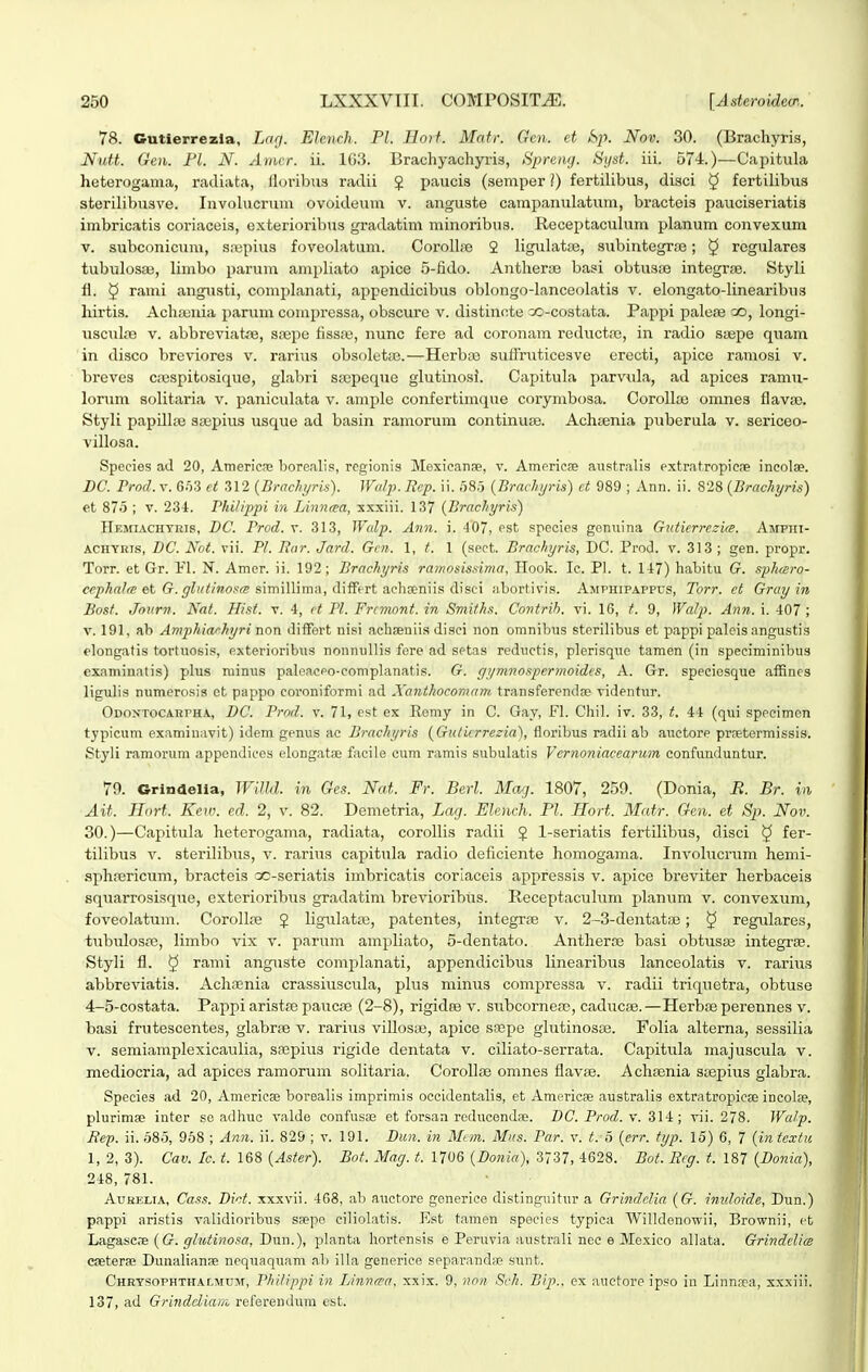 78. Cutierrezla, Lag. Elcnch. Pl. liorf. Matr. Gen. et (Sp. Nov. 30. (Brachyris, Nidt. Gcn. Fl. N. Anwr. ii. 163. Brachyachyris, Spremj. Syst. iii. o7-i.)—Capitvila heterogama, radiata, Horibus radii $ paucis (semper i) fertilibus, disci ^ fertilibus sterilibusve. luvolucruni ovoideum v. anguste carapanulatum, bracteis pauciseriatis imbricatis coriaceis, exterioribus gradatim niinoribus. Receptaculum planum convexum V. subconicuni, sajpius foveolatum. Coi-oUiTe 2 ligulatre, subintegrse; § regulares tubulosa3, limbo parum anipliato apice 5-fido. AntheriB basi obtusiB integrae. Styli fl. § rami angusti, complanati, appendicibus oblongo-lanceolatis v. elongato-linearibus liirtis. Achffiuia parum comprcssa, obscure v. distincte co-costata. Pappi palefB oo, longi- usculse V. abbreviat^B, sa;pe tissai, nunc fere ad coronam reductro, in radio saepe quam in disco breviores v. rarius obsoleta^.—Herb;B sullruticesve erecti, apice ramosi v. breves ciBspitosique, glabri S£epeque glutinosi. Capitula parvula, ad apices ramu- lorimi solitaria v. paniculata v. amjile confertimque corymbosa. Corolloe omnes flaviE. Styli papillte Sispius usque ad basin ramorum continu£e. Achfenia puberula v. sericeo- villosa. Species ad 20, Americ;^ borealis, regionis Mexicanre, v. Amerieae australis extratropic^ne incolae. DC. Prod. v. 653 ct .312 {BrachyrU). Widp. Bep. ii. o8,5 {Brachyris) ct 989 ; Ann. ii. 828 {Brachyris) et 875 ; v. 234. PhUippi in Linncea, xxxiii. 137 {Brachyris) HEjnACHTKis, DC. Prod. v. 313, Wcdp. Ann. i. 407, est species gennina Guiicrrcsire. Amphi- ACHTRis, DC. Not. vii. Pl. liar. Jard. Gcn. 1, t. 1 (sect. Brachyris, DC. Prod. v. 313; gen. propr. Torr. et Gr. Fl. N. Amer. ii. 192; Brachyris ramosissima, Ilook. Ic. Pl. t. 147) habitu G. sphcero- cephalts &t G. glutinosiB s\m\\\\ma, i\\W(Tt dich:sm\s (k\sn iibortivis. Amphipappus, Torr. ct Gray in Bost. Journ. Nat. Hist. v. 4, ct Pl. Frcniont. in Smiths. Contrih. vi. 16, t. 9, Wcdp. Ann. \. 407 ; V. 191, ab Amphiarhyri non iliflfbrt nisi aohaeuiis diaci non omnibus steribbus et pappi paleis angustis elongatis tortuosis, exterioribus nonnuUis fere ad setas reductis, plerisque tamen (in speciminibus examinatis) plus minus paleacpo-complanatis. G. gymnosperinoidcs, A. Gr. speciesque afRnes ligulis numerosis et pappo coroniformi ad Xanthocomam transferendae videntur. Odoi^tocakpha, DC. Prod. v. 71, est ex Remy in 0. Gay, Fl. Chil. iv. 33, t. 44 (qui specimen typicum examiu;ivit) idem genus ac Braehyris {Gnlicrrezia), floribus radii ab auctore praetermissis. Styli ramorum appendices elongatae facile cum ramis subulatis Vernoniacearum confunduntur. 79. Grindelia, WilU. in Ges. Nat. Fr. Berl. Mag. 1807, 259. (Donia, B. Br. in Ait. Hort. Kew. ed. 2, v. 82. Demetria, Lag. Elench. Pl. Hort. Matr. Gen. et Sp. Nov. 30.)—Capitiila heterogama, radiata, corollis radii 5 l-seriatis fertilibus, disci ^ fer- tilibus V. sterilibus, v. rarius capitnla radio deficiente homogama. Involucrum hemi- sphiBricum, bracteis ao-seriatis imbricatis coriaceis appressis v. apice breviter herbaceis sqtiarrosisque, exterioribus gradatim brevioribus. Receptacuhim planum v. convexum, foveolatum. Corollre J ligulataj, patentes, integr£e v. 2~3-dentatiB; ^ regulares, tubulos£e, limbo vix v. parum ampliato, 5-dentato. AntherjB basi obtus^ integrffi. Styli fl. § rami anguste complanati, appendicibus linearibus lanceolatis v. rariiis abbreviatis. AchiEnia crassiuscula, plus minus compressa v. radii triquetra, obtuse 4-5-costata. Pappi aristfe paucie (2-8), rigidfe v. subcorne£B, caducfe.—Herbis perennes v. basi frutesoentes, glabrfe v. rarius villosie, apice s;Bpe glutinos£B. Folia alterna, sessilia V. seraiamplexicaulia, s;Bpius rigide dentata v. ciliato-serrata. Capitula raajuscula v. mediocria, ad apices ramorum solitaria. Corollfe omnes flav£e. AchfBnia s£epius glabra. Species ad 20, Americse boreabs imprimis occidentalis, et Americae australis extratropicse incolse, plurimae inter se adhuc valde confusas et forsan reducendis. DC. Prod. y. 314; vii. 278. Wcdp. Eef. ii. 585, 958 ; Ann. ii. 829 ; v. 191. Dun. in Mem. Mus. Par. v. t. o {err. typ. 15) 6, 7 {intextu 1, 2, 3). Cav. Ic. t. 168 {Aster). Bot. Mag. t. 1706 {Donia), 3737, 4628. Bot. Bcg. t. 187 {Donia), 248, 781. AuBELiA, Cass. Dict. xxxvii. 468, ab auctore gonerice distinguitur a Grindclia {G. inidoide, Dun.) pappi aristis validioribus saepe ciHolatis. Est tamen species typica AVilldenowii, Brownii, et Lagascae (6r. ^^?t^8)io.w, Dun.), planta hortensis e Peruvia austr;ili nec e Mexico allata. Grindclice Cfeterae DunalianiB nequaquam ab illa generice separandiP sunt. CHRTSoPHTHAOitiM, PhUippi in Linncea, xxix. 9, non Sch. Bip., ex auctore ipso in Linnnea, xxxiii. 137, ad Grinddiar/i referendum est.