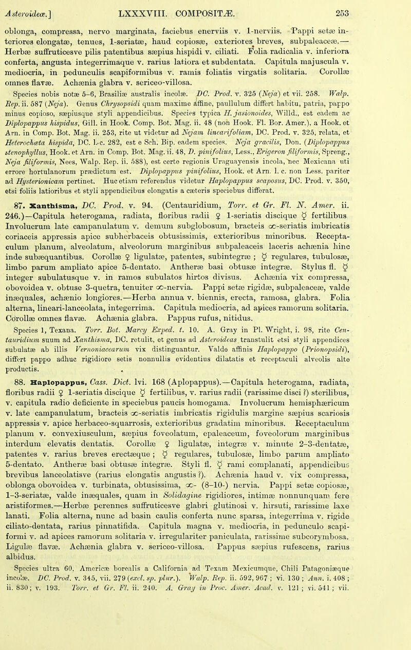 oblonga, compressa, nervo marginata, faciebus enerviis v. 1-nei-viis. Papi^i sctce in- teriores elongatse, tenues, l-seriatse, haud copiosse, exteriores^ breves, subpaleaceoe.— Herbse suffruticesve pilis patentibus ssepius hispidi v. ciliati. Folia radicalia v. inferiora conferta, angusta integerrimaque v. rarius latiora et subdentata. Capitula majuscula v. mediocria, in pedunculis scapiformibus v. ramis foliatis virgatis solitaria. Corollse omnes flavse. Achsenia glabra v. sericeo-villosa. Species nobis notse 5-6, Brasilise australis incolfe. DC. Prod. v. 326 {Neja) et vii. 258. Walp. Mep. ii. 587 (Neja). Genus Chrysopsidi quam maxime ^ffine, paullulum difFert habitu, patria, pappo minus copioso, ssepiusque styli appendicibiis. Species tjpica, II. jasionoides, Willd., est eadem ac Biplopappus hispidus, Gill. in Hook. Comp. Bot. Mag. ii. 48 (non Hook. Fl. Bor. Amer.). a Hook. et Arn. in Comp. Bot. Mag. ii. 253, rite ut videtur ad Nejam liticari/oliam, DC. Prod. v. 325, relata, et Heierochata hispida, DC. l.-c. 282, est e Soh. Bip. eadem specie.s. Ncja gracilis, Don. {Diplopappus stenophyllus, Hook. et Arn. in Comp. Bot. Mag. ii. 48, D. pinifolius, Less., Erigeron jiliformis, Spreng., N^a filifornds, Nees, Walp. Kep. ii. 588), est certe regionis Uraguayensis incola, Hec Mexieana uti errore hortulanorum praedictum est. Diplopappus pinifolius, Hook. et Arn. 1. c. non Less. pariter ad Hysterionicam pertinet. Hucetiam referendus videtur Haplopappus scaposus, DC. Prod. v. 360, etsi foliis latioribus et styli appendicibus elongatis a caeteris speciebus difFerat. 87. Xanthisma, DC. Prod. v. 94. (Centauridium, Torr. et Gr. Fl. N. Amer. ii. 246.)—Capitula heterogama, radiata, floribus radii J 1-seriatis discique ^ fertiUbus Involucrum late campanulatum v. demum subglobosum, bracteis ao-seriatis imbricatis coriaceis appressis apice subherbaceis obtusissimis, exterioribus minoribus. Recepta- culum planum, alveolatum, alveolorum marginibus subpaleaceis laceris achsenia hinc inde subsequantibus. Corollse J ligulatse, patentes, subintegrse ; § regulares, tubulosse, limbo parum ampliato apice 5-dentato. Antlierse basi obtusse integrse. Stylus fl. ^ integer subulatusque v. in ramos subulatos hirtos divisus. Achrenia vix compressa, obovoidea v. obtuse 3-quetra, tenuiter co-nervia. Pappi setfe rigidse, subpaleacese, valde insequales, achsenio longiores.—Herba annua v. biennis, erecta, ramosa, glabra. Folia alterna, lineari-lanceolata, integerrima. Capitula mediocria, ad apices ramorum solitaria. CdroUse omnes flavss. Achsenia glabra. Pappus rufus, nitidus. Species 1, Texana. Torr. Bot. Marcy Exped. t. 10. A. Gray in Pl. Wright, i. 98, rite Cen- tauridiutn suum ad Xanthisma, DC. retulit, et genus ad Astcroideas_tTa,nst\.\\\t etsi styli appendices subulatse ab illis Vernoniaceariim vix distinguantur. Valde affinis Haplopappo {Trionopsidi), diffifrt pappo adhuc rigidiore setis nonnuUis evidentius dilatatis et receptaculi alveolis alto productis. 88. Haplopappus, Gass. Dict. Ivi. 168 (Aplopappus).—Capitula heterogama, radiata, floribus radii J 1-seriatis discique ^ fertilibus, v. rarius radii (rarissime disci!) steriUbus, V. capitula radio deficiente in speciebus paucis homogama. Involucrum hemisphsericum V. late campanulatum, bracteis oo-seriatis iuibricatis rigidulis margine stepius scariosis appressis v. apice herbaceo-squarrosis, exterioribus gradatim minoribus. Receptaculum planum v. convexiusculum, ssepius foveolatum, epaleaceum, foveolorum marginibus interdum elevatis dentatis. CoroUse J ligulatse, integrte v. minute 2-3-dentatfe, patentes v. rarius breves erectseque ; § regiilares, tubulosse, limbo parum ampliato 5-dentato. Antherae basi obtusse integrse. Styli fl. § rami complanati, appendicibuG brevibus lanceolatisve (rarius elongatis angustis i). Achsenia haud v. vix compressa, oblonga obovoidea v. turbinata, obtusissima, oo- (8-10-) nervia. Pappi setse copiosse, l-3-seriat8e, valde insequales, quam in Solidagine rigidiores, intimse nonnunquam fere aristiformes.—Herbse perennes suffruticesve glabri glutinosi v. hirsuti, rarissinie laxe lanati. Folia alterna, nunc ad basin caulis conferta nunc sparsa, integerrima v. rigide ciliato-dentata, rarius pinnatifida. Capitula magna v. niediocria, in pedunculo scapi- formi V. ad apices ramorum solitaria v. irregulariter paniculata, rarissime subcorymbosa. Ligulse flavse. Achsenia glabra v. sericeo-villosa. Pappus SEepius rufescens, rarius albidus. Species ultra 60, Amoricse borealis a California ad Texam Mexicumque, Chili Patagoniseque incolfe. DC. Prod. v. 346, vii. 279 {excl. sp. plur.). Walp. Eep. ii. 692, 967 ; vi. 130 ; Atm. i. 408 ; ii. 830; v. 193. Torr. et Gr. Fl. ii. 240. A. Gray iu Proc. Amer. Accul. v. 121 ; vi. 541 ; vii.
