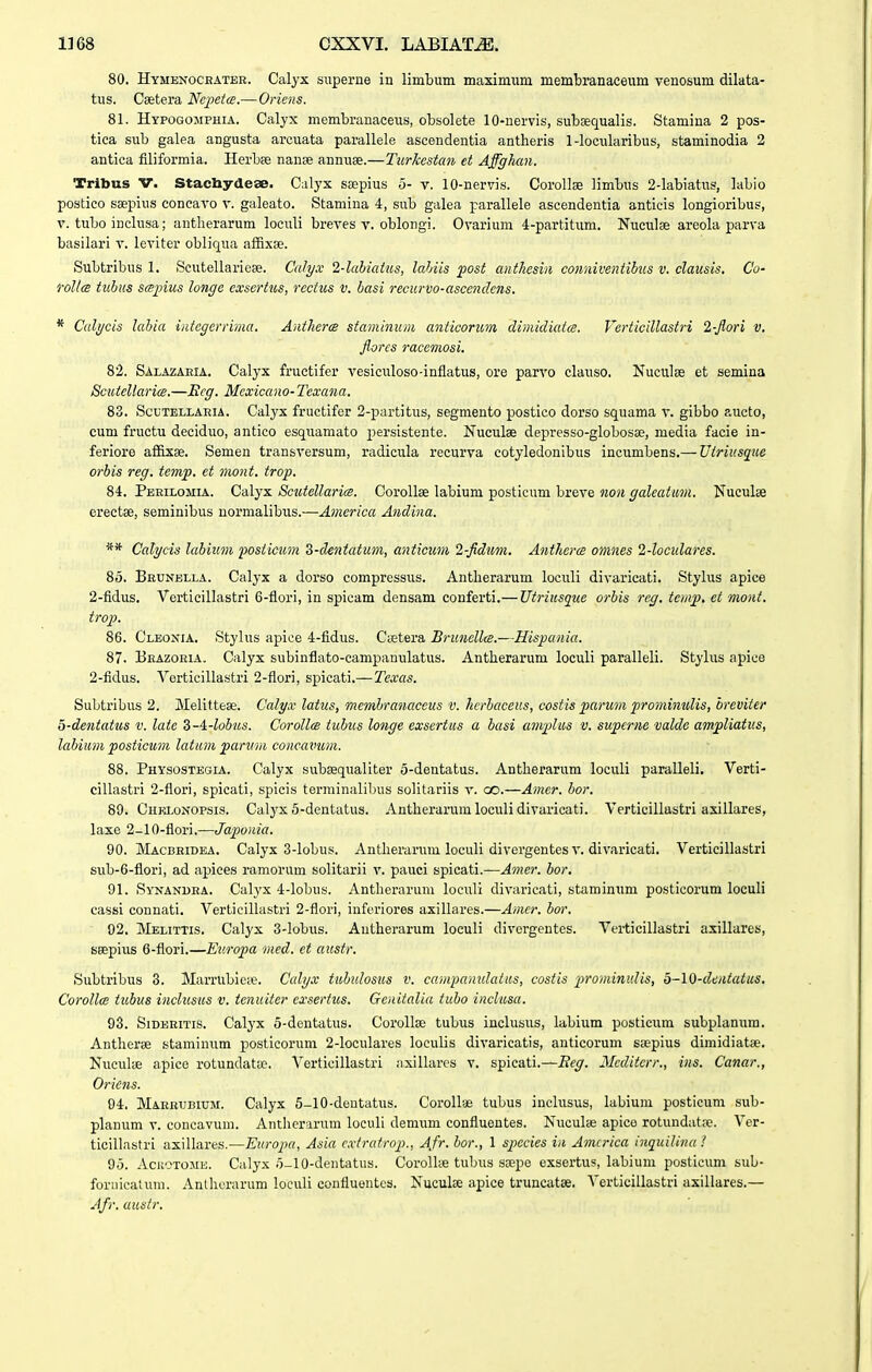 80. Hymenochatbr. Calyx superne in limbum maximiim membranaceum venosum dilata- tus. Csetera Ncpetce.—Oriens. 81. Hypogomphia. Calyx membranaceus, obsolete 10-nervis, subaequalls. Stamina 2 pos- tica sub galea angusta arcuata parallele ascendentia antheris 1-locularibus, staminodia 2 antica filiformia. Herbae nanse annuse.—Turkcstan et Affghan. Tribus V. Stacliydese. Calyx ssepius o- v. 10-nervis. Corollae limbus 2-labiatus, labio postico ssepius conearo v. galeato. Stamina 4, sub galea parallele ascendentia anticis longioribus, V. tubo inclusa; antherarum loculi breves v. oblongi. Ovarium 4-partitum. Nuculse areola parva basilari v. leviter obliqua affixse. Subtribus 1. Seuteliariese. Calyx 2-labiaius, lahiis post antliesin conniventihiis v. clausis. Co- rollce tubus sajnus longe cxsertus, rcctus v. basi recurvo-asccnclcns. * Calycis labia iiiicgcrrima. AntkcrcB staminuin anticoru7n climicliatce. Vcrticillastri 2-flori v. florcs racemosi. 82. Salazaeia. Calyx fructifer vesiculoso-inflatus, ore parvo clauso. NuculiE et semina ScutellaricB.—Ecg. Mcxicano-Tcxana. 83. ScuTELLARiA. Calyx fructifer 2-partitus, segmento postico dorso squama v. gibbo aucto, cum fructu deciduo, antico esquamato persistente. Nuculse depresso-globosse, media facie in- feriore affixae. Semen transversum, radicula recurva cotyledonibus incumbens.— Vtriusque orbis reg. tcmjp. et mont. trop. 84. Peeilomia. Calyx Scutellarice. CoroIIse labium posticum breve 7ion galeatum. Nuculse erectse, seminibus uormalibus.—America Andina. ** Calycis labiutn loosticum Z-dentatum, anticum 2-fidum. Anthera omnes 2-loculares. 85. Brunella. Calyx a dorso compressus. Antherarum loculi divarieati. Stylus apice 2-fidus. Verticillastri 6-flori, in spicam densam conferti.— Utriiisque orbis rcg. temp, et mont. trop. 86. Cleoxia. Stylus apioe 4-fidus. Cietera BruncUce.—Hispania. 87. Bhazoeia. Calyx subinflato-campanulatus. Antherarum loculi paralleli. Stylus apice 2-fidus. Verticillastri 2-flori, spicati.—Texas. Subtribus 2. Melittese. Calyx latus, membranaccus v. herbaccus, costis parum prominulis, breviier 5-deniatus v. laie i-A.-lobus. CorollcB tubus longe exsertus a basi ampilus v. supcrne valdo ampliatus, labium posiicum latum parum concavtim. 88. Physostegia. Calyx subsequaliter 5-dentatus. Antherarum loculi paralleli. Verti- cillastri 2-flori, spicati, spicis terminalibus solitariis v. cc.—Aincr. bor. 89. Chklonopsis. Calj^x 5-dentatus. Aiitherarum loculi divuricati. Verticillastri axillares, laxe 2-10-flori.—Japoiiia. 90. Macbeidea, Calyx 3-Iobus. Antherarura loculi divergentes v. divaricati. Verticillastri sub-6-flori, ad apices ramorum solitarii v. pauci spicati.—Amcr. bor. 91. Synanuea. Calyx 4-lobus. Antherarum loculi divaricati, staminum posticorum loculi cassi connati. Verticillastri 2-flori, infcriores axillares.—Amcr. bor. 92. Melittis. Calyx 3-lobus. Autherarum loculi divcrgentes. Verticillastri axillares, seepius 6-flori.—Europa med. et austr. Subtribus 8. Marrublcie. Ccdyx tubidosus v. campaindalus, costis prominulis, b-lO-dcntatus. Corollce ticbus inclusus v. tenuiier exsertus. Gcuiialia tubo inclusa. 93. SiDERiTis. Calyx o-dentatus. Corollse tubus inclusus, labium posticum subplanura. Antherse staminum posticorum 2-Ioculares loculis divaricatis, anticorum saepius dimidiatse. Nucute apice rotundata?. Verticillastri axillares v. spicati.—Reg. Mcditcrr., ins. Canar., Oricns. 94. Marrubium. Calyx 5-10-dentatus. CoroUse tubus inclusus, labium posticum sub- planum v. concavum. Antherarum loculi demuni confluentes. Nuculse apico rotundat;e. Ver- ticillastri axillart-s.—Europa, Asia cxtratrop., Afr. bor., 1 spccies ia Amirica inquilina f 95. AcitOTOME. Calyx 5-10-deiitatus. Corolhe tubus ssepe exsertus, labiuni postleum sub- foriiicatum. Anlherarum loculi confluentes. Nuculse apice truncatse. Verticillastri axillares.— Afr. uustr.