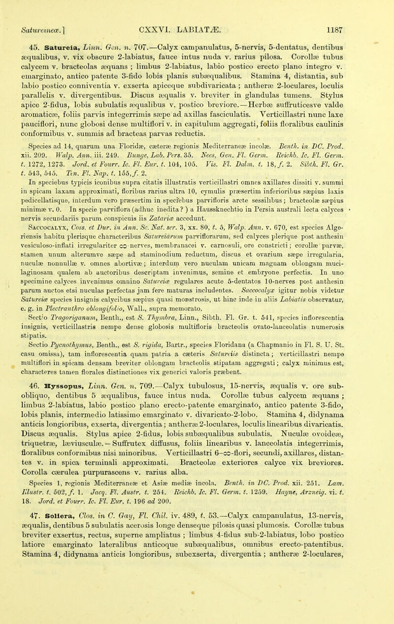 45. Satureia, Linn. Gaii. n. 707.—Calyx campanulatus, 5-nervis, 5-dentatus, dentibus a;qualibu3, v. vix obscure 2-labiatus, fauce intus nuda v. rarius pilosa. CorollEe tubus calycem v. bracteolas aequans ; limbus 2-labiatus, labio postico erecto plano integro v. emarginato, antico patente 3-fi.do lobis planis subsequalibus. Stamina 4, distantia, sub labio postico conniventia v. exserta apiceque subdivaricata ; antherse 2-loculares, loculis parallelis v. divergentibus. Discus ajqualis v. breviter in glandulas tumens. Stylus apice 2-fidus, lobis subulatis aiqualibus v. postico breviore.—Herbse sufiruticesve valde aromaticas, foliis parvis integerrimis ssepe ad axillas fasciculatis. Verticillastri nunc laxe pauciflori, nunc globosi dense multiflori v. in capitulum aggregati, foliis floralibus caulinis conformibus v. summis ad bracteas parvas reductis. Species ad 14, qiiaruni una Floridas, cseteraj regionis Mediterraneffi incolse. Bcnth. in DC. Prod. xii. 209. Walp. Ann. iii. 249. Bunge, Lab. Pirs. 35. Nees, Gen. Fl. Germ. Beickb. Ic. Fl. Germ. t. 1272, 1273. Jord. et Fourr. Ic. Fl. Eur. t. 104, 105. Vis. M. Dalm. t. 18,/. 2. Sibth. Fl. Gr. t. 543, 645. Ttii. Fl. Nap. t. 166,/. 2. In speciebus typicis iconibus supra citatis illustratis verticillastri omnes axillares dissiti v. summi in spicam laxam approxiraati, floribus rarius ultra 10, cymulis prsesertim inferioribus ssepius laxis pedicellatisque, interdum vero prsesertim in speci'ebus parvifloris arcte sessilibus; bracteolae ssepius minimse v. 0. In specie parviflora (adhuo iuedita ? ) a Haussknechtio in Persia australi lecta calyces nervis secundariis parum conspicuis iis Zataria accedunt. Saccocalyx, Coss. et Dur. in Ann. 8c. Nat. ser. 3, xx. 80, t. 5, Walp. Ann. v. 670, est species Alge- riensis habitu plerisque characteribus Satureiarum parviflorarum, sed calyces plerique post anthesin vesiculoso-inflati irregulariter oo-nerves, membranacei v. carnosuli, ore constricti; coroUse parvae, stamen unum alterumve ssepe ad staminodium reductum, discus et ovarium seepe irregularia, nuculae nonnullae v. omnes abortivse; interdum vero nueulam unicam magnam oblongam muci- laginosam qualem ab auctoribus descriptam invenimus, semine et embryone perfectis. In uno specimine calyces invenimus omnino Satureia regulares acute 5-dentatos 10-nerves post anthesin parum auetos etsi nuculas perfectas jam fere maturas includentes. Saccocalyx igitur nobis videtur Satureue species insigiiis calycibus ssepius quasi monstrosis, ut hinc inde in aliis Labiatis observatur, e. g. in Plectranthro oblongifulio, Wall., supra memorato, Sectio Tragoriganum, Benth., est S. Thymbra, Linn., Sibth. FI. Gr. t. 641, species inflorescentia insignis, verticillastris nempe dense globosis multifloris bracteolis ovato-laneeolatis numerosis stipatis. Sectio Pycnothymus, Benth., est S. rigida, Bartr., species Floridana (a Chapmanio in FI. S. U. St. casu omissa), tam infiorescentia quam patria a caeteris Satuniis distincta ; verticillastri nempa multiflori iu spicam densam breviter oblongam bracteolis stipatam aggregati; calyx minimus est, characteres tamen florales distinctiones vix generici valoris prsebent. 46. Syssopus, Linn. Gen. n. 709.—Calyx tubulosus, 15-nervis, fequalis v. ore sub- obliquo, dentibus 5 asqualibus, fauce intus nuda. Corollse tubus calycem sequans ; limbus 2-labiatus, labio postico plano erecto-patente emarginato, antico patente 3-fido, lobis planis, intermedio latissimo emarginato v. divaricato-2-lobo. Stamina 4, didynama anticis longioribus, exserta, divergentia; antherse 2-loculares, loculis linearibus divaricatis. Discus sequalis. Stylus apice 2-fidus, lobis subajqualibus subulatis. Nucula3 ovoidese, triquetrse, lasviusculpe. —SufFrutex diflfusvis, foliis linearibus v. lanceolatis integerrimis, floralibus conformibus nisi minoribus. Verticillastri 6-co-flori, secundi, axillares, distan- tes V. in spica terminali approximati. Bracteolce exteriores calyce vix breviores. Corolla cserulea purpurascens v. rarius alba. Species 1, regionis Mediterraneae et Asiae medise incola. Benth. in DC. Prod. xii. 251. Lam. lllustr. t. 502,/. 1. Jacq. Fl. Austr. t. 254. Eeichb. Ic. Fl. Germ. t. 1259. Hayne, Arzneig. vi. t. 18. Jord. et Fowr. Ic. Fl. Eur. t. 196 ad 200. 47. Sollera, Clos. in C. Gay, Fl. Cliil. iv. 489, i. 53.—Calyx campanulatus, 13-nervis, sequalis, dentibus 5 subulatis acerosis longe denseque pilosis quasi plumosis. Corollse tubus breviter exsertus, rectus, superne ampliatus ; limbus 4-fidus sub-2-labiatus, lobo postico latiore emarginato lateralibus anticoque subaequalibus, omnibus erecto-patentibus. Stamina 4, didynama anticis longioribus, subexserta, divergentia; antherse 2-loculares,