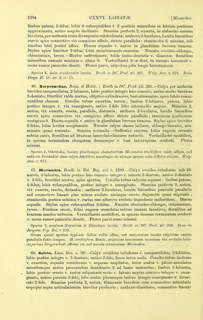 limbns patens, 5-fidiis, lobis 4 subsEqualibus v. 2 posticis minoribus in labium posticum approximatis, antico majore declinato. Stamina perfecta 2, exserta, in alabastro sursum involuta, per anthesin recta divergentia subdeclinata; antlierce 2-loculares, loculis linearibus curvis aj^ice connectivo vix conspicuo affixis, stricte parallelis ; staminodia 2, minima, sub sinubus labii postici affixa. Discus sequalis v. antice in glandulam brevem tumens. Stylus apice breviter 2-fidus, lobis membranaceis cuneatis. Nuculse ovoideo-oblongse, obtusissimfe, Iseves.—Herbpe sufiruticesve, foliis inciso-dentatis v. dissectis, floralibus minoribus siimmis minimis v. plane 0. Verticillastri 2-c)0-flori, in racemo terminali v. secus ramos paniculre dissiti. Flores parvi, calycibus pilis longis hirsutissimis. Speeies 3, Asiae o:cidentalis incolse. Bc.ntli. in DC. Prod. xii. 261. ?r«/p. Ann. v. 676. Boiss. Diagu. Fl. Or. ser. 2, iv. 15. 60. Sorystoecbas, Buiss. et Heldr. ; Bentli inDC. Prod. xii. 261.—Calyx per anthesin breviter campanulatus, 2-labiatus, labio postico intogro lato concavo, antico multo breviore 2-dentato, fructifer valde auctus, elliptico-cylindraceus, basi attenuatus, apice labiis conni- ventibus clausus. Corollas tubus exsertus, tenuis; limbus 2-labiatus, jjatens, labio jDostico integro v. vix emarginato, antico 3-fido lobo intermedio majore. Stamina 2, antica, vix exserta, erecta, parallela, distantia; antherse 2-h)culares, loculis linearibus curvis ax^ice connectivo vix conspicuo affixis stricte parallelis ; staminum posticorum vestigium 0. Discus iiequalis v. antice in glandulam brevem tumens. Styhis apice breviter 2-fidus, lobis leviter complanatis. Nuculse calyce clauso inchisse, oblongo-Hneares, acu- minatiB quasi rostratie. Semina normaUa. —Suflrutex erectus, foliis rugosis crenatis subtus canis, florahbus ad bracteas lanceolato-lineares reductis. Verticilla?tri multiflori, in spicam terminalem elongatam densamque v. basi interruptam conferti. Flores minimi. Species 1, Orientalis, habitu pluribusque characteribus Meriandrce strohiliferm valde aflfinis, sed antherse Ferowskia dum calyce fnictifero nuculisque ab utroque genere satis differre videtur. Walp. Ann. V. 675. 67. IWeriandra, Benth. in B&t. Reg. suh t. 1289.—Calyx ovoideo-tubulosus, sub-10- nervis, 2-labiatus, labio postico lato concavo intcgro v. minute 3-dentato, antico 2-dentato V. 2-fido, fructifer auctus, apice apertus. CoroUai tubus calycem tequans ; limbus patens, 4-fidus, lobis subsequalibus, postico integro v. emarginato. Stamina perfecta 2, antica, vix exserta, erecta, distantia ; antherse 2-loculares, loculis linearibus pendulis parallelis sed connectivo iineari plus minus evoluto utrinque erecto disjunctis quasi stipitatis ; staminodia postica minima v. rarius uno alterove evoluto imperfecte antherifero. Discus sequalis. Stylus apioe subfequaliter 2-fidus. Nuculse obovoideo-oblongie, obtusissimse, Iseves.—Frutices erecti, foliis rugosis crenulatis subtus incanis lanatisve, floralibus ad bracteas sessiles reductis. Verticillastri multiflori, in spicam densam terminalem conferti v. secus ramos paniculse dissiti. Flores parvi nun-c minimi. Species 2, montium Abyssinise et Himalay^e incolse. Bcnth. in DC. Frod. xii, 262. Dcne. in Jacquem. Voy. Bot. t. 139. Genas quoad speciem typieam Scdvia valde afRne, sed antherarum loculis stipitibus ereetis parallelis fultis insigne. M. strohilifera, Benth., stipitibus brevissimis interdum vix evolutis habi- tuque toto Dorystmclmdi affiuior est, sed nuculse obtusissimse Meriandrce. 68, Salvia, Lv)in. Gen, n. 39,—Calyx ovoideus tubulosus v. campanulatus, 2-labiatus, labio postioo integro v. 3-dentato, antico 2-fido, fa^ice intus nuda. CorolliBtubus inclusus V. exsertus, sequalis ventrioosus v. superne ampliatus, intus nudus v. piloso-annulatus interdumque antice processubus dentibusve 2 ad basin instructus ; limbiis 2-labiatus, , labio postico erecto v. rarius subj)atente recto v. falcato sajpius concavo integro v. emar- ginato, antico patente 3-fido, lobo medio plenimque latiore integro emarginato v. divari- cato-2-fido. Stamina perfecta 2, antica, filamentis brevibus cum connectivo articulatis ssepeque supra articulationem brevitcr productis ; anthercTe dimidiatse, connectivo lineari