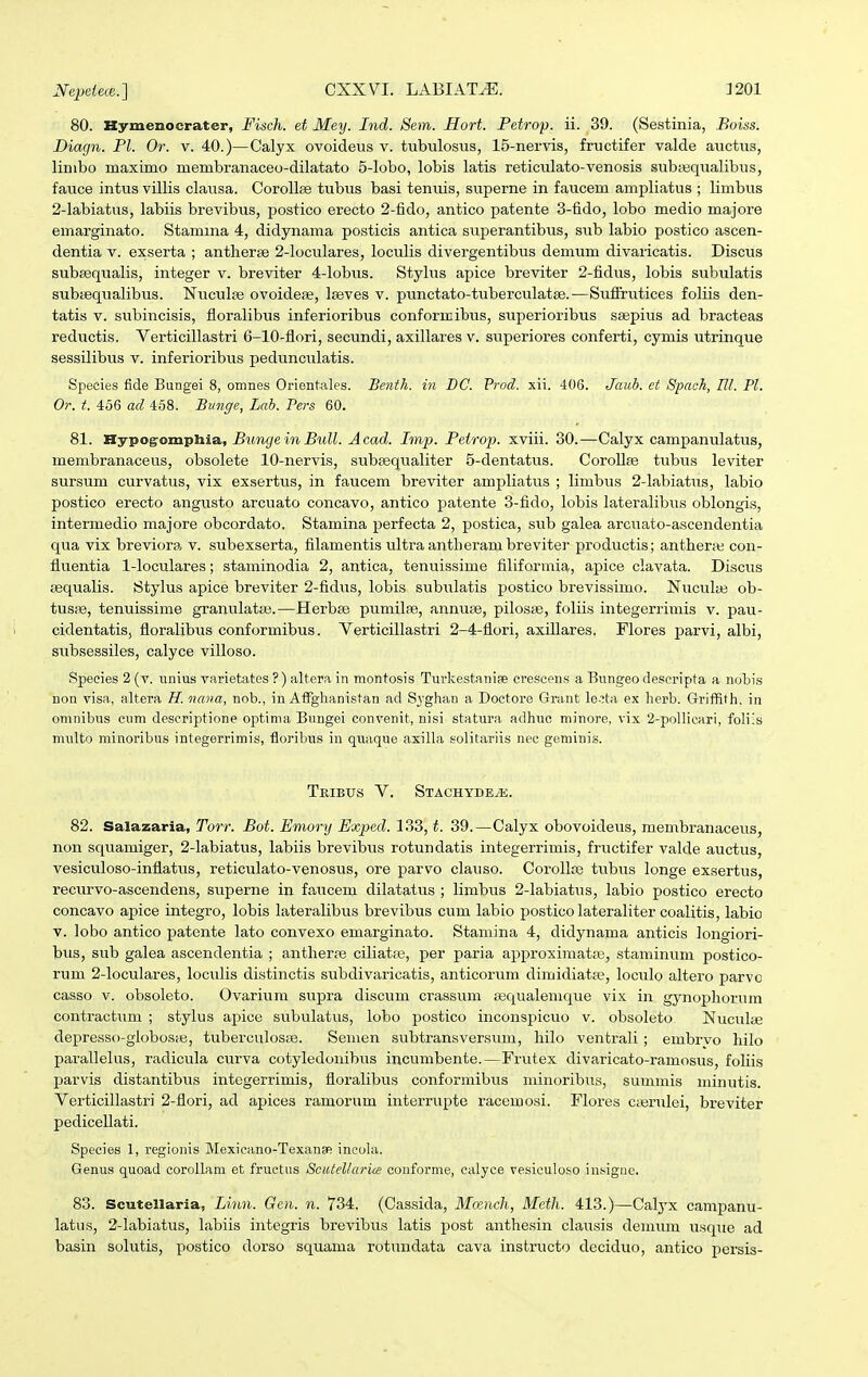 80. Hymenocrater, Fisch. et Mey. Ind. Sem. Hort. Petrop. ii. 39. (Sestinia, .Boiss. Diagn. Pl. Or. v. 40.)—Calyx ovoideus v. tubulosus, 15-nervis, fructifer valde auctus, linibo maximo membranaceo-dilatato 5-lobo, lobis latis reticulato-venosis subajqualibus, fauce intus villis clausa. Corollae tubus basi tenuis, superne in faucem ampliatus ; limbus 2-labiatus, labiis brevibus, postico erecto 2-fido, antico patente 3-fido, lobo medio majore emarginato. Stamma 4, didynama posticis antica superantibiis, sub labio postico ascen- dentia v. exserta ; antherse 2-loculares, loculis divergentibus demum divaricatis. Discus subsequalis, integer v. breviter 4-lobus. Stylus apice breviter 2-fidus, lobis subulatis subiequalibus. Nuculpe ovoidese, Iseves v. pimctato-tuberculatge.—Sufirutices foliis den- tatis V. subincisis, floralibus inferioribus conformibus, superioribus ssepius ad bracteas reductis. Verticillastri 6-10-flori, secundi, axillares v. superiores conferti, cymis utrinque sessilibus v. inferioribus pedunculatis. Species fide Bungei 8, omnes Orientales. Benth. in DC. Vrnd. xii. 406. Jaiib. ct Spach, Rl. Pl. Or. t. 456 ad 458. Bmiffe, Lab. Pers 60. 81. Hypog^ompbia, BungeinBuU. Acad. Imp. Peirop. xviii. 30.—Calyx campanulatus, membranaceus, obsolete 10-nervis, subsequaliter 5-dentatus. Corollse tubus leviter sursum curvatus, vix exsertus, in faucem breviter ampliatus ; limbus 2-labiatus, labio postico erecto angusto arcuato concavo, antico patente 3-fido, lobis lateralibus oblongis, intermedio majore obcordato. Stamina perfecta 2, postica, sub galea arcuato-ascendentia qua vix breviora v. subexserta, filamentis ultraantlierambreviter productis; antherai con- fluentia 1-loculares; staminodia 2, antica, tenuissime filiformia, apice clavata. Discus sequalis. Stylus apice breviter 2-fid\is, lobis subulatis postico brevissimo. Nuculaj ob- tusse, tenuissime granulatte.—Herbse pumilre, anmise, pilosfe, foliis integerrimis v. pau- cidentatis, floralibus conformibus. Verticillastri 2-4-flori, axillares. Flores parvi, albi, subsessiles, calyce villoso. Species 2 (v. imius Tarietates ?) altera in montosis Turkestaniae crescens a Eungeo descripta a notis non visa, altera H. nana, nob., in AtFghanistan ad Svghan a Doctore Grant leota ex herb. GrifRth, in omnibus cum deseriptione optima Bungei convenit, nisi statura adhuc minore, vix 2-pollicari, foliis multo niinoribus integerrimis, floribus in qiiaque axiHa solitariis nec geminis. Teibus V. Stachyde^. 82. Salazaria, Torr. Bot. Emory Exped. 133, t. 39.—Calyx obovoideus, membranaceus, non squamiger, 2-labiatus, labiis brevibus rotundatis integerrimis, fructifer valde auctus, vesiculoso-inflatus, reticulato-venosus, ore parvo clauso. Corollas tubus longe exsertiis, reciu-vo-ascendens, superne in faucem dilatatus ; limbus 2-labiatus, labio postico erecto concavo apice integro, lobis lateralibus brevibus cum labio posticolateraliter coalitis, labio V. lobo antico patente lato convexo emarginato. Stamina 4, didynama anticis longiori- bus, sub galea ascendentia ; antherfe ciliatas, per paria approximatas, staniinum postico- rum 2-loculares, loculis distinctis subdivaricatis, anticorum dimidiatse, loculo altero parvo casso V. obsoleto. Ovarium supra discum crassum iequalemque vix in gynophorum contractum ; stylus apioe subulatus, lobo postico inconsj)icuo v. obsoleto Nuculie depresso-globos.e, tuberculos;e. Semen subtransversum, hilo ventrali; embrvo hilo parallelus, radicula curva cotyledonibus incumbente.—Frutex divaricato-ramosus, foliis parvis distantibus integerrimis, floralibus conformibus minoribus, summis minutis. Verticillastri 2-flori, ad apices ramorum interrupte racemosi. Flores c;erulei, breviter pediceUati. Species 1, regionis Mexicano-Texanse incola. Genus quoad coroUam et fructus Scatellariie conforme, calyce vesiculoso insigne. 83. Scutellaria, Linn. Gen. n. 734. (Cassida, Mcench, Mcth. 413.)—Calj^x campanu- latus, 2-labiatus, labiis integris brevibus latis post anthesin clausis deminii u.sque ad basin solutis, postico dorso squama rotundata cava instructo deciduo, antico persis-