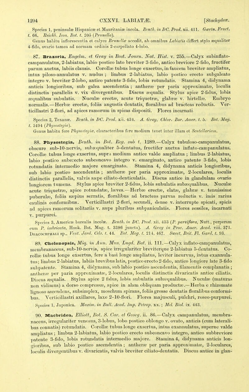 Speeies 1, peninsiilae Hispanicse et Mauritanise incola. Bmth. in BC. Prod. xii. 411. Gartn. Fruct. t. 66. Beichh. Icon. Bot. t. 205 {Prunella). Geniis haljitu inflorescentia et calyce BruncUce accedit, ab omnibus Labiatis differt stylo sequaliter 4-fido, ovario tamen ad nonnam ordinis 2-carpellato 4-lobo. 87. Brazorla, Eiujelm. et Gray in Bost. Joum. Nat. Hist. v. 255.—Calyx subinflato- campanulatus, 2-labiatus, labio postico lato breviter 3-fido, antico breviore 2-fido, fructifer parum auctus, labiis clausis. CoroUfe tubus longe exsertus, in faucem breviter ampliatus, intus piloso-anniilatus v. nudus ; bmbus 2-labiatus, labio postico erecto subgaleato integro v. breviter 2-lobo, antico patente 3-fido, lobis rotundatis. Stamina 4, didynama anticis longioribus, sub galea ascendentia ; antberse per paria approximatre, loculis distinctis parallelis v. vix divergentibus. Disciis sequalis. Stylus apice 2-fidus, lobis jequalibus svibulatis. Nuculae erectfe, acute triquetrse, glabrse v. liirtellje. Embryo normalis.—Herbse erectse, foliis angustis dentatis, floralibus ad bracteas reductis. Yer- ticillastri 2-flori, ad apices ramorum in spicas dispositi. Flores incarnati. Species 2, Texanse. Benth. in BC. Prod. xii. 434. A. Gray, Chlor. Bor. Amer. t. b. Bot. Mag. t. 3494 {Phy.^ostegia). Genus habitu fere Physostcgice, characteribus ft-re medium tenet inter illam et ScutcUariam. 88. Physostegia, Benth. in Bot. Beg. suh t. 1289. — Calyx tubuloso-campanulatus, obscure sub-lO-nervis, subsequaliter 5-dentatus, fructifer auctus inflato-campanidatus. CorollBe tubus longe exsertus, supra medium antice valde ampliatus ; limbus 2-labiatus, labio postico subeiecto subconcavo integro v. emarginato, antico patente 3-fido, lobis rotundatis intermedio majore emarginato. Stamina 4, didynama anticis longioribus, sub labio postico ascendentia ; antherfe per paria approximatas, 2-loculares, loculis distinctis parallelis, valvis srepe ciliato-denticidatis. Discus antice in glandulam ovario longiorem tumens. Stylus apice breviter 2-fidus, lobis svibulatis subrequalibus, Nuculse acute triquetrae, apice rotundataj, Ireves.—Herbae erectfe, elatoj, glabrae v. tenuissime puberiiliB, foliis ssepius serratis, floralibus ad bracteas parvas reductis v. inds rarius caulinis conformibus. Yerticillastri 2-flori, secundi, dense v. interrupte spicati, spicis ad apices ramorum solitariis v. ssepe pluribus siTbpaniculatis. Flores sessiles, incarnati V. purpurei. Specics 3, Americse borealis incolae. Benth. in DC. Prod. xii. 433 (P. parviflora, Nutt., perperam eum P. imhricata, Hook. Bot. Mag. t. 3386 jiuicta). A. Gray in Proc. Amer. Acctd. viii. 371- Di!iCOCF,rHALi sp„ Vc7H. Jard. Ccls. f. 44. Bof. Mag. t. 214, 467. Swcef, Brit. Fl. Gard. t. 93. 89. Chelonopsis, Afi<j'. in Ann. Mns. Liigd. Bat. ii. 111.—Calyx inflato-campanulatus, membranaceus, sub-lO-nervis, apice irregulariter breviterque 2-labiatus 5-dentatus. Co- roUfe tubus longe exsertus, fere a basi longe ampliatus, leviter incurvus, intus exannula- tus; limbus 2-labiatus, labiis brevibus latis, postico erecto 2-fido, antico longiore late 3-fido sxibpatente. Stamina 4, didynama, sub labio postico ascendentia, filameutis complanatis ; antlieriB per paria approximata;, 2-loculares, loculis distinctis divaricatis antice ciliatis. Di.scus seqiialis. Stylus apice 2 fidus, lobis subulatis subrequalibus. Nucidas (matiuvas non vidimvis) a dorso compressaj, apice in alam obliquam producta;.— Herba c rliizomate lignoso ascendens, subsiniplex, moschum sptirans, foliisgrosse dentatis floralibus conformi- biis. Vcrticillastri axillares, laxe 2-10-flori. Flores majusculi, pulcliri, roseo-purpurei. Spccies 1, Japonica. Maxim. in BuU. Acad. Imp. Petrop. xx. ; Mcl. Biol. ix. 443. 90. Bflacbridea, Elliott, Bot. S. Car. et Georg. ii. 86.—Calyx campamdatus, membra- naceus, irregiilariter venosus, 3-lobus, lobo postico oblongo v. ovato, anticis (cum laterali- bus connatis) rotundatis. CoroIIse tubus longe exsertiis, intus exannulatus, superne valde arapliatus ; limbus 2-labiatus, labio postico erecto subconcavo integro, antico subbreviore patente 3-fido, lobis rotundatis intermedio majore. Stamina4, didynama anticis lon- gioribus, sub labio postico ascendentia ; anthera' per paria approxiniatte, 2-loculares, loculis divergentibus v. divaricatis, valvis breviter ciliato-dentatis. Discus antice in glan-