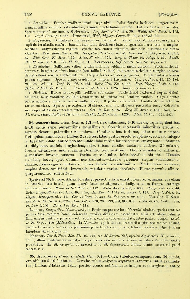 1. Lntcophne. Frutices molliter lanati, ssepe nivei. Folia floralia lierl^acea, iiitegerrima r. crciiata, inflma caulinis subconformia, summa bracteiformia minuta. Calycis dentes subsequales. Species onines Canarienses v. Maderonses. Jacq. Hort. Vind. iii. t. 30. Willd. Hort. Bcrol. t. 105, 106. Eegel, Gartcnfl. t. 456. LeucophaIo, Wchh, Fhyiogr. Canar. iii. 99, t. 168 ad 172. 2. Empedoclea. Suffrutices v. lierbfe peronnes, basi lanati. Verticillastri distantes v. in spicas v. capitula terminalia conferti, bracteis (seu foliis floralibus) latis integerrimis flores sessilcs amplec- tentibus. Calycis dentes aequales. Species fere omnes orientales, duas solae in Hispania v. Sicilia vigentes. Vcnt. Jard. Ccls. t. 98. Nccs, Gen. Pl. Gerra. Eeichh. Icon. Bot. t. 38i; Icon. Exot. t. 67. Bich. Cent. Fl. Euss. t. 39. Sibth. Fl. Gr. t. 550. Bory ct Chauh. Fl. Pelop. t. 21. Lahill. Bec. Pl. Syr. iv. t. 8. Ten. Fl. Nap. t. 51. Empedoclea, Eaf. Caratt. Gen. Sio. 78, ex DC. 3. Eusideritis. Suffrutices villosi v. pilis mollibus sublanati, rarius glabrati. Verticillastri di- stantes v. in spicas conferti, bractois (seu foliis floralibus) latis venoso-roticulatis margine accroso- dentatis flores sessiles amplectentibus. Calycis dentes foquales pungentes. Corolla dentes calycinos parum superans. Species omnes oecidentales imprimis Hispanica?. Cav. Ic. Ear. t. 48, 185, 186, 209, 301 ad 304. Desf. Fl. Atl. t. 125. Boiss. Voy. Esp. t. U6. Brot. Phytogr. Lusit. t. 115. Hoffm. et Link. Fl. Port t. 6. Eeichh. Ic. Fl. Gcrm. t. 1225. Haync, Ar::neig. iv. t. 9. 4. Hesiodia. Herbse annuse, pilis mollibus sublanatae. Verticilhistri laxiusculi ssepius 6-flori, axillares, foliis floralibus caulinis conformibus nisi minoribus, dentibus muticis. Calycis dentes omnes aequales v. posticus cfeteris multo latior, v. 3 postici stibconnati. Corolla dentes calj-cinos rarius excedens. Species per regionem Mediterraneam late dispersae prsesertim tamen Orientales uua usque ad Asiam centralom extensa. Cav. Ic. Ear. t. 187. Jacq. Fl. Austr. t. 434. Nees, Gen. Fl. Germ. {Burgsdorffia et Hesiodia.) Beichh. Ic. Fl. Germ. 1.1226. Sihth. Fl. Gr. t. 551, 552. 94. Marrubium, Linn. Gen. n. 721.—Calyx tubulosus, 5-10-nervis, sequalis, dentibus 5-10 acutis stepe pungentibus requalibus v. alternis accessoriis minoribus erectis v. stepius demum patentibus recurvisve. Corollos tubus inclusus, intus nudus v. imper- fecte piloso-annulatus : limbus 2-labiatus, labio postico erecto subplano v. concavo integi'o V. breviter 2-fido, antico iiatente 3-fido, lobo medio latiore spepius emarginato. Stamina 4, didynama anticis longioribus, intra tiibum corollfe inclusa ; antherte 2-loculares, loculis divaricatis mox v. rarius ab initio confluentibus. Discus Dsqualis v. antice in glandulam brevem tumens. Stylus apice 2-fidus, lobis brevibus obtusis. Nuculse ovoideae, laeves, apice obtuste nec truncatse.—Herbas perennes, srepius tomentosse v. lanatse, foliis rugosis dentatis v. incisis, floralibus conformibus. Verticillastri axillares, ssepius dense multiflori, bracteolis subvilatis rarius obsoletis. Flores parvuli, albi v. purpurascentes, rarius flavi. Species ad 30, Europse, Afrieas borealis et prsesertim Asiee extratropicee incolse, quarum una etiam in America tam borcali quam australi latissime dispersa an indigena an ex Europa transfuga dubium remanet. Benth. in DC.Prod. xii.447. Walp. Ann.ui. 263, v.'688. Bungc, Lah. Pers. 66. Boiss. Diagn. Pl. Or. ser. 2, iv. 49. Jacq. Ic. Ear. t. 109; Fl. Austr. t. 160. Jacq.f. Ecl. t. 64. Hayne, Arzneigew. xi. t. 40. Coss. et Gcrm. in Ann. Sc, Nat. scr. 2, xx. t. 14. Nees, Gen. Fl. Gcrm. Ecichh. Ic. Fl. Germ. t. 1224 ; Icon. Bot. t. 270, 288, 299, 300, 312, 313. Sibth. FL Gr. t. 561. Tcn. Fl. Nap. t. 154. Boiss. Voy. Esp. t. 148. Lagopsis, Bungc, Gen. Molucc. ined., in Prodromo pro sectione Marruhii admissa, species continot paucas Asiee raediae v. boroali-orientalis humilos diiFusas v. ascendcntcs, foliis rotundatis palmati- fidis, calycis dentibus primariis solis evolutis, corDlIse tubo e.xannulato, labio postico integro. Lcdeb. lo. Fl. Boss. t. 150 (Moluccella). In Marruhiis typicis dentes aecessorii seepius nec sempcr adsuut, corollse tubus saepe neesemper phis minusperfectepiloso-annulatus, labium posticum vulgo 2-fidum interdum vix emarginatum. Maeopsis, Pomel, Nouv. Mat. Fl. Atl. 121, est M. deserti, No6, species Algeriensis M. peregrino, Linn , affinis, dentibus tamen calycinis primariis solis cvolutis obtusis, in calyce fructifero auctis patentibus. In M. pcregrino et prsesertim in M. depauperato, Boiss., dentes accessorii pauci tantum v. 0. 95. Acrotome, Benth. in Endl. Gen. 627.—Calyx tubuloso-campanulatus, 10-nervis, ore obliquo 5-10-dentatus. Corollas tubus calycem Eequans v. exsertus, intus exannula-