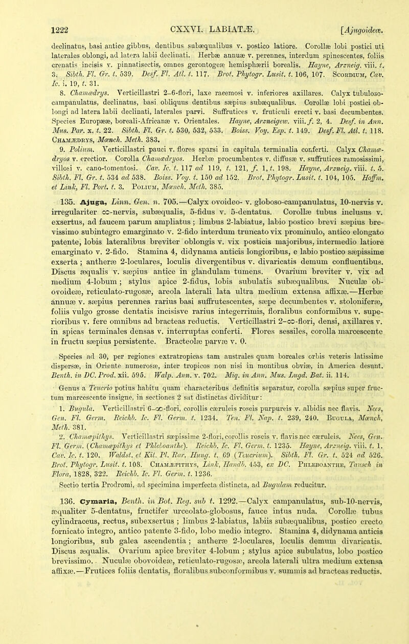 declinatus, basi antice gibbus, dentibus subaequalibus v. postico latiore. CoroUse loLi postici uti laterales oblongi, ad latera labii deeliuati. Herbae annuae v. perennes, interdum spinescentes, foliis creuatis incisis v. pinnatisectis, omnes gerontogefe hemispliserii borealis. Hayne, Arzneig. viii. i. 3. SiUh.Fl. Gr.t.b-i^. Desf. Fl. Atl. t. 111. Brof. Phytoffr. Ltisit. t. 106, \07. Scoedium, Cay. Ic. i. 19, t. 31. 8. Chamcedrys. Verticillastri 2-6-flori, laxe raeemosi v. inferiores axillares. Calyx tubiiloso- campanulatus, declinatus, basi obliquus dentibus ssepius subsequalibus. Corollae lobi postici ob- longi ad latera labii declinati, laterales parvi. SufFrutices v. fruticuli erecti v. basi decumbentes. Species Europsese, boreali-Afrieanae v. Orientales. Hayne, Arzneigew. viii./. 2, 4. Besf.inAnn. Mus. Par. x. t. 22. Bihth. Fl. Gr. t. 530, 532, 533. Boiss. Voy. Esp. t. 149. Besf. Fl. Atl. t. 118. Chamjedeys, Moench. Metk. 383. 9. Polium. Verticillastri pauci v. floros sparsi in capitula terminalia coriferti. Calyx Chama- dryos v. ereetior. Corolla Chamcedryos. Herbae procumbentes v. diffusae v. suffrutices ramosissimi, villosi V. cano-tomentosi. Cav. Ic. t. WJ ad 119, t. 121,/. \,t. 198. Hayne, Arzneig. t. b. Sihth. Fl. Gr. t. 534 ad 538. Boiss. Voy. t. 150 ad 152. Brot. Phytogr. Lusit. t. 104, 105. Hoffm, et Linlc, Fl. Port. t. 3. Polium, Mosnoh. Mdh. 385. 135. Ajugra, Linn. Gen. n. 705.—Calyx ovoideo- v. globoso-cainpanulatus, 10-iiervis v. irregulariter co-nervis, subsequalis, 5-fidus v. 5-dentatus. Corollae tubus inclusus v. exsertus, ad faucem parum ampliatus ; limbus 2-labiatus, labio postico brevi siepius bre- vissimo subintegi-o emarginato v. 2-iido interdum truncato vix prominiilo, antico elongato patente, lobis lateralibiis breviter oblongis v. vix posticis majoribus, intermedio latiore emarginato v. 2-iido. Stamina 4, didynama anticis longioribus, e labio postico seepissime exserta; antherse 2-loculares, loculis divergentibus v. divaricatis demum confluentibus. Discus sequalis v. ssepius antice in glandulam tumens. Ovarium breviter v. vix ad medium 4-lobum; stylus apice 2-fidus, lobis subulatis subfequalibus. Nuculae ob- ovoideae, reticulato-rugosee, areola laterali lata viltra medivim extensa affixse.—Herbse annuse v. siepivis perennes rarius basi sufirutescentes, ssepe decumbentes v. stoloniferae, foliis vulgo grosse dentatis incisisve rarius integerrimis, fioralibus conformibus v. supe- rioribus v. fere omnibus ad bracteas reductis. Verticillastri 2-co-flori, densi, axillares v. in spicas terminales densas v. interruptas conferti. Flores sessiles, corolla marcescente in fructu saepius persistente. Bracteolse parvje v. 0. Speeies ad 30, per regiones extratropieas tam australes quam boreales orbis veteris latissime dispersae, in Oriente numeros», inter tropicos non nisi iu montibus obvise, in America desunt. Benth. in BC. Prod. xii. 595. Walp. Ann. v. 702. Miq. in Ann. Mus. Lugd. Bat. ii. 114. Genus a Teucrio potius habitu quam eharacteribus definitis separatur, corolhi ssepius supor fruc- tum marcescente insigne, in sectiones 2 sat distinetas dividitur: 1. Bugida. VerticiUastri 6-oo-flori, corollis cseruleis roseis purpureis v. albidis nec flavis. Necs, Gcn. Fl. Gcrm. Eeichb. Ic. Fl. Germ. t. 1234. Ten. Fl. Nap. t. 239, 240. Bugula, Mainch, Meth. 381. 2. Chamapithys. Verticillastri ssepissime 2-flori,corollis roscis v. flavis nec eseruleis. Necs, Gcn. Fl. Germ. {Chamapithys ct PhlchoaHthc). Ecichh. Ic. Fl. Germ. t. 1235. Hayne, Arzneig. viii. t. 1. Cav. Ic. t. 120. Waldst. et Kit. Pl. Bar. Hung. t. 69 {Tcucrium). Sibth. Fl. Gr. t. 524 ad 526. Brot. Phytogr. Lusit. t. 108. Chamjepithys, Link, Handb. 463, e.v BC. Phleboanthe, Tausch in Flora, 1828, 322. Beichb. Ic. Fl. Germ. t. 1236. Sectio tertia Prodromi, ad specimina imperfecta distincta, ad Bugulam reducitur. 136. Cymaria, Benth. in Bot. Eeg. suh t. 1292.—Calyx campanulatus, sub-lO-nervis, requaliter 5-dentatus, fructifer urceolato-globosus, fauce intus nuda. Corollfe tubus cylindraceus, rectus, subexsertus ; limbus 2-labiatus, labiis subjequalibus, postico erecto fornicato integro, antico patente 3-fido, lobo medio integro. Stamina 4, didynama anticis longioribus, sub galea ascendentia; antherse 2-loculares, loculis demum divaricatis. Discus sequalis. Ovarium apice breviter 4-lobum ; stylus apice subulatus, lobo postico brevissimo. Nuculre obovoidea;, reticulato-rugosac, areola laterali ultra medium extensa aftixse.—Frutices foliis dcntatis, floralibus subconformibus v. summis ad bracteas reductis.