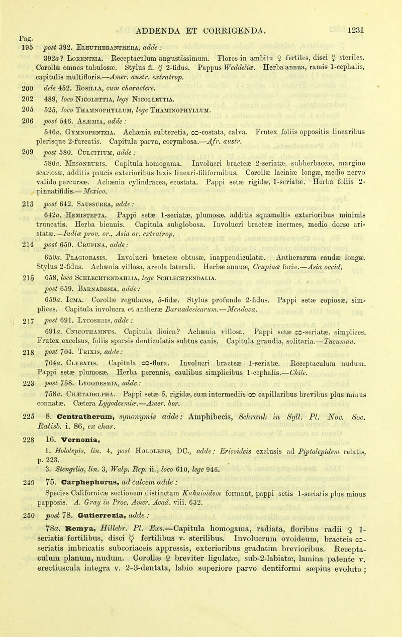 Pag. 195 i^ost 392. Eleuthekanthbka, adde : 392« ? LoBENTZiA. Eeceptacuhim angustissimum. Flores in ambitu 2 fertiles, disci ^ steriles. Corollse omnes tubulosffi. Stylus fl. 5 2-fldus. Va,^^ua Weddelim. Herbaannua, ramis 1-ceplialis, capitulis multifloris.—Amer. austr. extratrop. 200 dele 452. Eosilla, cum charactere. 202 489, loco Nicolettia, lege Nicollettia. 205 525, loco Thajinophtllum, lege THAraNOPHYLLUM. 206 post 646. As^MiA, adde : 546«. Gymnopentzia. Aclisenia suLteretia, co-costata, calva. Frutes foliis oppositis liuearibus plerisque 2-furcatis. Capitula parva, corymbosa.—Afr. austr. 209 post 580. CuLCiTiUM, adde : 580«. Mbsoneuris. Capitula honiogama. Involucri bracteae 2-seriat£e, subherbacese, margine scariosae, additis paucis exterioribus laxis lineari-filiformibus. Corollse laciniae longae, medio nervo valido percursae. Achaenia cylindracea, ecostata. Pappi setse rigidse, l-seriatae, Herba foliis 2- pinnatifldis.—Mexico. 213 Jpost 642. Saussueea, adde: 642«. Hemistbpta. Pappi setse l-seriatae, plumosae, additis squamellis exterioribus minimis truncatis. Herba bieuuis. Capitula subglobosa. luvolucri bracteae inermes, medio dorso ari- statse.—Indiee jn'ov. or., Asia or. e.rtratrop. 214 j>ost &60. CRVpmA, adde: 650«. Plagiobasis. Involucri bractese obtusse, inappendiculatae. Aiitheraruni caudae longae. Stylus 2-fldus. Achaenia villosa, areola laterali. Herbse annuae, Crujiincs facie.—Asia occid. 215 658, loco Schlechtbndahlia, lege Schlechtendalia. 2>ost 659. Baenadesia, adde: 659«. IcMA. Corollse regulares, 5-fid8e. Stylus profunde 2-fidus. Pappi setae copiosse, sim- plices. Capitula involucra et antherae Barnadesicarum.—Mendoza. 217 posi! 691. LYCosEiiis, «c^c/c .■ 691«. Cnicothamnus. Capitula dioica? Achaenia villosa. Pappi setse oo-seriatse, simplices. Frutex excelsus, fuliis sparsis denticulatis subtus canis. Capitula grandia, solitaria.—Tucuman. 218 V^st 704. Trixis, adde: 704«. Clybatis. Capitula co-flora. luvolucri bracteae l-seriatse. Eeceptaculura nudum. Pappi setae plumosse. Herba perennis, caidibus simplicibus 1-cephaIis.—Chilc. 223 fost 758. Lygodesmia, addc: 758«. Ch^tadelpha. Pappi setse 5, rigidfe, cum intermediis oo capillaribus brevibus plus minus connatse. Caetera lA/godesmi<B.—Amer. bor. 225 8. Centratberum, synonymis adde: Aiupliibecis, Schrank in Syll. Pl. Nov. Soc. Batish. i. 86, ex char. 228 16. Vernonia, 1. Hololepis, lin. 4, post Hololepis, DC, ccddc: Ericoideis exclusis ad Piptolepidem relatis, p. 223. 3. Stengelia, lin. 3, Walp. Bep. ii., loco 610, lege 946, 249 75. Carpbepborus, ad calcem adde : Species Californicse sectionem distinctam Kuhnioidem formant, pappi setis l-seriatis plus miuus papposis. A. Gray in Proc. Ainer. Acad. viii. 632. 260 post 78. Gutlerrezla, adde : 78a. Remya, Hillebr. Pl. Exs.—Capitula homogama, radiata, floribus radii 5 1- seriatis fertilibus, disci ^ fertilibus v. sterilibus. Involucrum ovoideum, bractei.s co- seriatis imbricatis subcoriaceis appressis, exterioribus gradatim brevioribus. Recepta- culum planum, nudum. CoroUse J breviter ligulatse, sub-2-labiatse, lamina patente v. erectiviscula integra v. 2-3-dentata, labio superiore parvo dentiformi ssepius evoluto;