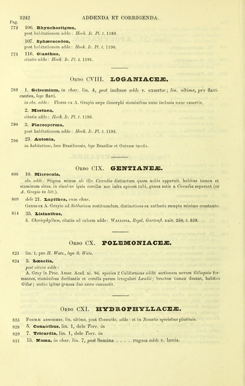 Pag. 772 106. Rhyncliostigrma, post haldtationem adde : HooTc. lc. Pl. t. 1189. 107. Spbeerocodon, post habitationem adde: Hook. Ic. Pl. t. 1190. 775 116. Olantlius, citatis adde: Hook. lc. Pl. t. 1191. Ordo CVIIL Z.OGANIACi:^. 789 1. Gelsemium, in char. lin. 4, post inclusse adde v. exsertte ; lin. nltima, pro flavi- cantes, lege flavi. inohs. adde: Flores cx A. Grayio saepe dimorphi staminibus nunc inclusis nunc exsertis. 2. mostuea, citatis adde: Hook. Ic. Pl. t. 1196. 790 3. Plocosperma, post habitatiouem adde : Hook. Ic. Pl. t. 1195. ygg 23. Antonia, in habitationc, loco Brasiliensis, legc Brasilise et Guianae incola. Ordo cix. gentianeji:. 806 10. niicrocala, ohs. adde: Stigma minus ab illo Cicendia distinctum quam nobis apparuit, habitus tamen et staminum situs, in sinulius ipsis corollae nec infra apicem tubi, genus satis a Cicendia separant (ex A. Grayio in litt.). 809 dele 21. Kapitbea, ciim char. Genus ex A. Grayio ad Sabhatiam restituendum, distinctione ex antheris surapta minime constante. 814 35. z,islantbus, 3. Choriophyllum, citatis ad calcem adde: Wallisia, Bcgel, Gartenjl. xxiv. 230, t. 839. Ordo cx. foz.i:moniaci:^. 823 lin. 1, pro H. Wats., lege 8. Wats. 824 5. Koeselia, post citata adde : A. Gray in Proe. Amer. Acad. xi. 86, species 2 Californicas addit sectionem novam Giliopsin for- mantes, staminibus declinatis et coroUa parum irregulari Lcesclii; bracteae tamen desunt, habitus Gilice ; sectio igitur gpnera duo arcte eonnectit. Ordo cxi. hysrofixvx.x.aci:^. 825 Form:.s; abnoemes, lin. uUima, post Conantho, adde : et in Nematis speciebus plurimis. 828 Conanthus, lin. 1, dele Torr. in 829 7. Trieardia, lin. 1, dele Torr. in 831 15. Vta,ma,, in char. lin. 7, ^osf Seniina .... rugosa adcZe v. Isevia.